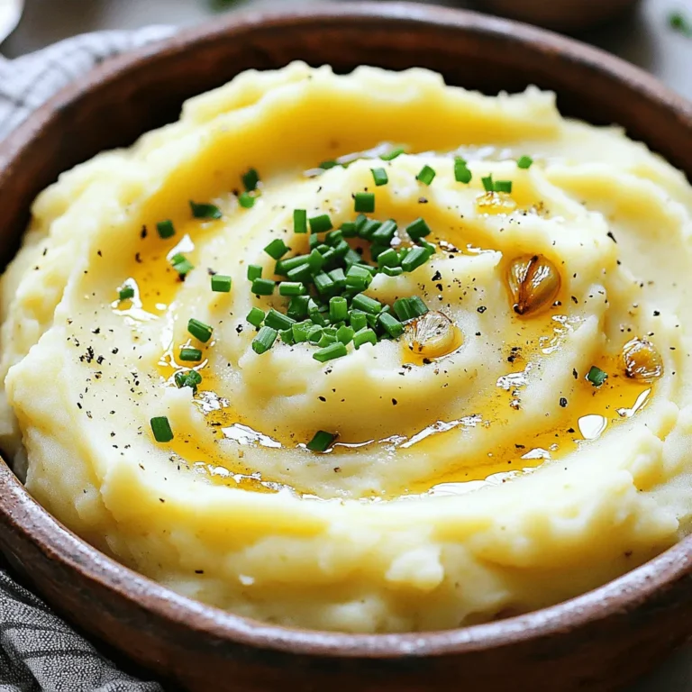 To make your Roasted Garlic Mashed Potatoes, gather these ingredients: - 2 pounds russet potatoes, peeled and cubed - 1 head of garlic - 4 tablespoons unsalted butter - 1/2 cup heavy cream - 1/2 cup sour cream - Salt and pepper to taste - Fresh chives, chopped (for garnish) The type of potato you use matters a lot. Russet potatoes are best. They are starchy and create a fluffy texture. Butter should be unsalted for better control over the flavor. Heavy cream adds rich taste, while sour cream gives a nice tang. Fresh chives brighten up the dish. Always use fresh ingredients for the best flavor. You can make a few swaps if needed. For a lighter option, use low-fat milk instead of heavy cream. If you want a dairy-free version, try using almond or coconut milk and vegan butter. For sour cream, use a dairy-free yogurt. These changes keep the taste nice while meeting your needs. To make Roasted Garlic Mashed Potatoes, follow simple steps. Start by preheating your oven to 400°F (200°C). This ensures your garlic roasts just right. Then, slice the top off the head of garlic. Drizzle it with a little olive oil. Wrap the garlic in aluminum foil and place it in the oven for about 30-35 minutes. While the garlic roasts, it’s time to prepare the potatoes. Take 2 pounds of russet potatoes, peel them, and cut them into cubes. Place the cubed potatoes in a large pot and cover them with cold water. Add a generous pinch of salt to the water. Bring it to a boil over medium-high heat. Cook the potatoes for 15-20 minutes. Check if they are tender by piercing them with a fork. After cooking, drain the potatoes and return them to the pot. Once the garlic is done, squeeze the roasted cloves into the pot with the potatoes. This adds a sweet and rich flavor. Add 4 tablespoons of butter, 1/2 cup of heavy cream, and 1/2 cup of sour cream. Now, it's time to mash! Use a potato masher or a hand mixer to combine everything. Mash until the mixture is smooth and creamy. Season generously with salt and pepper, mixing well for a tasty finish. Roasting garlic is easy and brings out its sweet flavor. Start by slicing off the top of the garlic head. Drizzle a bit of olive oil over it. Wrap it tightly in aluminum foil. This helps keep the garlic moist while it roasts. Place it in the preheated oven. In about 30-35 minutes, your garlic will be soft and caramelized. Let it cool slightly before handling. The cloves will squeeze out easily from their skins. This roasted garlic will give your mashed potatoes a unique taste. Cooking the potatoes correctly is important. After peeling and cubing, place them in a pot with cold water. Cold water helps them cook evenly. Remember to add salt to the water for flavor. Bring to a boil and cook until tender. You know they’re done when a fork goes through easily. Drain the potatoes and return them to the pot. This step makes sure any extra water evaporates. Adding the roasted garlic, butter, cream, and sour cream next will create a rich texture. Mash everything together until smooth. Now your Roasted Garlic Mashed Potatoes are ready to enjoy! For the full recipe, check the details above. Many home cooks make simple mistakes. One common error is overcooking the potatoes. If they are too soft, the texture suffers. Another mistake is not draining the water well. Excess water leads to runny mashed potatoes. Lastly, avoid using cold butter or cream. They should be warm for a smooth mix. To get creamy mashed potatoes, use the right technique. First, mash the potatoes while they are still hot. This helps break down the starches. Next, add your warm butter and cream slowly. Mix gently to keep the air in. You can use a potato masher or a hand mixer. Just don’t over-mix, or they will turn gummy. For extra flavor, roasted garlic is key. It adds a rich, sweet taste. You can also try adding cheese, like sharp cheddar or Parmesan. Fresh herbs, such as chives or parsley, give a fresh kick. Always taste as you go. Adjust salt and pepper to your liking. This makes a big difference in the final dish. For the full recipe, check the details above. {{image_2}} You can tweak the recipe for roasted garlic mashed potatoes to suit your taste. Adding cheese can make them richer. Try sharp cheddar or creamy goat cheese. Fresh herbs also add a bright flavor. Consider using rosemary, thyme, or parsley. If you like a kick, try adding crushed red pepper flakes or smoked paprika. These small changes can elevate your dish into something special. You can cook mashed potatoes in different ways. For a slow cooker, peel and cube the potatoes. Place them in the slow cooker with the garlic, butter, and cream. Cook on low for 6-8 hours or high for 3-4 hours. For an Instant Pot, place the potatoes and garlic in the pot with water. Cook on high pressure for 10-12 minutes. This method saves time and gives you soft potatoes quickly. You can make roasted garlic mashed potatoes vegan. Instead of butter, use olive oil or vegan butter. For cream, try coconut milk or almond milk. Nutritional yeast can add a cheesy flavor without dairy. These swaps let anyone enjoy this creamy comfort dish, no matter their dietary needs. To store your roasted garlic mashed potatoes, let them cool first. Place them in an airtight container. This keeps them fresh. You can store them in the fridge for up to three days. Make sure to label the container with the date. When you are ready to eat your leftovers, take them out of the fridge. Place the mashed potatoes in a pot over low heat. Add a splash of milk or cream to help them regain creaminess. Stir frequently to avoid burning. You can also use a microwave. Heat in short bursts, stirring in between. This helps keep them moist. You can freeze roasted garlic mashed potatoes if you want to save some for later. Use a freezer-safe container and leave some space for expansion. They can stay frozen for up to two months. To reheat, thaw overnight in the fridge. Then use the stovetop or microwave as described above. For the best taste, try to eat them within a month. You can use a fork or a hand mixer. A fork can break down the potatoes. It takes more time and effort but works well. A hand mixer makes creamy potatoes quickly. Just be careful not to overmix. This can make them gluey. Both methods can yield great results. Yes, you can use pre-packaged garlic or garlic powder. They save time and work well. However, fresh roasted garlic gives a richer flavor. If using powder, start with one teaspoon. You can always add more if needed. Adjust to your taste for the best flavor. The best potatoes for mashed potatoes are russet or Yukon Gold. Russets are starchy and make light, fluffy mash. Yukon Golds are creamy and have a buttery flavor. Both types work well for this dish. Choose what you like best for your mashed potatoes. You can find the full recipe in the article above. We covered everything you need for Roasted Garlic Mashed Potatoes. You learned about key ingredients, cooking steps, and tips for creamy results. We also explored tasty variations and how to store leftovers. Remember, quality is key for great flavor. Avoid common mistakes, and don't hesitate to try new flavors. With these tips, you can make delicious mashed potatoes every time. Enjoy the cooking process and savor your tasty creation!