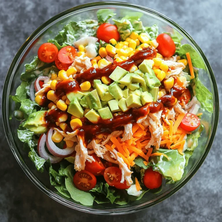 When making BBQ Ranch Chicken Salad, you need fresh and tasty ingredients. Here’s a list of what you will use: - Cooked Chicken - Mixed Greens - Cherry Tomatoes - Corn Kernels - Red Bell Pepper - Red Onion - Avocado - Cheddar Cheese - BBQ Sauce - Ranch Dressing - Olive Oil - Salt and Pepper Each ingredient adds flavor and texture. The cooked chicken gives protein, while mixed greens provide crunch. Cherry tomatoes add sweetness, and corn kernels bring a pop of flavor. The red bell pepper adds a nice color and crunch. Don’t forget the red onion; it gives a nice bite. The avocado adds creaminess, and cheddar cheese gives a rich taste. BBQ sauce adds a smoky flavor, while ranch dressing ties everything together. A drizzle of olive oil makes it all shine. This salad is not only colorful but also packed with nutrients. You can find the full recipe to create this delicious meal. How to Prepare Chicken with BBQ Sauce First, take your cooked chicken. I like using shredded chicken for this salad. Place the chicken in a large bowl. Now, add the BBQ sauce. Mix them together well. Make sure each piece of chicken is coated in the sauce. This adds flavor and moisture to the salad. Layering the Salad Ingredients Next, grab a large serving bowl. Start by adding your mixed greens as the base. I prefer a mix of spinach, arugula, and romaine for a nice crunch. Then, layer the cherry tomatoes, corn, diced red bell pepper, and thinly sliced red onion on top of the greens. Each layer adds color and texture, making it visually appealing. Adding the Dressings Now, take your BBQ chicken mixture and place it over the veggies. Then, sprinkle the diced avocado and cheddar cheese on top. These add creaminess and richness to the dish. Finally, drizzle ranch dressing all over the salad. A light drizzle of olive oil enhances the flavors. Season with salt and pepper to taste. You can toss the salad gently to mix everything or keep it layered for a pretty presentation. Follow the Full Recipe for a detailed guide. Choosing the Right Greens I love using mixed greens in my BBQ Ranch Chicken Salad. You can use spinach, arugula, or romaine. Each green adds a unique taste. Spinach gives a mild flavor. Arugula adds peppery notes, while romaine offers a nice crunch. Choose greens that you enjoy! How to Prevent Soggy Greens To avoid soggy greens, dry them well after washing. You can use a salad spinner or paper towels. This step keeps your salad crisp. Mix the dressing just before serving. This way, the greens stay fresh and crunchy. Nobody likes a wet salad! Balancing Flavors with Dressings Finding the right balance is key. The BBQ sauce adds sweetness, while ranch dressing brings creaminess. Adjust the amount of each to suit your taste. If you want a tangy kick, add a splash of vinegar. You can also mix in some lime juice for a fresh twist. For more details on making this salad, check out the Full Recipe. {{image_2}} You can make your BBQ Ranch Chicken Salad even better by adding fun twists. Here are some ideas to make it your own. - Adding Fruits like Pineapple Pineapple brings a sweet touch to your salad. It adds a juicy burst that pairs well with BBQ flavors. Cut fresh pineapple into small pieces and mix it in with the greens. You can also use canned pineapple if fresh isn’t handy. - Incorporating Beans for Extra Protein Beans are a great way to boost protein in your salad. Try black beans or chickpeas. They add texture and flavor, making the salad heartier. Rinse the beans well before adding them. About a cup should do the trick. - Alternative Dressings to Try If ranch isn’t your thing, switch it up! You can use yogurt-based dressings for a lighter feel. A honey mustard dressing also works well. Just make sure to balance the sweetness with the BBQ sauce. Experiment to find your favorite combo! Explore these variations to create your perfect BBQ Ranch Chicken Salad. For the complete recipe, check out the [Full Recipe]. Storing Leftovers After you enjoy your BBQ Ranch Chicken Salad, store the leftovers right away. This keeps it fresh. Use a clean container to hold the salad. If you can, separate the dressing. This helps keep the greens crisp. Best Containers for Salad I recommend using airtight containers. These help prevent air from getting in. Glass containers work well, but plastic ones are fine, too. Make sure the lid seals tightly. This way, your salad stays fresh longer. How Long the Salad Lasts When stored properly, your salad lasts about three days in the fridge. After that, the greens may wilt. The flavors can change, too. If you notice any bad smells or colors, throw it out. Always trust your senses. For the best taste, enjoy your BBQ Ranch Chicken Salad within those three days. Can I make this salad in advance? Yes, you can make this salad in advance. Just keep the dressing separate. This helps keep the greens fresh and crisp. When ready to serve, mix it all together. What can I substitute for ranch dressing? You have many options. Try Greek yogurt mixed with herbs. A vinaigrette also works well. For a spicy kick, use a chipotle dressing. Each option gives a unique twist. Is BBQ Ranch Chicken Salad healthy? This salad offers a good balance of protein and veggies. Chicken provides lean protein, while mixed greens and veggies add fiber. Just watch the dressing portions to keep it healthier. How can I make this recipe vegetarian? To make this salad vegetarian, skip the chicken. Use grilled veggies or chickpeas instead. Add more beans for protein. You can also use a plant-based BBQ sauce. It's easy to enjoy this salad without meat! This blog post covered all the key points for a BBQ Ranch Chicken Salad. You learned about the fresh ingredients, how to prepare them, and the right dressings to use. I shared tips to enhance your salad and make it just right. You also found ways to customize your dish for variety and learned how to store it properly. Try making this salad your own. Your taste buds will thank you! Enjoy your cooking adventure.