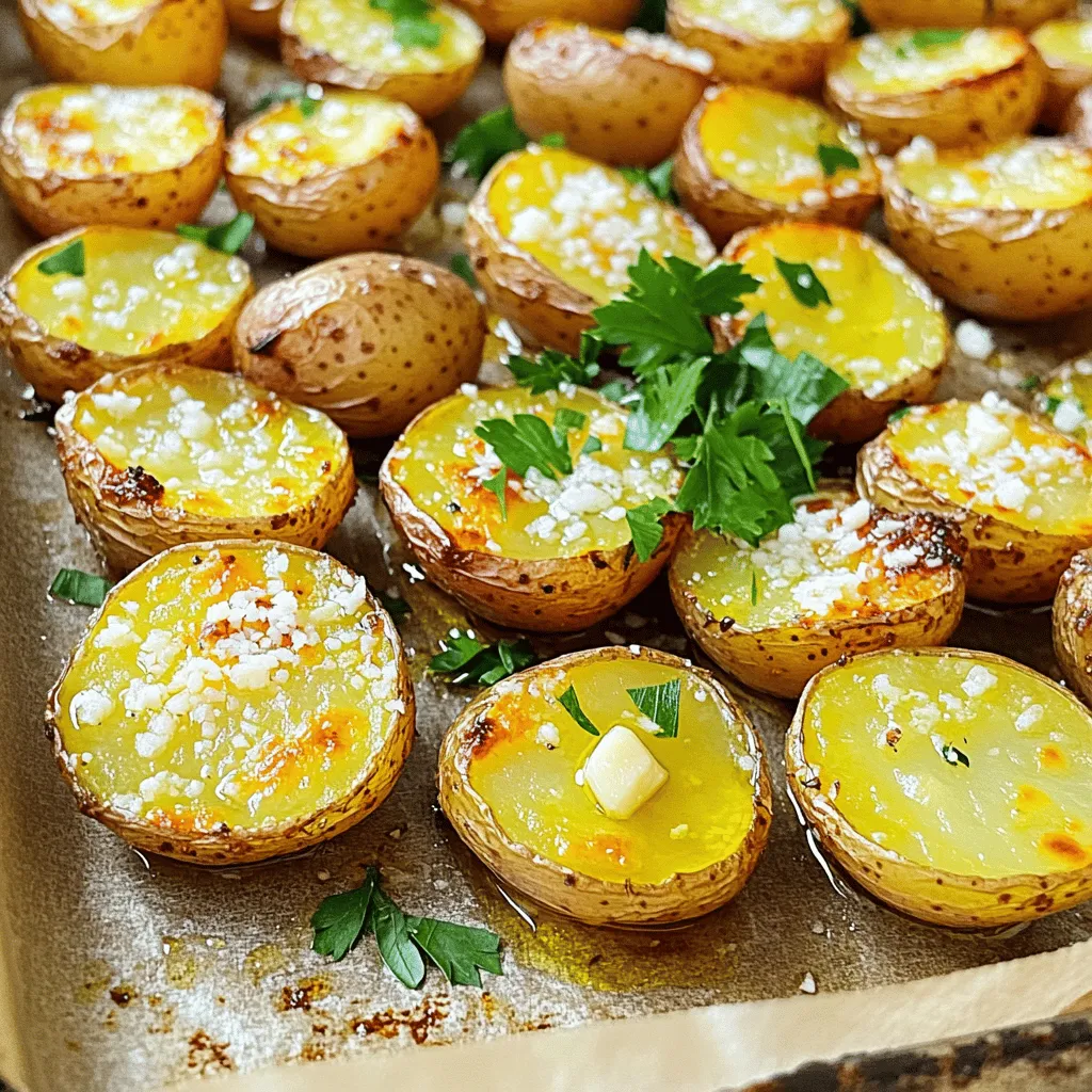 Here are the simple ingredients you need for Garlic Parmesan Roasted Potatoes: - 2 pounds baby potatoes, halved - 4 tablespoons olive oil - 4 cloves garlic, minced - 1 teaspoon dried thyme - 1 teaspoon dried rosemary - ½ cup grated Parmesan cheese - Salt and pepper to taste - Fresh parsley, chopped (for garnish) These ingredients come together to create a dish that is both tasty and easy. The baby potatoes give a creamy inside, while the olive oil helps them crisp up. Garlic adds a rich flavor, and the herbs bring a fresh touch. Parmesan cheese melts on top, creating a savory crust. Lastly, parsley brightens the dish with color and taste. You can find the Full Recipe at the end. Enjoy cooking! First, preheat your oven to 425°F (220°C). This step is key for crisp potatoes. Next, prepare your baking sheet by lining it with parchment paper. This makes cleanup easy and ensures even roasting. In a large bowl, combine 2 pounds of halved baby potatoes with 4 tablespoons of olive oil. Then, add 4 cloves of minced garlic, 1 teaspoon of dried thyme, and 1 teaspoon of dried rosemary. Sprinkle in salt and pepper to taste. Toss everything well until the potatoes are coated in the mixture. This helps the flavors blend. Spread the coated potatoes on the baking sheet in a single layer. This allows hot air to circulate. Roast them in the oven for 25 minutes. After this time, take the baking sheet out. Sprinkle ½ cup of grated Parmesan cheese over the potatoes. Toss lightly to coat them well with the cheese. Return the baking sheet to the oven and roast for an additional 10-15 minutes. This final roasting makes the potatoes golden brown and crispy. Once done, let them cool slightly and garnish with fresh parsley before serving. For a complete guide, check out the Full Recipe. For roasting, I love using baby potatoes. They cook evenly and have great flavor. You can also use Yukon Gold or red potatoes. These types have a creamy texture and hold up well when roasted. Avoid starchy potatoes like Russets. They tend to break apart and don't get as crispy. To ensure even cooking, spread the potatoes out on the baking sheet. Give them space; this helps the hot air flow around each potato. If they are too close, they will steam instead of roast. Use a large baking sheet if needed, so they can roast perfectly. To achieve that perfect crispiness, first coat the potatoes well with olive oil. This helps them brown nicely. After the first roasting phase, sprinkle on the Parmesan cheese. This adds a crunchy layer. For extra crunch, roast them until golden brown, checking often to avoid burning. {{image_2}} You can change the taste of garlic Parmesan roasted potatoes easily. Try adding different cheeses like cheddar or feta for a twist. Each cheese brings unique flavors. You can also mix in spices. Paprika adds a nice kick, while Italian seasoning gives a warm touch. Experiment with flavors that you love! You have a choice between air frying and roasting. Air frying gives you crisp potatoes in less time. It uses hot air, making them crunchy without much oil. Roasting, on the other hand, creates a nice golden color and rich flavor. If you want softer potatoes, boil them for a few minutes before roasting. This gives you a fluffy inside with a crispy outside. For a vegan version, substitute cheese with nutritional yeast. It has a similar cheesy flavor and is packed with nutrients. Just sprinkle it on top of the potatoes before roasting. This option works well for those who avoid dairy but still want that tasty, cheesy essence. For the full recipe, check out [Full Recipe]. Store any leftover garlic Parmesan roasted potatoes in an airtight container. This keeps them fresh. Make sure to cool them to room temperature first. Place them in the fridge for up to three days. If you want to enjoy them later, don’t forget to label your container with the date. To reheat, use an oven for the best results. Preheat your oven to 375°F (190°C). Spread the potatoes on a baking sheet. Heat them for about 10-15 minutes. This method helps maintain their crispy texture. You can also use an air fryer if you want them crispy in a hurry. Just heat them for about 5-7 minutes. You can freeze leftover roasted potatoes. Allow them to cool completely first. Place them in a freezer-safe bag. Press out as much air as possible and seal it tightly. They can last up to three months in the freezer. When you’re ready to eat, thaw them in the fridge overnight. Reheat them in the oven for the best taste. Enjoy your garlic Parmesan roasted potatoes again! Roasting garlic Parmesan potatoes takes about 35 to 40 minutes. You should roast them for 25 minutes first. Then, add the Parmesan and roast for another 10 to 15 minutes. This cooking time gives the potatoes a nice golden color and a crispy texture. Keep an eye on them during the last few minutes. Oven temperatures can vary, so adjust as needed. Yes, you can use other herbs if you like. Fresh or dried herbs can add different flavors. For example, you might try basil, oregano, or parsley. Each herb will change the taste a bit. Just keep the amounts similar to the thyme and rosemary in the recipe. Feel free to mix and match to find your favorite blend. Garlic Parmesan roasted potatoes pair well with many dishes. They make a great side for roasted chicken or grilled steak. You can also serve them with fish or a fresh salad. Try them alongside roasted veggies for a colorful plate. The potatoes add a tasty crunch to any meal. Enjoy experimenting with different pairings! This blog post explored the ingredients and steps for making Garlic Parmesan Roasted Potatoes. We covered key ingredients, preparation tips, and methods for achieving crispiness. Variations let you customize flavors and cooking styles. Remember to store and reheat leftovers correctly for the best taste. Whether you enjoy them as a side dish or a snack, these potatoes are sure to impress. Try this recipe, and you may discover your new favorite dish! Happy cooking!