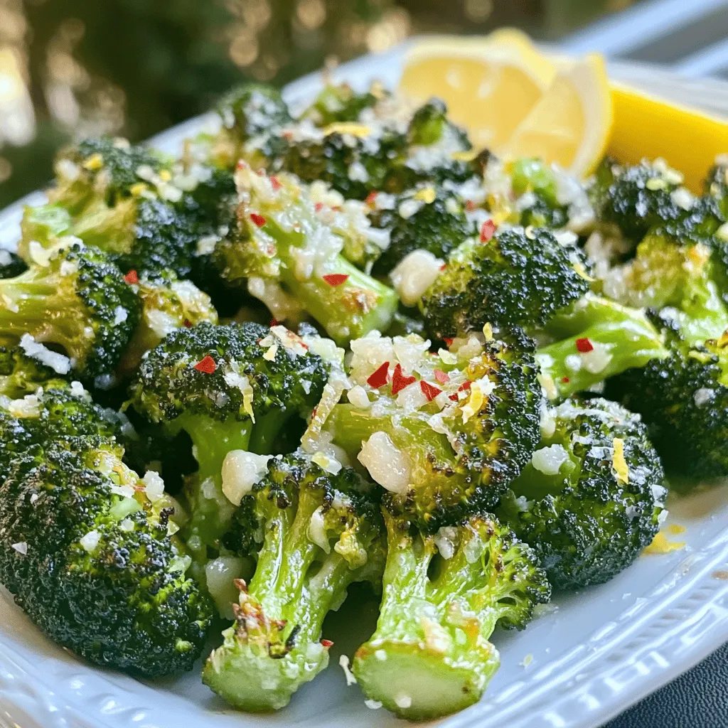 To make Lemon Garlic Roasted Broccoli, you will need simple and fresh ingredients. Here’s what you need: - 1 large head of broccoli, cut into florets - 3 tablespoons olive oil - 4 cloves garlic, minced - Zest of 1 lemon - Juice of 1 lemon - 1 teaspoon red pepper flakes (optional) - Salt and pepper to taste - 2 tablespoons grated Parmesan cheese (optional) - Fresh lemon wedges for garnish These ingredients create a bright and tasty side dish. Broccoli is the star here, but garlic and lemon give it a lively flavor. Olive oil helps roast the broccoli evenly. The red pepper flakes add a nice kick, but you can leave them out if you want a milder dish. Parmesan is a great finishing touch, giving a savory note. Don't forget the lemon wedges for a fresh zing! For the full recipe, check out Zesty Garlic Lemon Broccoli Delight 🥦. - Preheat your oven to 425°F (220°C). This high heat helps the broccoli roast well. - Cut the large head of broccoli into small florets. This size helps them cook evenly. - In a large bowl, mix the broccoli florets with 3 tablespoons of olive oil. - Add 4 cloves of minced garlic, the zest of 1 lemon, and the juice of 1 lemon. - If you want some heat, toss in 1 teaspoon of red pepper flakes. - Season with salt and pepper to taste. Mix everything well so each piece gets coated. - Spread the seasoned broccoli evenly on a baking sheet. Make sure they are in a single layer. - Roast in the oven for 20-25 minutes. Toss the broccoli halfway through. This step ensures even roasting. - You can find the full recipe for Zesty Garlic Lemon Broccoli Delight 🥦 here. To get crispy edges on your roasted broccoli, it's key to spread the florets out. When you place them in a single layer, the heat circulates better. This prevents steaming and helps create that nice, crunchy texture. Toss the broccoli halfway through roasting to ensure even cooking. This will also help achieve that perfect golden brown color. You can boost the flavor by adding other veggies. Try bell peppers, carrots, or Brussels sprouts. Mixing different colors makes the dish pop! For seasoning, consider using smoked paprika or Italian herbs. These can add a fun twist to the lemon and garlic flavors. When serving, arrange the broccoli nicely on a platter. Add some lemon wedges for a bright touch. Drizzle a bit of olive oil over the top for shine. This dish pairs well with grilled chicken, fish, or even quinoa. The lemon garlic flavor complements many proteins and grains, making it a versatile side. For the complete experience, check out the Full Recipe for Zesty Garlic Lemon Broccoli Delight. {{image_2}} You can change up the oils and vinegars in this recipe. For instance, swap olive oil for avocado oil for a different taste. Try adding balsamic vinegar instead of lemon juice for a sweet twist. Cheese lovers can mix and match too. If you want a dairy-free option, use nutritional yeast instead of Parmesan. You can also add feta for a tangy flavor boost. If you want to make this dish vegan, skip the Parmesan. The recipe is still full of flavor without it. Use more lemon juice or add a splash of soy sauce for a savory kick. For gluten-free eaters, you’re in luck! This dish is naturally gluten-free. Just ensure any added sauces or cheeses are also gluten-free. Roasting in the oven gives the broccoli nice crispy edges. But you can also use an air fryer for a quicker option. Set the air fryer to 400°F (200°C) and cook for about 15 minutes. This method keeps the broccoli tender and adds a great crunch. Grilling is another fun way to prepare it. Brush the broccoli with olive oil and grill until charred. This method adds a smoky flavor that pairs well with the lemon and garlic. To store leftover lemon garlic roasted broccoli, first let it cool. Place it in an airtight container. Store it in the fridge for up to four days. If you want to keep it longer, freezing is a great option. Use a freezer-safe container or bag. Make sure to remove as much air as possible. This helps prevent freezer burn. To reheat, use the oven or a skillet. The oven keeps the broccoli crispy. Preheat it to 350°F (175°C). Bake for about 10 minutes. If you use a skillet, heat it on medium. Add a splash of water to help steam. This method retains the flavor and texture. You can also microwave it for quick reheating. Just cover it loosely to avoid sogginess. Lemon garlic roasted broccoli lasts in the fridge for about four days. After that, it may lose flavor and texture. Signs of spoilage include a mushy texture and odd smell. If you see any mold, throw it away. Always trust your senses—when in doubt, toss it out. The best temperature for roasting broccoli is 425°F (220°C). This heat cooks the broccoli evenly. It helps achieve tender florets with crispy edges. Roasting at this temperature enhances the flavor and texture. Yes, you can use frozen broccoli. However, fresh broccoli gives better results. If using frozen, thaw it first and pat it dry. This helps avoid excess water. Roasting time may be slightly shorter for frozen broccoli. To add spice, mix in red pepper flakes. You can adjust the amount to your taste. For more heat, try adding chopped fresh chili peppers. A dash of hot sauce also works well. You can prep this dish ahead. Toss the broccoli with the lemon and garlic mix. Store it in the fridge for up to 24 hours. When ready to roast, simply spread it on a baking sheet and cook. For the detailed preparation of Zesty Garlic Lemon Broccoli Delight 🥦, check the Full Recipe. This post covered how to make Zesty Garlic Lemon Broccoli Delight. We discussed the right ingredients, step-by-step instructions, and helpful tips. You learned how to roast broccoli for the best flavors and textures. We also explored variations and storage options to keep it fresh. In summary, this dish is easy and tasty. It's perfect for any meal. Give it a try, and enjoy the bright flavors!
