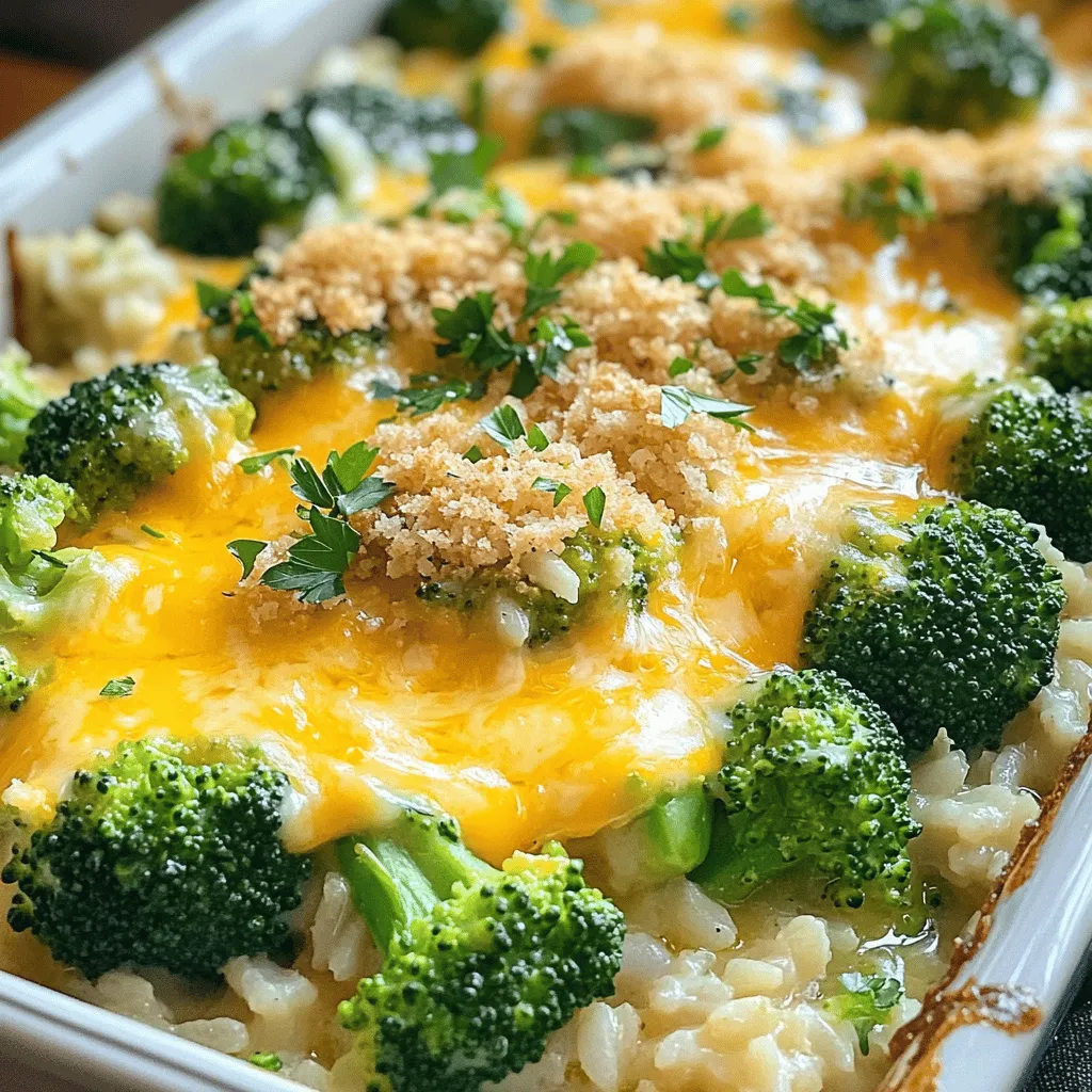 For my Cheesy Broccoli Rice Casserole, I use the following key ingredients: - 2 cups cooked white or brown rice - 2 cups fresh broccoli florets (steamed until tender) - 1 cup sharp cheddar cheese, shredded - 1 cup cream of mushroom soup (or homemade version) - 1 cup milk - 1 teaspoon garlic powder - 1 teaspoon onion powder - Salt and pepper to taste - 1/2 cup breadcrumbs (for topping) - 2 tablespoons olive oil These ingredients come together to create a creamy and cheesy dish. The rice serves as a great base, while the broccoli adds nutrients and color. The cheddar cheese gives it that rich flavor we all love. You can mix things up with these optional ingredients: - Cooked chicken, diced - Canned tuna - Cooked beans for a vegetarian option - Different cheese types like mozzarella or gouda - Fresh herbs like thyme or parsley Experimenting with these options can add new flavors and textures. It’s a fun way to use up leftovers, too! To make this casserole, gather these essential tools: - A large mixing bowl - A 9x13 inch baking dish - A steamer or pot for cooking broccoli - Measuring cups and spoons - A spatula for mixing Using the right tools makes cooking easier and more enjoyable. Having everything ready helps you focus on creating a delicious meal. For the full recipe, check out [Full Recipe]. First, set your oven to 350°F (175°C). This helps your casserole cook evenly. While the oven heats, gather your ingredients. Make sure your rice is cooked and your broccoli is steamed until tender. Use fresh broccoli florets for a bright green color and crisp texture. In a large bowl, mix the cooked rice and steamed broccoli. Add the cream of mushroom soup and milk. Sprinkle in garlic powder and onion powder for flavor. Season with salt and pepper. Then, add half of your shredded cheddar cheese. Stir well until everything is combined. This step ensures each bite is cheesy and flavorful. Next, pour the mixture into a greased 9x13 inch baking dish. Spread it out evenly. In a small bowl, mix the breadcrumbs with olive oil until they are coated. Sprinkle this mixture over the casserole. Top it off with the remaining cheddar cheese. Cover the dish with aluminum foil, shiny side down. Bake for 25 minutes. After that, remove the foil and bake for another 15 to 20 minutes. Look for melted cheese and a golden-brown topping. Let it rest for about five minutes before serving. You can find the full recipe for more detailed steps. When cooking broccoli, start with fresh florets. Trim them into bite-sized pieces. Steam them until they are bright green and tender, about 4 to 5 minutes. This keeps the crunch and bright flavor. Avoid overcooking, as mushy broccoli loses its nutrients and taste. If you want, you can also blanch broccoli in boiling water for just a minute. Then, quickly shock it in ice water to stop the cooking. This method helps keep the color and nutrients intact. To make your casserole more flavorful, try adding some spices. A dash of paprika can add warmth, while cayenne pepper can give a little heat. You might also consider adding fresh herbs like thyme or parsley for a fresh taste. If you love garlic, increase the garlic powder or add minced garlic for a stronger flavor. Mixing in a splash of lemon juice before baking can brighten the dish. Experiment with your favorite seasonings for a unique twist. To get that perfect golden brown topping, use breadcrumbs mixed with olive oil. This helps them crisp up nicely in the oven. Make sure to spread the breadcrumbs evenly over the top. For extra flavor, mix in some grated Parmesan cheese with the breadcrumbs. When baking, cover the dish for the first half to keep moisture in. Then, remove the foil to allow the top to brown. Bake until the cheese is bubbly and golden for that irresistible look and taste. Check the casserole closely to avoid burning. For the full recipe, check out the details mentioned earlier! {{image_2}} You can boost the nutrition of your cheesy broccoli rice casserole by adding protein. To include chicken, use cooked, shredded chicken. Mix it in with the rice and broccoli. If you prefer tuna, use a can of tuna, drained. Stir it in for a quick, tasty option. For a plant-based choice, add beans like black beans or chickpeas. They add protein and texture. Each option makes the dish heartier and more filling. If you want a vegetarian dish, skip the meat and use vegetable broth instead of milk. You can also replace the cream of mushroom soup with a homemade veggie version. This keeps the flavors rich without meat. For gluten-free options, check the soup label. Find a gluten-free soup to use. You can also swap breadcrumbs for gluten-free breadcrumbs or crushed nuts. These changes keep your meal safe and delicious for everyone. Cheese is key to this dish's flavor. While sharp cheddar is classic, mix it up! Try mozzarella for a stretchier texture. A blend of Gouda and Swiss adds a rich, creamy taste. You can even use pepper jack for a spicy kick. Mixing different cheeses can create fun new flavors. Keep the cheese ratio the same to ensure it melts well. This simple tweak can make your casserole unique and exciting. For the full recipe, check the instructions above! To keep your cheesy broccoli rice casserole fresh, store it in an airtight container. Make sure it cools to room temperature first. If you have leftovers, they can last in the fridge for about three to four days. Always label your container with the date. This way, you won't forget when you made it! When you're ready to enjoy your leftovers, preheat your oven to 350°F (175°C). Place a portion of the casserole in a baking dish. Cover it with foil to keep it moist. Heat for about 20 minutes or until it's warm throughout. If you like a crispy top, remove the foil for the last few minutes. You can freeze this casserole for later meals. First, cool it completely, then transfer it to a freezer-safe container. It can last up to three months in the freezer. To thaw, move it to the fridge for a day before you plan to bake it. Reheat it as mentioned above. Enjoy your meal with ease! For the full recipe, check the main article. Cheesy broccoli rice casserole lasts about 3 to 5 days in the fridge. Store it in an airtight container. This helps keep it fresh and tasty. You can also freeze it for up to 3 months. Just make sure to wrap it well to avoid freezer burn. Yes, you can use frozen broccoli in this recipe. Just thaw it first and drain excess water. Frozen broccoli is often picked at peak ripeness, so it can taste great! However, fresh broccoli gives a nice crunch and vibrant color. You can make this dish healthier in a few ways. Use brown rice instead of white for more fiber. Swap cream of mushroom soup for a low-fat version or homemade one. You can also add more veggies like carrots or bell peppers. Reducing cheese or using a lower-fat cheese can cut calories too. Yes, you can prepare this casserole a day ahead. Just mix all the ingredients and store them in the fridge. When you're ready to bake, let it sit at room temperature for about 30 minutes before cooking. This ensures even baking. This casserole pairs well with a side salad or roasted chicken. You can also serve it with crusty bread or steamed veggies for a complete meal. The flavors blend nicely, making it a family favorite. Absolutely! While sharp cheddar is great, you can use mozzarella or gouda for different flavors. Mixing cheeses can add depth and creaminess to your casserole. Experiment and find your perfect blend! This recipe is already vegetarian-friendly. Just ensure your cream of mushroom soup is meat-free. You can also add more plant-based protein, like beans or lentils, for extra nutrition. This blog post covers everything you need for a cheesy broccoli rice casserole. You learned key ingredients, like broccoli and cheese, and how to prep them. I shared tips for mixing well and achieving that golden crust. You also saw tasty variations to make your dish unique. Remember, proper storage keeps leftovers fresh. Use the reheating tips to enjoy again. With this knowledge, you can create a great meal that fits your taste. Enjoy cooking!