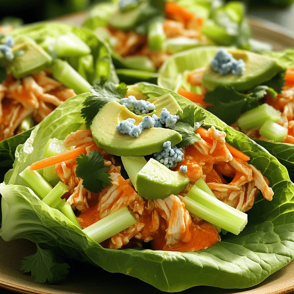 To make these tasty Buffalo Chicken Lettuce Wraps, you need a few key ingredients. Here’s what you’ll need: - 1 lb boneless, skinless chicken breast, cooked and shredded - 1/2 cup buffalo sauce (adjust to taste) - 1 tablespoon olive oil - 1/2 cup diced celery - 1/2 cup diced carrot - 1/4 cup crumbled blue cheese (optional) - 1 tablespoon fresh cilantro, chopped - Salt and pepper to taste - 1 head of romaine or butter lettuce, leaves separated - Sliced avocado for garnish (optional) These items create a mix of flavors and textures that are hard to resist. You can customize these wraps with optional ingredients. Here are some ideas: - Use shredded rotisserie chicken for a quick option. - Substitute ranch dressing for buffalo sauce if you prefer a milder flavor. - Add sliced cucumbers or bell peppers for extra crunch. - Try different cheeses like feta or cheddar for a unique taste. Feel free to experiment with what you have on hand. You can use either fresh chicken or pre-cooked chicken. Fresh chicken gives you more control over flavor and texture. Cook it in the skillet with olive oil before adding the buffalo sauce. This method enhances the taste. Pre-cooked chicken, like rotisserie, saves time. Just shred it and heat it with the sauce. Both options work well, so choose what fits your schedule. For the full recipe, check the details above. First, gather your ingredients. You need 1 pound of cooked, shredded chicken. Heat 1 tablespoon of olive oil in a skillet over medium heat. Add the shredded chicken to the skillet, then pour in 1/2 cup of buffalo sauce. Stir well to coat the chicken evenly. Cook for about 3-4 minutes until it's hot. Remove the skillet from heat. Mix in 1/2 cup diced celery and 1/2 cup diced carrot. Season with salt and pepper to taste. If you like blue cheese, fold in 1/4 cup of crumbled cheese now. To get the best shredded chicken, you can use a stand mixer. Place the cooked chicken in the bowl and use the paddle attachment. Mix on low speed for a few seconds. You can also shred it with two forks. Hold one fork steady and use the other to pull the chicken apart. Make sure it's warm for easier shredding. Take a lettuce leaf from your head of romaine or butter lettuce. Spoon some buffalo chicken mixture into the center of the leaf. Top with fresh cilantro and a slice of avocado if you want. Fold the sides of the lettuce over the filling. Enjoy your wraps right away for the best taste! For the complete recipe, check out the Full Recipe section. To boost the taste of your buffalo chicken, use fresh ingredients. Fresh celery and carrots add crunch and sweetness. You can adjust the buffalo sauce to make it spicier or milder. If you want more depth, try adding a splash of lemon juice. A pinch of garlic powder can also enhance the flavor. Cook the chicken breast just right to keep it juicy. Use medium heat when cooking. This helps the chicken stay moist and tender. After shredding, mix it well with the buffalo sauce. This way, every bite packs a punch of flavor. If you use pre-cooked chicken, make sure to heat it through. This keeps the chicken tasty and helps the sauce stick. Serve your buffalo chicken lettuce wraps right away for the best taste. Pair them with fresh fruit or a simple salad. You can also serve some extra buffalo sauce on the side. If you like a creamy touch, ranch dressing is a great dip. For a fun twist, try adding sliced jalapeños for some heat. You can find the full recipe to guide you through these delicious wraps. {{image_2}} You can switch up the flavor with different sauces. Try BBQ sauce for a sweet twist. Greek yogurt mixed with ranch gives a creamy taste. Hot sauce mixed with honey adds a sweet and spicy kick. Each sauce brings a new vibe to your wraps. While romaine is popular, you can use other lettuces, too. Butter lettuce has a soft texture and wraps well. Iceberg offers a nice crunch and holds fillings easily. You could even use cabbage leaves for a unique crunch. Choose what you enjoy most! Make these wraps work for your diet. For a vegan option, replace chicken with jackfruit or tofu. Use dairy-free cheese if you want to skip the blue cheese. If you're gluten-free, check your sauces for gluten. You can make these wraps fit your needs with just a few swaps! You can store leftover wraps in an airtight container. Keep them in the fridge for up to three days. If you want the best taste, eat them within two days. Make sure to separate the filling from the lettuce leaves. This way, the lettuce stays crisp. To freeze the filling, place it in a freezer-safe bag. Remove as much air as possible before sealing. You can freeze it for up to three months. When you are ready to eat, thaw it in the fridge overnight. Then, just assemble with fresh lettuce. To reheat the filling, place it in a skillet over medium heat. Stir until warm, about 5 minutes. You can also use the microwave. Heat in 30-second intervals, stirring in between. Avoid reheating the lettuce; use fresh leaves for the best taste. For the full recipe, check out the Buffalo Chicken Lettuce Wraps section. You can use several options if you run out of buffalo sauce. Hot sauce mixed with melted butter works well. Alternatively, try a mix of barbecue sauce and hot sauce for a sweet and spicy twist. If you prefer milder flavors, use a ranch dressing or a yogurt-based sauce. These choices keep your wraps tasty without losing their essence. To make these wraps healthier, start by using lean chicken breast. You can also reduce the amount of buffalo sauce to cut down on sodium. For added crunch, use more veggies like bell peppers or cucumbers. Swap blue cheese for a lighter cheese or skip it altogether. You can also use Greek yogurt as a tasty, creamy alternative. Yes, using rotisserie chicken is a great idea! It saves time and adds flavor. Just shred the chicken and mix it with the buffalo sauce in a skillet. The chicken is already cooked, so you only need to heat it up. This makes your meal quick and easy, perfect for busy days. For the full recipe, check out the complete guide above. Buffalo chicken lettuce wraps are easy and fun to make. We covered the main ingredients and their substitutes. You learned how to prepare and cook the chicken perfectly. I shared tips for delicious flavor and various variations. Knowing how to store and reheat wraps is key for keeping leftovers fresh. Enjoy experimenting with this recipe. It’s great for meals or snacks. Create your own version that fits your taste! You’ll impress everyone with these tasty wraps.