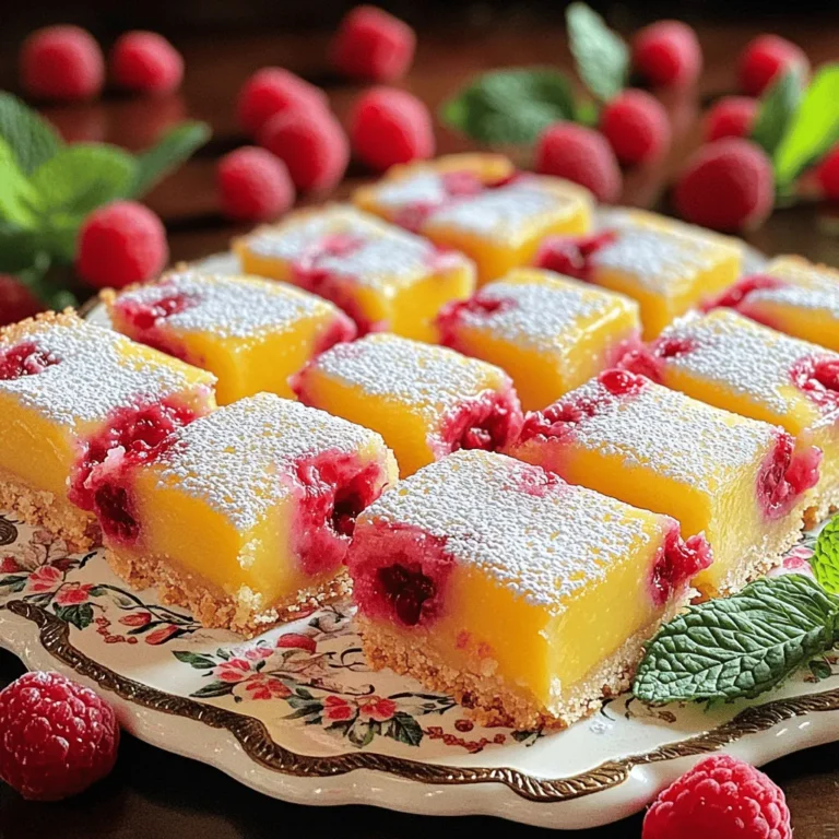 To make these delightful Raspberry Lemonade Bars, you need five key ingredients: - 1 cup all-purpose flour - 1/2 cup unsalted butter, softened - 2 cups fresh raspberries (you can use frozen too) - 1 cup granulated sugar - 3 large eggs These ingredients form the base of the bars. The flour gives structure, while the butter adds richness. Fresh raspberries bring a tart flavor that pairs well with the sweetness of sugar and the tang of lemons. You can enhance your bars with a couple of optional ingredients: - Powdered sugar for dusting - Lemon zest Using powdered sugar adds a nice touch on top. Lemon zest will boost the lemon flavor too. Both are easy to find and elevate your treat. For the best results, gather these kitchen tools: - Mixing bowls - Whisk - Baking dish Having the right tools makes cooking simple. Mixing bowls help combine the ingredients well. A whisk works perfectly for mixing, and a baking dish ensures even baking. For the full recipe, check out the details above. Enjoy making these bars! - Preheat your oven to 350°F (175°C). - Grease an 8x8 inch baking dish or line it with parchment paper. This makes it easy to lift the bars out later. - In a medium bowl, mix together 1 cup of all-purpose flour and 1/4 cup of powdered sugar. - Cut in 1/2 cup of softened unsalted butter. Use a pastry cutter or your fingers. Mix until it looks like coarse crumbs. - Press this mixture evenly into the bottom of your prepared baking dish. - In a large bowl, combine 2 cups of fresh raspberries, 1 cup of granulated sugar, 3 large eggs, 1/4 cup of freshly squeezed lemon juice, 1 teaspoon of lemon zest, 1/2 teaspoon of baking powder, and 1/4 teaspoon of salt. - Whisk gently until it's well mixed. Be careful not to mash the raspberries too much; leave some whole for nice texture. - Pour this raspberry-lemon mixture over your pre-baked crust. Now that you have everything ready, you can follow the [Full Recipe] for the next steps in baking these delicious bars! To get the right texture, use cold butter. This helps your crust stay flaky. Cut the butter into the flour until it looks like sand. Press it firmly but gently into the dish. For even baking, preheat your oven fully. Bake until the crust is golden, about 15-20 minutes. Keep an eye on it to prevent burning. Let it cool slightly before adding the filling. Want more lemon? Add extra lemon zest or a splash of lemon juice. This will brighten the bars and make them pop. To balance sweetness, taste the mixture before baking. If it’s too sweet, add a bit more lemon juice. The tartness from the lemon will bring out the raspberry flavor. Serve Raspberry Lemonade Bars on a pretty platter. Add fresh mint leaves and extra raspberries for color. They look great and taste even better! For drinks, pair them with iced tea or lemonade. The tartness of the bars matches perfectly with a refreshing beverage. If you want a fun twist, try serving them with sparkling water. {{image_2}} You can switch up the flavor by using strawberries or blueberries. Strawberries add a sweet touch, while blueberries give a burst of color. Mixing different berries creates a fruity blend. Try combining raspberries with blueberries for a fun twist. Each fruit brings its own flavor and makes the bars exciting. For a gluten-free version, you can use almond flour or gluten-free all-purpose flour. This swap keeps the bars tasty while being safe for those with gluten issues. Make sure to check labels for hidden gluten in other ingredients. To make these bars vegan, replace the eggs with flax eggs or applesauce. One flax egg is made by mixing one tablespoon of flaxseed meal with three tablespoons of water. Let it sit for a few minutes to thicken. Applesauce works well too, using a quarter cup for each egg. This keeps the bars moist and delicious, perfect for plant-based diets. You can find the full recipe above to get started on these fun variations! To keep your Raspberry Lemonade Bars fresh, store them in an airtight container. Make sure to place parchment paper between layers if stacking. This helps prevent sticking and keeps them intact. They stay fresh in the fridge for up to five days. If you want to enjoy them later, freezing is a great option. To freeze Raspberry Lemonade Bars, first, let them cool completely. Once cooled, cut them into squares. Wrap each square tightly in plastic wrap. Then, place the wrapped bars in a freezer-safe container or bag. They can last up to three months in the freezer. When you are ready to eat them, thaw in the fridge overnight. If you have leftovers that you want to warm up, preheat your oven to 350°F (175°C). Place the bars on a baking sheet and warm them for about 10 minutes. This brings back their soft, gooey texture. You can also enjoy them cold; they taste great right from the fridge! For an added touch, dust with extra powdered sugar before serving. Raspberry Lemonade Bars can stay fresh for about four to five days. Store them in an airtight container in the fridge. This keeps them cool and tasty. If they are left out, they may dry out. Always check for any signs of spoilage before eating. Yes, you can use frozen raspberries. Just make sure to thaw them first. Drain any extra juice before mixing. This will help keep the filling from getting too watery. Frozen raspberries work great and still add that tangy flavor. To cut the bars cleanly, use a sharp knife. Dip the knife in hot water before each cut. Wipe it dry after each slice. This way, the bars will not stick to the knife. It makes for neat squares and a pretty presentation. Absolutely! You can make Raspberry Lemonade Bars a day or two in advance. Just keep them in the fridge until you are ready to serve. They taste even better after chilling. This is a great way to save time when hosting. Raspberry Lemonade Bars are a treat that you can easily make at home. We covered essential ingredients like flour, fresh raspberries, and eggs, along with handy kitchen tools. I shared step-by-step instructions to help you create a perfect crust and filling. You also learned tips to enhance the flavor and different variations to try. Remember, these bars can be stored or frozen for later enjoyment. Enjoying them with friends makes every bite sweeter! Get ready to impress with your baking skills; these bars will delight everyone!