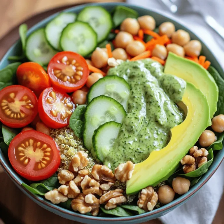 - 1 cup cooked quinoa - 1 cup chickpeas, rinsed and drained - 1 cup cherry tomatoes, halved - 1 avocado, sliced - 1 cucumber, thinly sliced - 2 cups fresh spinach or mixed greens - ½ cup shredded carrots - ¼ cup walnuts, toasted - Salt and pepper to taste - 1 cup fresh basil leaves - ½ cup fresh parsley leaves - ½ avocado - 2 tablespoons lemon juice - ¼ cup olive oil - 1 clove garlic - Salt and pepper to taste The main components in this Green Goddess Buddha Bowl create a mix of flavors and textures. You start with cooked quinoa as the base. It’s fluffy and nutty. Next, you add chickpeas, which are great for protein. Cherry tomatoes bring sweetness, while avocado adds creaminess. Cucumber gives a refreshing crunch, and spinach or mixed greens add color and nutrients. Shredded carrots add a nice touch of sweetness and crunch. Finally, toasted walnuts give a rich, nutty flavor and a satisfying crunch. For the Green Goddess dressing, fresh basil and parsley make it vibrant and herbaceous. The half avocado in the dressing adds creaminess. Lemon juice gives a fresh zing. Olive oil helps blend all the flavors. Garlic adds depth, while salt and pepper round it all out. You can find the full recipe for this tasty dish at the end of the article. - Rinse quinoa under cold water. - Cook quinoa according to package instructions. Typically, you will mix 1 cup of quinoa with 2 cups of water. Bring it to a boil. Then, reduce heat and let it simmer for 15 minutes. This will help the water absorb. Fluff with a fork and set aside to cool slightly. - Blend dressing ingredients until smooth. Combine fresh basil, parsley, avocado, lemon juice, olive oil, garlic, and a pinch of salt and pepper in a blender. - Adjust thickness with water if necessary. If the dressing seems thick, add a tablespoon of water at a time. Blend again until you reach your desired consistency. - Start with a base of quinoa. Place the cooked quinoa in each bowl to create a nice foundation. - Layer remaining ingredients evenly. Add chickpeas, cherry tomatoes, avocado slices, cucumber, spinach, and shredded carrots on top of the quinoa. - Add toppings and drizzle dressing. Sprinkle toasted walnuts on top for added crunch. Then, drizzle the Green Goddess dressing over everything. - Season to taste with salt and pepper. Give a final touch with salt and pepper to enhance the flavors. Enjoy your fresh and flavorful meal! For the complete guide, check out the Full Recipe. To get the best quinoa, start by rinsing it well under cold water. This step is key. It helps to wash away any bitterness. You want your quinoa to taste great, right? After rinsing, cook it according to the package instructions. For added flavor, consider using vegetable broth instead of water. This small change makes a big difference! When you make the Green Goddess dressing, store it in an airtight container. Keeping it sealed helps it stay fresh. For the best taste, use the dressing within 3 days. After that, the flavors may fade. Remember, fresh is always better! Prepping your ingredients ahead of time is a smart move. Chop your veggies, rinse the chickpeas, and cook the quinoa in advance. This makes assembly quick and easy. Store the components separately in the fridge. This way, they stay fresh and crisp until you’re ready to enjoy your bowl. {{image_2}} You can boost your Green Goddess Buddha Bowl with protein. Roasted chicken adds great flavor. Tofu is a tasty plant-based choice. If you want more variety, try tempeh or edamame. These options give you different textures and tastes. They also make the meal more filling. Switching up the grains can change the dish a lot. Quinoa is great, but you can also use farro or brown rice. These grains give unique flavors and textures. Plus, they add different nutrients. Using various grains keeps your bowl exciting and fun. Adding seasonal vegetables makes your bowl fresh and bright. You can use veggies like zucchini in summer or pumpkin in fall. Look for what’s in season at your local market. This not only supports local farmers but also adds unique flavors to your meal. By swapping out ingredients based on what you find, you make each bowl a new adventure. Check out the full recipe for more ideas on how to build your perfect Green Goddess Buddha Bowl! To keep your Green Goddess Buddha Bowl fresh, store it in an airtight container. This helps keep moisture in and air out. If you have extra dressing, store it separately. This keeps the bowl from getting soggy. You can refrigerate the bowl for up to three days. When reheating quinoa and veggies, use the microwave or a stove. If using the microwave, heat in short bursts to avoid overcooking. For the stove, add a splash of water to help steam the veggies. This method keeps the texture nice and firm. Always check the temperature to ensure food is heated through. Leftovers can last in the fridge for about three days. For longer storage, consider freezing parts of the bowl. You can freeze cooked quinoa and chickpeas easily. Just place them in freezer bags. They will keep well for about three months. Avoid freezing fresh veggies, as they lose texture when thawed. For the full recipe, visit [Full Recipe]. A Buddha Bowl is a colorful and healthy meal in one bowl. It usually has a base of grains like quinoa. You add fresh veggies, protein, and a tasty sauce. This dish is great for lunch or dinner. Each bowl can look different, making it fun to eat. The mix of flavors and textures keeps it interesting. Yes, you can easily make this dish vegan. Just use plant-based protein, like tofu or tempeh. You can also swap out the honey in any dressing for maple syrup. The Green Goddess dressing I mentioned in the Full Recipe is already vegan-friendly. Just make sure all your ingredients are plant-based. You can change your bowl based on what you like. Try different grains like brown rice or farro. Add seasonal veggies like bell peppers, sweet potatoes, or zucchini. You can also switch the nuts for seeds or other crunchy toppings. This way, your bowl will be unique to you. This dish is packed with nutrients. Quinoa is a complete protein, which means it has all the essential amino acids. Chickpeas provide fiber and help keep you full. Avocado adds healthy fats and vitamins. Spinach is rich in iron and antioxidants. Each ingredient brings health benefits, making this bowl a smart choice for meals. This Buddha Bowl combines nutritious ingredients with a tasty Green Goddess dressing. You start with a base of quinoa and layer fresh veggies and proteins. The tips also help you store and prep everything easily. Consider adding seasonal elements or alternative grains to keep it fresh. In short, this dish is versatile, healthy, and fun to make. Enjoy creating your own bowl!