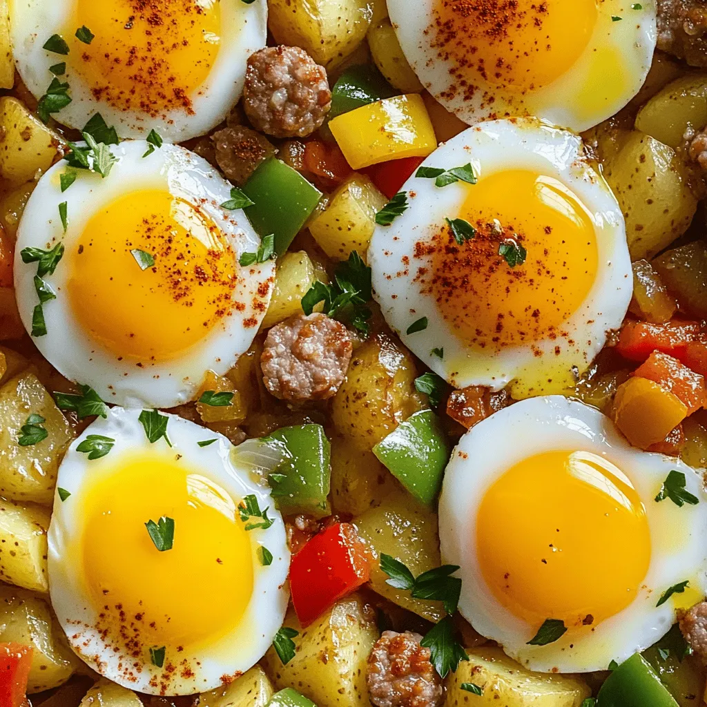 To make a tasty savory breakfast hash, you need these simple ingredients: - 2 medium potatoes, diced - 1 cup bell peppers (red and green), diced - 1 small onion, diced - 1 cup cooked breakfast sausage, crumbled (or plant-based alternative) - 4 large eggs - 2 tablespoons olive oil - 1 teaspoon smoked paprika - ½ teaspoon garlic powder - ½ teaspoon black pepper - Salt to taste - Fresh parsley, chopped (for garnish) Using fresh ingredients gives the best flavor. Fresh potatoes and bell peppers add crunch. However, frozen ingredients work in a pinch. They save time and still taste good. If using frozen, thaw them first. This helps with even cooking. Fresh herbs like parsley also bring bright flavors. You can easily adjust this recipe. For a vegetarian option, skip the sausage. Use mushrooms or tofu for protein instead. If you need a dairy-free option, choose plant-based eggs. You can also swap regular potatoes for sweet potatoes. This adds a unique flavor and more nutrients. Always check labels for allergens when choosing substitutes. Start by washing the potatoes well. Dice them into small cubes. This makes them cook evenly. Heat one tablespoon of olive oil in a large skillet over medium heat. Add the diced potatoes to the skillet. Season them with salt and black pepper. Cook for about 10 to 12 minutes. Stir them occasionally. You want them to soften and turn golden brown. If you like a crispier texture, let them cook a bit longer. Once the potatoes are ready, add the diced onion and bell peppers. Mix them in with the potatoes. Cook for another 5 to 7 minutes. You want the veggies to become tender. Next, add the crumbled breakfast sausage to the skillet. You can use a plant-based option too. Sprinkle in the smoked paprika and garlic powder. Stir everything together. Let it cook for 3 to 4 more minutes to blend the flavors. Now comes the fun part! Use a spatula to create four small wells in the hash mixture. Crack an egg into each well. Cover the skillet with a lid. Cook for about 5 to 7 minutes. This lets the eggs cook to your liking. You can have them runny or fully cooked, based on your taste. Once done, remove the skillet from heat and let it cool for a minute. Garnish with freshly chopped parsley for a nice touch. Enjoy your delicious Savory Breakfast Hash! For the full recipe, check the detailed instructions above. To get the best texture from your potatoes, choose medium-sized ones. Dice them evenly so they cook at the same rate. I recommend parboiling the diced potatoes for about five minutes before frying them. This step helps them cook faster and stay fluffy inside. When you fry them, use enough oil to coat the pan. Stir them gently to allow a crisp layer to form. This will give you that perfect golden-brown crust. For a flavor boost, add spices like cumin or chili powder. A pinch of cayenne pepper adds a nice kick. You can also try fresh herbs like thyme or rosemary. They add great depth to the dish. If you like cheese, sprinkle some grated cheddar on top before serving. It melts beautifully and adds creaminess. Always taste as you go to adjust the flavors to your liking. You can make this dish in advance for busy mornings. Cook the hash and store it in an airtight container in the fridge. It will last for up to three days. Reheat it in a skillet for best results. Add a splash of water to keep it moist. You can also prep the ingredients a day ahead. Chop the veggies and store them in the fridge. This way, you can enjoy a hearty breakfast with less morning stress. For the full recipe, refer to the Savory Breakfast Hash section above. {{image_2}} To make a vegetarian or vegan breakfast hash, swap out the meat. Use a plant-based sausage for flavor. You can also add beans, tofu, or tempeh for protein. For a simple vegan option, just skip the eggs. You can replace them with avocado or tofu scramble for creaminess. If you love meat, there are many options. Try bacon, ham, or chorizo for a different taste. Each meat adds its own flavor. You can also mix meats for extra variety. Just make sure to cook them well before adding to the hash. Get creative with your veggies! Spinach, kale, or zucchini can add color and nutrients. For a fun twist, try adding sweet corn or asparagus. Toppings like cheese or hot sauce can give extra flavor. Fresh herbs like cilantro or chives can brighten the dish. For more ideas, check the Full Recipe for Savory Breakfast Hash to see what fits your taste! To store your savory breakfast hash, let it cool first. Use an airtight container to keep it fresh. Place the hash in the fridge if you plan to eat it soon. It lasts up to four days this way. Always label the container with the date. This helps you track how long it's been stored. When reheating, use a skillet or microwave. If using a skillet, add a splash of olive oil. This helps bring back the crispness. Heat on medium and stir until hot. In the microwave, use a microwave-safe bowl. Cover it with a lid or paper towel to prevent splatter. Heat for about one to two minutes. Check to ensure it’s warmed through. You can freeze leftover hash for later. First, let it cool completely. Then, place it in a freezer-safe bag or container. Squeeze out as much air as possible to avoid freezer burn. It can last up to three months in the freezer. When ready to eat, thaw it in the fridge overnight before reheating. You can easily make a meatless Savory Breakfast Hash. Start by using the same base of potatoes, bell peppers, and onions. Instead of sausage, try using beans or tofu for protein. You can also add spices like cumin or chili powder for flavor. The cooking steps remain the same. Just ensure your plant-based protein is cooked well and seasoned properly. Yes, sweet potatoes work great in this dish! They add a nice sweetness and color. Just peel and dice them like regular potatoes. Sweet potatoes may cook a bit faster, so check them often. They add a unique taste that pairs well with the other flavors in the hash. Toppings can make your hash even better. Some popular choices are: - Avocado slices - Crumbled feta cheese - Fresh salsa or pico de gallo - Hot sauce for a kick - Chopped green onions or cilantro These toppings add flavor and texture, making your breakfast even more enjoyable. For the full recipe, check the details above. Savory breakfast hash combines flavors and nutrition in one dish. We covered ingredient choices, cooking steps, and tips for perfect texture. You can adapt this dish for any diet and store leftovers with ease. Think about how you can add your favorite veggies or meats. I encourage you to experiment with flavors and make it your own. Enjoy the process and savor each bite, knowing you created something delicious!