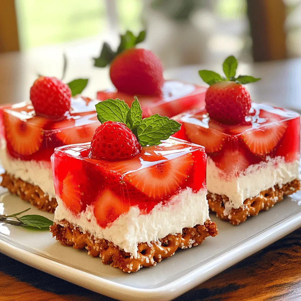 To make your Strawberry Pretzel Salad, you will need: - 2 cups pretzel sticks, crushed - 1/2 cup unsalted butter, melted - 1/4 cup granulated sugar - 1 package (8 oz) cream cheese, softened - 1 cup powdered sugar - 1 container (8 oz) whipped topping (like Cool Whip) - 2 cups fresh strawberries, hulled and sliced - 1 package (3 oz) strawberry gelatin mix - 2 cups boiling water - 2 cups cold water If you need to swap ingredients, here are some easy options: - Use gluten-free pretzels for a gluten-free version. - Swap unsalted butter with coconut oil for a dairy-free option. - Use Greek yogurt instead of cream cheese for a lighter choice. - Try any berry gelatin mix if you want a different flavor. A serving of Strawberry Pretzel Salad has: - Calories: 200 - Total fat: 10g - Saturated fat: 6g - Carbohydrates: 26g - Sugars: 15g - Protein: 3g This salad is a sweet treat but keep an eye on portions. You can enjoy this dessert without feeling too guilty. For the full recipe, check out the detailed instructions provided. To start, gather your ingredients for the crust. You will need crushed pretzel sticks, melted butter, and granulated sugar. Mix these in a medium bowl. Make sure the pretzels are finely crushed for a nice texture. Once mixed, press this mixture firmly into a 9x13-inch baking dish. This forms a sturdy base. Bake in a preheated oven at 350°F (175°C) for 10 minutes. After baking, let it cool completely. This step is key for the crust to hold its shape. Next, let’s make the cream cheese layer. In a mixing bowl, beat softened cream cheese and powdered sugar together until smooth. You want it fluffy and creamy. Then, gently fold in the whipped topping. Mix carefully to keep it light. Once ready, spread this cream cheese mixture evenly over the cooled pretzel crust. This layer adds a rich flavor that balances the salty pretzels. For the strawberry gelatin layer, you’ll need gelatin mix, boiling water, and cold water. In a bowl, dissolve the gelatin in 2 cups of boiling water. Stir until fully dissolved. Then, add 2 cups of cold water and mix well. After it cools slightly, stir in the sliced strawberries. This adds a fresh touch to the dish. Pour the strawberry mixture over the cream cheese layer. Make sure it spreads evenly. Next, cover with plastic wrap and refrigerate for at least 4 hours or until set. Your Strawberry Pretzel Salad will be ready to enjoy! For the full recipe, check the earlier section. To make the perfect pretzel crust, start with fresh pretzel sticks. Crush them into small pieces, but not too fine. Mix the crushed pretzels with melted butter and granulated sugar. This mix should feel like wet sand. Press it into your baking dish firmly. Bake at 350°F for 10 minutes. Let it cool completely before adding any layers. A well-baked crust gives your salad a nice crunch. For the best gelatin layer, dissolve the gelatin in boiling water first. Stir until it fully dissolves. This step is key for a smooth texture. After mixing in cold water, let it cool slightly before adding strawberries. If the gelatin cools too much, it can set before you pour it. Pour it gently over the cream cheese layer for an even finish. This helps avoid any mixing of layers. When serving Strawberry Pretzel Salad, cut it into squares for easy portions. Garnish each square with a fresh strawberry and a sprig of mint. This adds color and makes it look fancy. You can serve it chilled or at room temperature. Pair it with a scoop of vanilla ice cream for a tasty dessert. This salad works well at picnics or family gatherings. For the full recipe, check the detailed steps above. {{image_2}} You can change the fruit in this salad to fit your taste. Fresh blueberries, raspberries, or peaches work great. Each fruit adds its flavor and color. Mixing fruits can create a fun twist. You can use one fruit or a mix of your favorites. Just make sure to slice or chop them small. If you need a gluten-free option, try gluten-free pretzel sticks. These pretzels taste similar and work well in this recipe. You can also use crushed gluten-free cookies as a crust. They give a nice taste and crunch. Always check the label to ensure they are gluten-free. You can customize the sweetness of your salad. Instead of regular sugar, try honey or maple syrup. You can also add vanilla or almond extract to the cream cheese layer for extra flavor. This makes the salad even more delicious. Experiment with flavors to find your favorite mix. For the full recipe, check out the Strawberry Bliss Pretzel Salad. Store your Strawberry Pretzel Salad in the fridge. Use an airtight container. This keeps it fresh and safe. It is best to cover the dish well if you keep it in the same pan. Plastic wrap works great. You can freeze Strawberry Pretzel Salad, but it’s tricky. First, freeze the cream cheese layer and the crust separately. This helps keep the crust crunchy. Once frozen, wrap each layer tightly in plastic wrap. Then, place them in a freezer bag. When ready to eat, thaw in the fridge overnight. In the fridge, Strawberry Pretzel Salad lasts about 3 to 5 days. Check for any changes in color or smell before eating. If you notice any, it’s best to discard it. Always serve it cold for the best taste. For more details, see the Full Recipe. Strawberry Pretzel Salad is a sweet and salty dessert. It has a crunchy pretzel crust, creamy cheese layer, and fruity strawberry topping. This dish is a fun mix of flavors and textures. You can serve it chilled for a refreshing treat. It's perfect for gatherings and brings joy to any table. Yes, you can! Making Strawberry Pretzel Salad a day ahead works well. Just prepare it and let it chill in the fridge. This allows the flavors to blend nicely. It also helps the gelatin set perfectly. Remember to cover it well to keep it fresh. To keep the pretzel crust crunchy, bake it for 10 minutes. This helps firm it up. Let it cool completely before adding the cream cheese layer. Keeping the cream cheese layer thick also helps. If you follow these steps, the crust will stay crisp and delicious. Yes, you can use frozen strawberries! Just thaw them before mixing. Drain any extra liquid to avoid a watery layer. Frozen strawberries can be a great option if fresh ones are not available. They still add great flavor and color to your dish. Enjoy the full recipe and feel free to experiment! In this article, I covered everything about making Strawberry Pretzel Salad. You learned about the key ingredients, tasty substitutions, and their nutritional facts. I shared step-by-step instructions for the crust, cream cheese layer, and gelatin. You now have tips for perfecting the crust and achieving the right consistency. I also explored variations and storage tips. Strawberry Pretzel Salad is a fun and tasty treat. With these easy steps, you can impress anyone! Enjoy making this dish and remember to share your own variations.