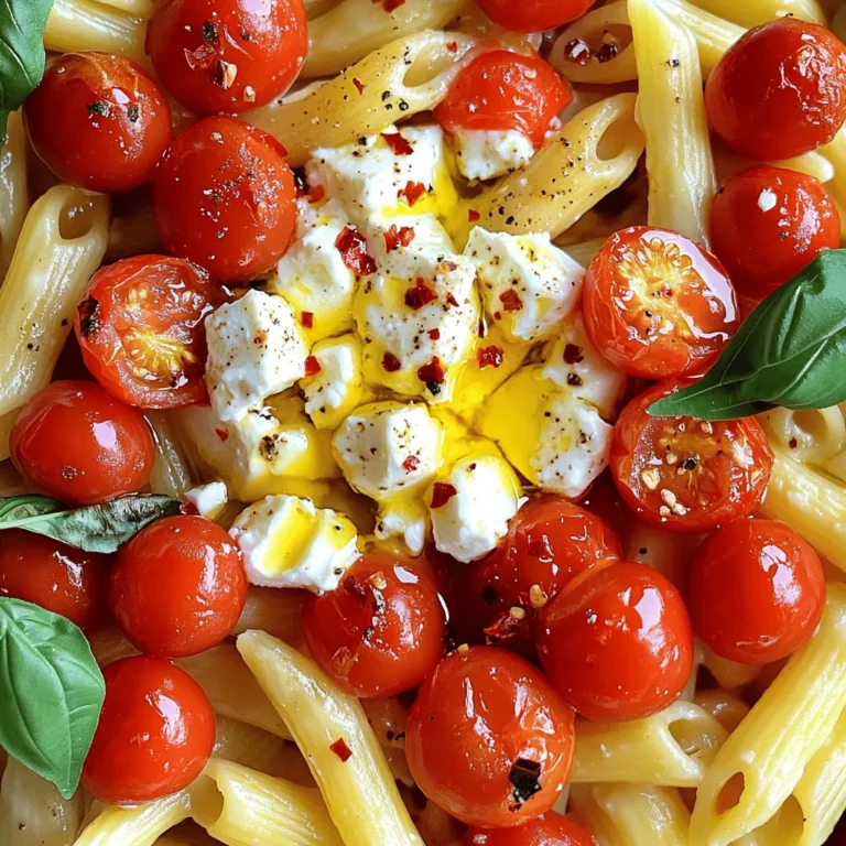 - Feta cheese: This cheese is the star of the dish. It melts into a creamy sauce. Feta adds a tangy flavor that balances the sweetness of tomatoes. - Pasta varieties (penne or fusilli): You can use penne or fusilli for this recipe. Both shapes hold the sauce well, ensuring every bite is flavorful. The pasta gives the dish substance and makes it filling. - Cherry tomatoes and garlic: These two ingredients bring freshness and aroma. Cherry tomatoes burst in the oven, adding sweetness. Garlic adds a rich, savory flavor that enhances the overall taste. - Olive oil and herbs: Olive oil helps to cook the tomatoes and feta. It adds richness and helps other flavors blend. Dried oregano adds an earthy taste that complements the dish nicely. - Optional ingredients like red pepper flakes: If you enjoy spice, red pepper flakes are a great addition. They add heat without overpowering the flavors of the other ingredients. - Fresh basil and Parmesan cheese: Garnishing with fresh basil adds a pop of color and freshness. Grated Parmesan cheese adds more flavor and creaminess, making the dish even more delightful. For the complete recipe, check out Baked Feta Pasta Delight. 1. First, preheat your oven to 400°F (200°C). This step gets your oven ready for baking. 2. In a large baking dish, combine 2 cups of halved cherry tomatoes and 4 minced cloves of garlic. This mix will bring great flavor. 3. Drizzle 1/4 cup of olive oil over the tomatoes and garlic. Sprinkle in 1 teaspoon of dried oregano, red pepper flakes, salt, and pepper. Toss everything well to coat. 4. Next, place 200g of feta cheese in the center of the tomato mix. This cheese will melt perfectly. 5. Drizzle a bit more olive oil over the feta. Season it with salt and pepper. The feta needs love too! 6. Now, bake the dish in your preheated oven for about 30 minutes. Look for the tomatoes to burst and the feta to turn soft and golden. 7. While the feta and tomatoes bake, bring a large pot of salted water to a boil. Add 300g of pasta, penne or fusilli works best. Cook according to package instructions until it is al dente. Drain the pasta and set it aside. 8. When the feta and tomatoes are done, use a fork to gently mash the feta into the tomatoes. This creates a creamy sauce. 9. Add the cooked pasta to the baking dish. Toss everything together until the pasta is well coated in the sauce. If it seems dry, add a splash of pasta water. You can find the full recipe for this delicious dish above! To know when feta is properly baked, look for a golden crust on top. The cheese should be soft and slightly melted. If it’s too firm, it may need more time. Avoid overcooked pasta by checking it a minute before the package time ends. You want it al dente, which means it should have a slight bite. This will help it hold up in the sauce. You can customize seasoning levels to fit your taste. If you like more spice, add extra red pepper flakes. For a milder flavor, reduce the amount you use. Using fresh herbs adds a vibrant touch. Chop fresh basil and stir it in at the end. This gives a bright flavor that pairs well with the creamy feta. For baking, a medium-sized baking dish works best. It should be deep enough to hold the pasta and sauce. Essential utensils for pasta cooking include a large pot and a colander. The pot needs to hold enough water for the pasta. A good colander lets you drain it easily without losing any pieces. Check out the Full Recipe for more details on making this dish! {{image_2}} If you want to make this dish vegan, use a plant-based feta. It melts well and still gives a creamy texture. Look for brands made from nuts or tofu that mimic feta's flavor. For pasta, you can switch to gluten-free options like brown rice or chickpea pasta. They work great and keep the meal delicious. You can also try whole wheat pasta for a healthy twist. Adding more veggies can boost flavor and nutrition. Spinach is a great choice. It wilts well and adds a nice green touch. Zucchini is another fun option. Slice it thin and mix it in for added texture. For protein, think about chicken or shrimp. Both cook quickly and soak up the sauce's flavor. Cook them separately, then mix them in with the pasta for a heartier meal. To give your dish a Mediterranean flair, add olives or sun-dried tomatoes. These ingredients bring salty and tangy notes. You can also sprinkle in some capers for a nice bite. If you like spicy food, try adding more red pepper flakes or even jalapeños. They will kick up the heat and make every bite exciting. For a savory touch, consider adding smoked paprika or anchovies for depth. Remember, these variations can make your Baked Feta Pasta even more fun and tasty. Check the full recipe for the base and experiment with these ideas! To store leftovers, let your Baked Feta Pasta cool down first. Place it in an airtight container. I like to use glass containers to keep it fresh. You can keep it in the fridge for up to three days. When you’re ready to enjoy it again, reheat it on the stove or in the microwave. For the best results, add a splash of water or olive oil when reheating. This helps keep the pasta moist and delicious. Heat it on low to avoid overcooking. Stir it gently to mix the sauce back in. Can you freeze Baked Feta Pasta? Yes, you can! Freezing is a great way to save leftovers. Make sure it cools completely before packing it. Use a freezer-safe container or heavy-duty freezer bags. It can last up to two months in the freezer. When you're ready to eat it, thaw it in the fridge overnight. For reheating, place it in a baking dish and add a bit of water or olive oil. Cover it with foil to keep it from drying out. Heat it at 350°F (175°C) until it's warm all the way through. Enjoy your tasty meal again! Baked Feta Pasta is a simple dish that combines baked feta cheese with pasta. This dish became popular on social media, where many shared their own versions. It started in Finland and quickly spread across the world. The feta melts into a creamy sauce when baked, mixing perfectly with tomatoes and garlic. To make your Baked Feta Pasta creamier, try these tips: - Use more olive oil. This adds richness to the sauce. - Mash the feta well into the tomatoes. This helps blend flavors. - Add a splash of pasta water before mixing everything together. This also helps loosen the sauce. - Stir in some heavy cream or cream cheese. This will add extra creaminess. Yes, you can use regular feta cheese. However, there are differences: - Block feta is firmer and melts nicely. It blends well with the tomatoes. - Crumbled feta may not melt as well. It can be saltier and change the dish's texture. - Look for a quality feta for the best results. This will enhance the dish's flavor and creaminess. For the complete recipe, check out the [Full Recipe]. In this post, we explored the essentials of making baked feta pasta. I covered key ingredients like feta cheese, tomatoes, and pasta. I also shared tips for prepping, baking, and enhancing flavors. You can customize your dish with various ingredients or spices. Remember, cooking should be fun! Experiment with different flavors and toppings. Enjoy this dish fresh or as leftovers. With these steps and tips, you're all set to impress at your next gathering. Enjoy your cooking adventures!