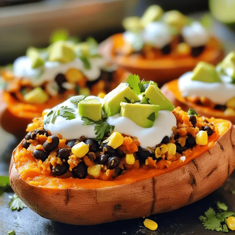 - 4 medium sweet potatoes: These are the star of the dish. They add natural sweetness and a creamy texture. Pick sweet potatoes that are firm with smooth skin. Avoid any with spots or soft spots. Fresh sweet potatoes will taste the best and hold their shape well when baked. - 1 can black beans: Beans offer protein and fiber. They make the dish hearty and filling. Rinse and drain them to remove excess sodium. - 1 cup corn: Corn adds a sweet crunch. You can use fresh or frozen. Both work well in this recipe. - 1 red bell pepper: This adds a pop of color and sweetness. Diced, it blends nicely into the filling. - 1 small red onion: Onions bring a savory flavor. Diced and sautéed, they become sweet and soft. - 1 teaspoon ground cumin: Cumin adds warmth and depth. It enhances the flavors of the beans and corn. - 1 teaspoon chili powder: This spice gives a mild heat. It balances the sweetness of the potatoes. - ½ teaspoon smoked paprika: Paprika adds a smoky flavor. It complements the spices well. - Salt and pepper: These seasonings boost overall flavor. Adjust them to taste. - 1 avocado: Avocado adds creaminess and healthy fats. Diced, it makes a great topping. - ¼ cup fresh cilantro: Cilantro brings a fresh, bright flavor. It enhances the taste of the filling. - 2 tablespoons lime juice: Lime juice adds acidity. It brightens up the dish and balances flavors. - Greek yogurt or dairy-free yogurt: Use this as a topping for extra creaminess. It adds a nice tang. - Greek yogurt: This makes a rich topping. It adds creaminess and a tangy flavor. - Cheese: Sprinkle some shredded cheese for a melty touch. Cheddar or feta work well. - Fresh herbs: Try parsley or chives for extra flavor. They add freshness to the dish. - Protein options: Add cooked chicken or turkey for a heartier meal. For a plant-based option, use lentils or chickpeas. These will still give you protein while keeping the dish tasty. These ingredients come together to make stuffed sweet potatoes a flavorful and nutritious delight. You can easily customize them to fit your taste. For the full recipe, check out the instructions above. Start by washing your sweet potatoes under cold water. Scrub them well to remove dirt. Next, prick each potato several times with a fork. This helps steam escape while baking. Place them on a baking sheet lined with parchment paper. Bake at 400°F (200°C) for 45 to 60 minutes. You want them tender when pierced with a fork. Baking them well ensures they hold your filling nicely. While the sweet potatoes bake, let’s make the filling. Heat a skillet over medium heat. Add the diced red onion and bell pepper. Sauté them for 5 to 7 minutes until soft. Stir in the black beans, corn, cumin, chili powder, smoked paprika, salt, and pepper. Cook for 3 to 4 minutes until everything is warm. This mixture adds flavor and texture to your sweet potatoes. Once the sweet potatoes cool slightly, cut each one in half lengthwise. Carefully scoop out a bit of the flesh to make room for the filling. Now, fill each half with your bean and corn mixture. Pack it in well to ensure no filling falls out. For a nice touch, combine diced avocado, cilantro, and lime juice in a small bowl. Top each stuffed sweet potato with a spoonful of yogurt and the avocado mix. This adds color and freshness to your dish. For the full recipe, check the complete cooking guide. To make the best stuffed sweet potatoes, avoid a few common mistakes. First, don’t skip baking the sweet potatoes long enough. Undercooked potatoes can be hard to scoop and eat. Aim for a soft texture. Second, be careful with your seasonings. Too much salt can overpower the dish. Start with a little and taste as you go. For great flavor, balance is key. The sweetness of the potato needs spice. Use cumin and chili powder for warmth. The lime juice adds a bright touch that cuts through the richness. Lastly, don’t forget the toppings. Fresh avocado and cilantro bring a fresh taste that makes your dish sing. Stuffed sweet potatoes shine as both a main dish and a side. For a heartier meal, serve them with a side of quinoa salad. The nutty flavor of quinoa pairs well with the sweet potatoes. You can also add some greens for color and crunch. For a lighter option, pair these sweet potatoes with a fresh garden salad. The crisp veggies add a nice contrast to the soft filling. You can even serve them alongside grilled chicken or fish for a complete meal. The choices are endless, and your taste buds will thank you! You can find the full recipe for these delightful stuffed sweet potatoes, and I recommend trying it soon! {{image_2}} You can make stuffed sweet potatoes both tasty and plant-based. For fillings, use lentils or quinoa. Both add great texture and protein. Lentils cook fast and soak up flavors well. Quinoa offers a nice crunch and is also nutritious. Try different toppings to add flavor. Some unique ideas include: - Avocado slices - Fresh herbs like parsley or basil - A drizzle of tahini or spicy harissa sauce These toppings can make your dish pop! You can give your stuffed sweet potatoes a global twist. Here are some fun ideas: - Mediterranean: Use feta cheese, olives, and sun-dried tomatoes. - Mexican: Add black beans, corn, and salsa. Top with avocado. - Asian: Mix in sautéed veggies, soy sauce, and sesame seeds. You can also add seasonal veggies for variety. Try spinach in spring or roasted root veggies in fall. Changing the filling can keep things fresh and exciting! After enjoying your stuffed sweet potatoes, let them cool down first. Place them in an airtight container. This keeps them fresh and tasty. You can store them in the fridge for up to four days. If you want to enjoy them later, make sure to cover them well. When it's time to eat your leftovers, you can reheat them easily. The best way is to use an oven. Set it to 350°F (175°C) and bake for about 15-20 minutes. This keeps the sweet potato soft and the filling warm. You can also use a microwave if you're in a hurry. Just heat them for about 2-3 minutes, but the texture might not be as good. If you want to get creative, you can chop up the leftovers. Mix them into a salad or a wrap for a new meal. You can also mash the sweet potato and add it to soups for extra flavor. Enjoy your delicious stuffed sweet potatoes in new ways! For the full recipe, check out Savory Stuffed Sweet Potatoes! Bake sweet potatoes at 400°F (200°C) for 45-60 minutes. The exact time depends on their size. Check for doneness by piercing them with a fork. They should feel soft. If you have larger sweet potatoes, they may need a bit longer. Be patient; the wait is worth it for that tender inside! Yes, you can freeze stuffed sweet potatoes. First, let them cool completely. Then, wrap them tightly in plastic wrap or foil. Place them in an airtight container or a freezer bag. They can last for up to three months in the freezer. When you're ready to eat, thaw them overnight in the fridge. Reheat them in the oven for the best taste. If you want a change, try using kidney beans or pinto beans. Both offer a nice flavor and texture. You can also use lentils for a unique twist. For added protein, shredded chicken or turkey works well too. Tofu or tempeh are great plant-based options. Feel free to get creative with your favorite ingredients! Stuffed sweet potatoes are versatile and easy to make. You learned about key ingredients and how to prepare them. Fresh, high-quality sweet potatoes shine in flavor and texture. You can customize with different proteins, toppings, or quirky fillings. Always remember to bake until tender for best results. If you store leftovers properly, they stay fresh longer. Try these tips to enhance your meals and impress yourself or others. Enjoy experimenting with flavors that you love!