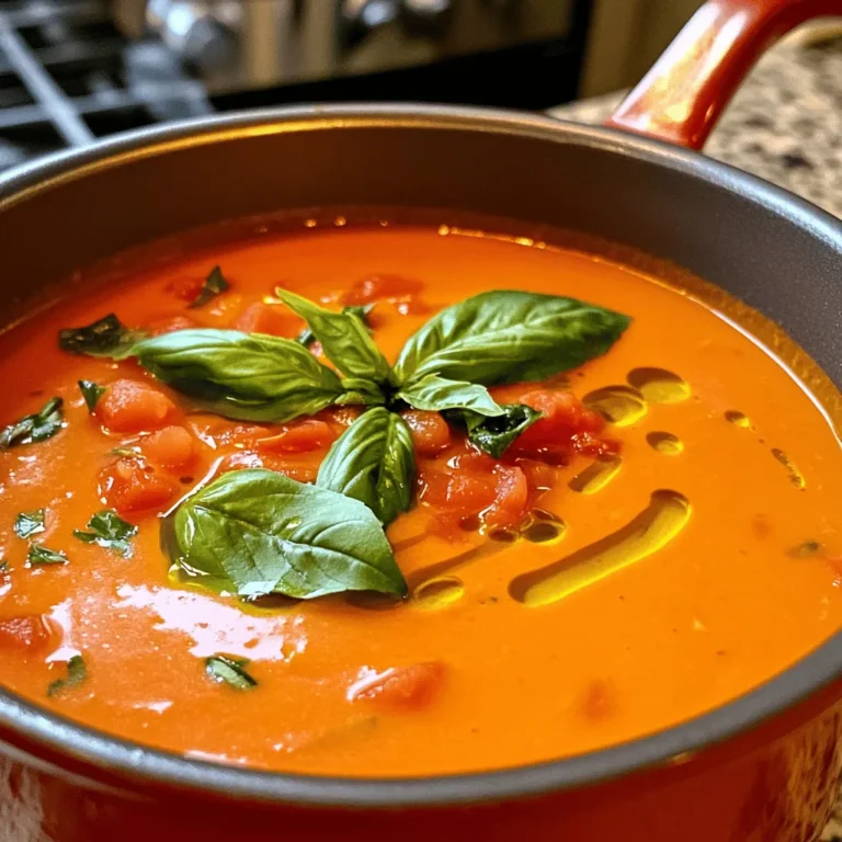 - 2 tablespoons olive oil - 1 medium onion, diced - 3 cloves garlic, minced - 2 cans (14.5 oz each) diced tomatoes (with juice) - 2 cups vegetable broth - 1 cup heavy cream (or coconut milk for a vegan option) - 1 tablespoon sugar (to balance acidity) - Salt and pepper to taste - 1 teaspoon dried oregano - Fresh basil leaves, roughly chopped (reserve some for garnish) If you want to make this soup vegan, you can swap heavy cream for coconut milk. This keeps the soup rich and creamy. If you are avoiding gluten, ensure your vegetable broth is gluten-free. You can also use fresh herbs instead of dried for a brighter taste. Using fresh tomatoes can make the soup taste bright and fresh. If you use fresh tomatoes, you may need about 6-8 ripe ones. Peel, seed, and chop them before adding to your pot. Canned tomatoes are great for convenience. They are already cooked and seasoned, which saves time. Both options work well, but canned tomatoes give you a richer flavor without extra work. For the full recipe, check out the Creamy Tomato Basil Delight! Start by heating olive oil in a large pot. Use medium heat for this. Add the diced onion and stir. Let it cook for about five minutes. You want it to look clear, not brown. Next, add the minced garlic and cook for one to two minutes. You will smell a nice aroma. Now, pour in the canned tomatoes with their juice. Add the vegetable broth, sugar, and oregano. Bring everything to a boil. After that, reduce the heat. Let it simmer for twenty minutes. Stir it occasionally to keep it from sticking. Once the soup has simmered, it’s time to blend. Use an immersion blender if you have one. Carefully blend the soup until it is smooth. If you don’t own an immersion blender, use a standard blender. Be careful when transferring the hot soup. Blend it in small batches. This helps prevent spills and burns. After blending, make sure it is nice and creamy. Return the smooth soup to the pot if you used a standard blender. Now, stir in the heavy cream or coconut milk. Heat the soup on low. Taste it and season with salt and pepper. This is your chance to adjust the flavor. Just before serving, mix in the chopped fresh basil. Set aside some leaves for garnish. Serve the soup hot. Drizzle some olive oil on top and add the reserved basil leaves. Enjoy your creamy tomato basil soup! For the full recipe, check out the details above. To boost flavor, add fresh basil leaves at the end of cooking. They bring a bright, fresh taste. You can also try adding a pinch of red pepper flakes for heat. If you want a deeper flavor, include some dried oregano. Spice up the soup with a dash of your favorite hot sauce, too. Experiment with herbs like thyme or parsley for unique twists. For a creamy texture, use heavy cream or coconut milk. Heavy cream gives a rich taste, while coconut milk is great for vegan diets. Add the cream slowly and stir well to mix. If you want a lighter soup, use half-and-half instead. Blending the soup well is key, as it helps create a smooth base. One common mistake is not sautéing the onions enough. They should be soft and translucent for the best flavor. Another error is adding too much acid, like lemon juice, too early. Always taste as you go, and adjust seasoning last. Watch the heat when blending, as hot soup can splatter. Lastly, remember to save some fresh basil for garnish; it makes the soup look beautiful. For the full recipe, check out the detailed steps and enjoy your delicious meal! {{image_2}} You can easily make this soup vegan. Just swap the heavy cream with coconut milk. It adds a nice creaminess and rich flavor. Use fresh basil and diced tomatoes for vibrant taste. This option keeps the soup light yet satisfying. Want to boost nutrition? Add protein like cooked beans or lentils. You can also mix in vegetables. Spinach, zucchini, or bell peppers work great. They add color and health benefits. Just chop and toss them in during the simmering stage. For a unique taste, try adding spices like cumin or smoked paprika. A splash of balsamic vinegar gives a sweet twist. You can also stir in some pesto for depth. Each addition brings new life to the soup, making it fun to explore. Check the Full Recipe for more ways to customize it! To store your creamy tomato basil soup, let it cool first. Then, pour it into an airtight container. Make sure to seal it well. You can keep it in the fridge for up to five days. If you want to keep it longer, freezing is a great option. For long-term storage, freeze the soup in freezer-safe bags or containers. Leave some space at the top, as the soup will expand when frozen. You can freeze it for up to three months. Label your containers with the date to keep track. When you’re ready to enjoy your soup, thaw it in the fridge overnight. You can reheat it on the stove over low heat. Stir it often to avoid burning. If the soup seems too thick, add a splash of broth or water. You can also use a microwave. Heat it in a microwave-safe bowl, stirring every minute until hot. Enjoy your delicious soup! Yes, you can use fresh tomatoes. You will need about 10 to 12 ripe tomatoes. Start by blanching them in hot water for a minute. Then, remove the skins and chop them. Fresh tomatoes can add a bright flavor. Just remember to adjust the cooking time. You may need to cook them longer to break down. To add heat, try these simple methods: - Add a pinch of red pepper flakes while cooking. - Stir in chopped fresh jalapeños or serranos. - Mix in a dash of hot sauce just before serving. Each option gives a nice kick. Just be careful not to overpower the soup. This soup pairs well with many dishes. Here are some tasty options: - Grilled cheese sandwiches. - Crusty bread or baguette. - A fresh green salad. - Garlic bread for extra flavor. These sides enhance the meal and make it more filling. Enjoy the soup with your favorite pairings. Check out the Full Recipe for more ideas! In this blog post, you learned how to make a delicious creamy tomato basil soup. I shared a complete list of ingredients and offered substitutions for different dietary needs. You now know how to prepare the soup, blend it smoothly, and add the perfect seasoning. I also provided tips to enhance flavor and avoid common mistakes. Lastly, I covered variations, storage, and answered key FAQs. Enjoy your cooking and experimenting with this recipe! Trust me, it’s worth it. Happy cooking!