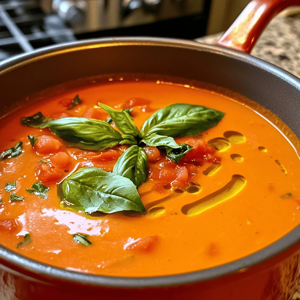 - 2 tablespoons olive oil - 1 medium onion, diced - 3 cloves garlic, minced - 2 cans (14.5 oz each) diced tomatoes (with juice) - 2 cups vegetable broth - 1 cup heavy cream (or coconut milk for a vegan option) - 1 tablespoon sugar (to balance acidity) - Salt and pepper to taste - 1 teaspoon dried oregano - Fresh basil leaves, roughly chopped (reserve some for garnish) If you want to make this soup vegan, you can swap heavy cream for coconut milk. This keeps the soup rich and creamy. If you are avoiding gluten, ensure your vegetable broth is gluten-free. You can also use fresh herbs instead of dried for a brighter taste. Using fresh tomatoes can make the soup taste bright and fresh. If you use fresh tomatoes, you may need about 6-8 ripe ones. Peel, seed, and chop them before adding to your pot. Canned tomatoes are great for convenience. They are already cooked and seasoned, which saves time. Both options work well, but canned tomatoes give you a richer flavor without extra work. For the full recipe, check out the Creamy Tomato Basil Delight! Start by heating olive oil in a large pot. Use medium heat for this. Add the diced onion and stir. Let it cook for about five minutes. You want it to look clear, not brown. Next, add the minced garlic and cook for one to two minutes. You will smell a nice aroma. Now, pour in the canned tomatoes with their juice. Add the vegetable broth, sugar, and oregano. Bring everything to a boil. After that, reduce the heat. Let it simmer for twenty minutes. Stir it occasionally to keep it from sticking. Once the soup has simmered, it’s time to blend. Use an immersion blender if you have one. Carefully blend the soup until it is smooth. If you don’t own an immersion blender, use a standard blender. Be careful when transferring the hot soup. Blend it in small batches. This helps prevent spills and burns. After blending, make sure it is nice and creamy. Return the smooth soup to the pot if you used a standard blender. Now, stir in the heavy cream or coconut milk. Heat the soup on low. Taste it and season with salt and pepper. This is your chance to adjust the flavor. Just before serving, mix in the chopped fresh basil. Set aside some leaves for garnish. Serve the soup hot. Drizzle some olive oil on top and add the reserved basil leaves. Enjoy your creamy tomato basil soup! For the full recipe, check out the details above. To boost flavor, add fresh basil leaves at the end of cooking. They bring a bright, fresh taste. You can also try adding a pinch of red pepper flakes for heat. If you want a deeper flavor, include some dried oregano. Spice up the soup with a dash of your favorite hot sauce, too. Experiment with herbs like thyme or parsley for unique twists. For a creamy texture, use heavy cream or coconut milk. Heavy cream gives a rich taste, while coconut milk is great for vegan diets. Add the cream slowly and stir well to mix. If you want a lighter soup, use half-and-half instead. Blending the soup well is key, as it helps create a smooth base. One common mistake is not sautéing the onions enough. They should be soft and translucent for the best flavor. Another error is adding too much acid, like lemon juice, too early. Always taste as you go, and adjust seasoning last. Watch the heat when blending, as hot soup can splatter. Lastly, remember to save some fresh basil for garnish; it makes the soup look beautiful. For the full recipe, check out the detailed steps and enjoy your delicious meal! {{image_2}} You can easily make this soup vegan. Just swap the heavy cream with coconut milk. It adds a nice creaminess and rich flavor. Use fresh basil and diced tomatoes for vibrant taste. This option keeps the soup light yet satisfying. Want to boost nutrition? Add protein like cooked beans or lentils. You can also mix in vegetables. Spinach, zucchini, or bell peppers work great. They add color and health benefits. Just chop and toss them in during the simmering stage. For a unique taste, try adding spices like cumin or smoked paprika. A splash of balsamic vinegar gives a sweet twist. You can also stir in some pesto for depth. Each addition brings new life to the soup, making it fun to explore. Check the Full Recipe for more ways to customize it! To store your creamy tomato basil soup, let it cool first. Then, pour it into an airtight container. Make sure to seal it well. You can keep it in the fridge for up to five days. If you want to keep it longer, freezing is a great option. For long-term storage, freeze the soup in freezer-safe bags or containers. Leave some space at the top, as the soup will expand when frozen. You can freeze it for up to three months. Label your containers with the date to keep track. When you’re ready to enjoy your soup, thaw it in the fridge overnight. You can reheat it on the stove over low heat. Stir it often to avoid burning. If the soup seems too thick, add a splash of broth or water. You can also use a microwave. Heat it in a microwave-safe bowl, stirring every minute until hot. Enjoy your delicious soup! Yes, you can use fresh tomatoes. You will need about 10 to 12 ripe tomatoes. Start by blanching them in hot water for a minute. Then, remove the skins and chop them. Fresh tomatoes can add a bright flavor. Just remember to adjust the cooking time. You may need to cook them longer to break down. To add heat, try these simple methods: - Add a pinch of red pepper flakes while cooking. - Stir in chopped fresh jalapeños or serranos. - Mix in a dash of hot sauce just before serving. Each option gives a nice kick. Just be careful not to overpower the soup. This soup pairs well with many dishes. Here are some tasty options: - Grilled cheese sandwiches. - Crusty bread or baguette. - A fresh green salad. - Garlic bread for extra flavor. These sides enhance the meal and make it more filling. Enjoy the soup with your favorite pairings. Check out the Full Recipe for more ideas! In this blog post, you learned how to make a delicious creamy tomato basil soup. I shared a complete list of ingredients and offered substitutions for different dietary needs. You now know how to prepare the soup, blend it smoothly, and add the perfect seasoning. I also provided tips to enhance flavor and avoid common mistakes. Lastly, I covered variations, storage, and answered key FAQs. Enjoy your cooking and experimenting with this recipe! Trust me, it’s worth it. Happy cooking!
