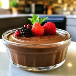 For a rich and creamy vegan chocolate mousse, you need a few key ingredients: - 1 cup silken tofu, drained - 1/2 cup dairy-free dark chocolate chips - 1/4 cup maple syrup - 1 teaspoon vanilla extract - A pinch of sea salt - 1/4 cup coconut cream (optional, for extra creaminess) - Fresh berries and mint leaves for garnish Silken tofu gives your mousse a smooth texture. The dairy-free dark chocolate chips provide that deep chocolate flavor. Maple syrup adds sweetness without dairy. Vanilla extract enhances all the flavors, while sea salt balances them out. Coconut cream can make the mousse creamier if you want. If you don’t have all the ingredients, don’t worry! You can make some easy swaps. If you can’t find silken tofu, you can use avocado or cashew cream instead. For the chocolate, any dairy-free chocolate works well. You can swap maple syrup for agave nectar or date syrup if you prefer. Instead of vanilla extract, you can try almond extract for a different flavor. You don’t need fancy tools to make this mousse. Here’s what you will need: - A heatproof bowl for melting chocolate - A pot for the double boiler method - A blender or food processor for mixing - Serving dishes or ramekins for chilling the mousse These simple tools make it easy to prepare your vegan chocolate mousse. You can find the complete recipe in the full recipe section, which will guide you through the steps. Start by melting the dairy-free dark chocolate chips. You have two easy options. First, use a double boiler. Fill a pot with a little water and bring it to a simmer. Place a heatproof bowl on top with the chocolate chips. Stir as the chocolate melts. Second, you can use the microwave. Place the chips in a bowl and heat in short bursts. Stir between each burst. Stop when the chocolate is smooth and shiny. Next, it’s time to blend. In your blender or food processor, add the silken tofu, melted chocolate, maple syrup, vanilla extract, and a pinch of sea salt. If you want it creamier, add the coconut cream. Blend on high speed until everything is smooth and fluffy. Make sure to scrape down the sides to mix well. Taste your mousse and add more maple syrup if you like it sweeter. Blend briefly again to mix. Now, transfer the mousse into serving dishes or ramekins. Place them in the fridge for at least 2 hours. This chill time helps the mousse set and become firm. When you're ready to serve, garnish each dish with fresh berries and a sprig of mint. This adds a fun pop of color and flavor. Enjoy your rich vegan chocolate mousse! You can find the full recipe above for more details. To get that rich, creamy texture, use silken tofu. It blends smoothly and adds a nice base. After blending, the mousse should feel light and fluffy. If you want it creamier, add coconut cream. Blend until the mix is completely smooth. This ensures every bite feels like a treat. Taste is key when making this mousse. Start with the suggested amount of maple syrup. After blending, taste the mousse. If it needs more sweetness, add a little more maple syrup. Blend again briefly. This way, you control the sweetness to fit your taste. Presentation matters! Serve the mousse in clear cups or ramekins. This shows off its rich color. Top with fresh berries for a pop of flavor and color. Mint leaves also add a nice touch. You can even drizzle a bit of extra syrup on top. For the full experience, check out the Full Recipe. {{image_2}} You can add different flavors to vegan chocolate mousse. Coffee enhances the chocolate taste. Just add 1 tablespoon of brewed coffee into the mix. For a fruity twist, consider orange. Add 1 teaspoon of orange zest for a bright flavor. You can also try mint by adding mint extract. Each flavor gives you a new dessert experience. Toppings can make your mousse even better. Fresh berries add color and taste. You can use strawberries, raspberries, or blueberries. Crushed nuts bring a nice crunch. If you want a sweet touch, add coconut flakes. For a rich finish, drizzle with extra melted chocolate. These toppings make each bite special. If you need a nut-free option, simply skip any nuts in the recipe. Instead of silken tofu, use aquafaba. Aquafaba is the liquid from canned chickpeas. It whips up light and fluffy. This change keeps the mousse creamy without soy. You can still enjoy a delicious dessert with these swaps. For the full recipe, check out the details above. Enjoy making this dessert your own! To keep your vegan chocolate mousse fresh, store it in the fridge. Use airtight containers to avoid the mousse absorbing other smells. Cover the top with plastic wrap or a lid. This way, it stays smooth and tasty. Your vegan chocolate mousse will last about 3 to 5 days in the fridge. After that, it may lose its creamy texture. Always check for any off smells or changes in color before eating. You can freeze your mousse if you want to save some for later. Scoop it into a freezer-safe container. Leave some space at the top for expansion. When you’re ready to eat, move it to the fridge to thaw overnight. Once thawed, stir gently to restore the texture. Enjoy this decadent treat whenever you like! Check out the Full Recipe for more details. Vegan chocolate mousse is a creamy dessert made from simple, plant-based ingredients. The main ingredient is silken tofu, which gives the mousse its smooth texture. I also use dairy-free dark chocolate chips for rich flavor. Maple syrup adds sweetness, while vanilla extract gives a lovely aroma. A pinch of sea salt enhances the taste. You can add coconut cream for extra creaminess. For the full recipe, check out the details above. Using regular chocolate is not recommended for vegan mousse. Regular chocolate contains dairy, which goes against vegan principles. If you want to keep it vegan, always choose dairy-free chocolate chips. They melt well and taste great. You can find many options in stores, often labeled as dairy-free or vegan. If you want to skip tofu, you can use avocados instead. Avocados provide a creamy texture and are rich in healthy fats. Simply blend ripe avocados with melted dairy-free chocolate, maple syrup, and vanilla extract. Adjust sweetness as needed. This version is also delicious and offers a different flavor profile. In this blog post, I shared how to make vegan chocolate mousse using simple ingredients. You learned about key components, essential tools, and step-by-step instructions. I also offered tips for texture and sweetness and suggested fun variations. Lastly, I covered storage best practices and popular questions. I hope you feel inspired to create your own delicious mousse. Enjoy the rich taste and plant-based goodness!