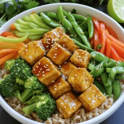 To make crispy teriyaki tofu bowls, gather these ingredients: - 1 block firm tofu, pressed and drained - 1/4 cup cornstarch - 2 tablespoons vegetable oil - 1 cup cooked brown rice - 1 cup broccoli florets - 1 cup snap peas - 1 carrot, julienned - 1 red bell pepper, sliced - 1/4 cup teriyaki sauce - 1 tablespoon sesame seeds - 2 green onions, sliced - Optional: lime wedges for serving You’ll need a few key tools to make this dish: - A large non-stick skillet - A sharp knife for cutting - A cutting board - A bowl for mixing - A steamer or pot for the veggies If you’re missing some items, here are some easy swaps: - Tofu: Use tempeh or seitan for a different protein. - Brown rice: Quinoa or white rice works well too. - Vegetables: You can use any mix of your favorites, like bell peppers or bok choy. - Teriyaki sauce: Soy sauce with a bit of honey or maple syrup can work in a pinch. This recipe is all about flexibility, so feel free to get creative! You can find the full recipe at the beginning of this article. Start with a block of firm tofu. Cut it into small cubes. Press the tofu using a clean towel. This step removes excess water. It helps the tofu get crispy. After pressing, pat the tofu dry with a paper towel. You want it completely dry for the best texture. In a bowl, add cornstarch over the cubed tofu. Toss it gently to coat every piece. This coating gives the tofu a crunchy crust. Heat vegetable oil in a non-stick skillet over medium-high heat. Add the coated tofu to the hot oil. Cook for about 8-10 minutes. Turn the tofu regularly until it is golden brown on all sides. While the tofu cooks, steam your veggies. Steam broccoli florets and snap peas for about 3-4 minutes. They should be bright and slightly tender. When the tofu is crispy, lower the heat. Pour teriyaki sauce over the tofu in the skillet. Stir gently to coat the tofu. Let it cook for an extra 1-2 minutes. This warms the sauce and thickens it. Now, assemble your bowls. Start with cooked brown rice as your base. Top it with the crispy tofu, steamed veggies, julienned carrot, and sliced red bell pepper. Finish with sesame seeds and green onions on top. Enjoy your colorful, tasty meal! For the full recipe, check out the earlier sections. To get crispy tofu, start with firm tofu. Press it to remove excess water. Cut the tofu into small cubes. Pat them dry with a paper towel. This step is key for crispiness. Next, coat the cubes with cornstarch. This creates a crunchy outer layer. When cooking, use enough oil in your pan. Heat it well before adding the tofu. Cook until golden brown, turning regularly. This will give you that perfect crunch. Teriyaki sauce is sweet and savory, but you can enhance it. Try adding a splash of lime juice for brightness. A sprinkle of red pepper flakes adds heat. If you want more depth, mix in minced garlic or ginger. These flavors will elevate your dish. You can also use homemade teriyaki sauce if you prefer. Just combine soy sauce, honey, and sesame oil. This way, you control the taste. When serving your crispy teriyaki tofu, think about balance. Start with a base of brown rice. This adds fiber and makes it filling. Layer on the tofu and colorful veggies. Broccoli, snap peas, carrots, and bell peppers add nutrition. Don’t forget to garnish! Sesame seeds and sliced green onions add crunch and flavor. For a zesty touch, serve with lime wedges. This meal is not just tasty; it looks great too. For a full recipe, check out the detailed instructions above. {{image_2}} You can swap tofu for other plant proteins. Tempeh is a great choice. It has a firm texture and nutty flavor. Another option is seitan, which mimics meat well. For a lighter dish, use chickpeas or lentils. Both add protein and fiber. Add more veggies for color and nutrients. Spinach, kale, or zucchini can enhance your bowl. Mushrooms provide a savory taste and extra texture. Bell peppers come in many colors and add sweetness. Try adding corn for a pop of flavor and crunch. While brown rice is tasty, feel free to get creative. Quinoa is a great gluten-free choice. It’s packed with protein and has a fluffy texture. Cauliflower rice is a lower-carb option. You can even try barley for a chewy bite. Each grain adds its own unique flavor and texture. For the full recipe, follow the steps to create your own delicious Crispy Teriyaki Tofu Bowls! Storing leftover tofu bowls is easy. First, let them cool to room temperature. Then, place the bowls in an airtight container. This keeps the tofu and veggies fresh. Store them in the fridge for up to three days. Make sure to separate the rice from the other ingredients. This keeps everything crisp and tasty. When you’re ready to eat the leftovers, reheating is key. Use a microwave for quick warming. Place the bowl in the microwave and heat for about one to two minutes. Check halfway to stir the food for even heat. If you want the tofu crispy again, use a skillet. Heat a little oil in the pan and add the tofu until it sizzles. Freezing is a great way to save time. You can freeze the tofu bowls before adding the sauce. Once cooked, allow them to cool. Then, place tofu and veggies in a freezer-safe bag. Squeeze out the air before sealing. They can last up to three months in the freezer. When ready to eat, thaw them overnight in the fridge. Heat and add fresh teriyaki sauce before serving. For the full recipe, check the details above. Yes, you can try other sauces! Soy sauce, hoisin sauce, or even a sweet chili sauce work well. Each sauce will give a different taste to your dish. For a tangy kick, you could use a mix of soy sauce and rice vinegar. Just adjust the amount to your liking. To make this recipe gluten-free, use tamari instead of regular soy sauce. Tamari is a gluten-free soy sauce alternative. Also, check the cornstarch label to ensure it is gluten-free. Most brands are, but it’s good to double-check. Crispy teriyaki tofu bowls are packed with nutrients. Tofu offers protein and calcium, which help build strong bones. Vegetables like broccoli and snap peas are high in fiber, vitamins, and minerals. Brown rice adds healthy carbs for energy. This meal is balanced and filling. To add some heat, you can sprinkle red pepper flakes on top. You could also mix in some sriracha with the teriyaki sauce. For a fresh kick, try adding sliced jalapeños or a drizzle of chili oil. Adjust the spice level to fit your taste! This post covered how to make tasty tofu bowls. We discussed each ingredient, tools you need, and smart substitutions. You learned steps for preparing and cooking tofu to a nice crisp. I shared tips for flavor and texture, plus variations for a balanced meal. Lastly, we talked about storing and reheating leftovers. Tofu bowls are fun to make and packed with nutrients. Try these tips and enjoy your cooking!