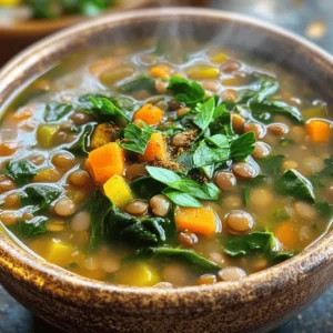 To make a hearty lentil soup with spinach, you need the following key ingredients: - 1 cup green or brown lentils, rinsed - 2 tablespoons olive oil - 1 onion, finely chopped - 3 garlic cloves, minced - 2 carrots, diced - 2 celery stalks, diced - 1 teaspoon ground cumin - 1 teaspoon smoked paprika - 6 cups vegetable broth - 4 cups fresh spinach - Salt and pepper to taste - Juice of 1 lemon - Fresh parsley, chopped (for garnish) These ingredients create a rich and flavorful soup that warms the soul. You can enhance your soup with these optional garnishes and add-ons: - Crumbled feta cheese for a salty kick - A dollop of yogurt for creaminess - Chopped nuts for crunch - Extra lemon wedges for brightness - A sprinkle of red pepper flakes for heat These additions let you customize your soup to fit your taste. To make this soup, gather these cooking tools: - A large pot for cooking - A cutting board and knife for chopping - A measuring cup for lentils and broth - A wooden spoon for stirring - A blender (optional, for a creamy texture) Having the right tools makes cooking easier and more fun. You can find the Full Recipe above to guide you through each step. Start by heating olive oil in a large pot over medium heat. Once hot, add your chopped onion. Cook for 3 to 4 minutes until the onion is soft and clear. Next, toss in minced garlic, diced carrots, and diced celery. Stir the mix for 5 to 7 minutes. You want the veggies to soften and blend together. Adding ground cumin and smoked paprika adds a nice touch. Stir these spices for about 1 minute. This step makes your kitchen smell amazing. Now, it’s time to add the rinsed lentils and vegetable broth to your pot. Stir everything well. Bring the mix to a boil, then reduce the heat to low. Cover your pot and let it simmer for 30 to 35 minutes. This cooking time helps the lentils become tender. Keep an eye on the pot to ensure it does not boil over. Check the lentils after 30 minutes. If they are soft, you are ready for the next step. After the lentils are done cooking, stir in the fresh spinach. Cook for an additional 5 to 7 minutes. You want the spinach to wilt and blend into the soup. Now, season your soup. Add salt, pepper, and lemon juice to taste. This adds brightness to the dish. If you like a creamier texture, blend a portion of the soup. Mix it back into the pot for a smooth finish. Serve your soup hot and garnish with fresh parsley. For the full recipe, check the details above. To cook lentils just right, rinse them first. This removes dust and debris. Use green or brown lentils for this soup. They hold their shape well. Bring your soup to a boil after adding lentils. Then, lower the heat. Cover the pot and let the lentils simmer. Check them after 30 minutes. They should be soft but not mushy. If they need more time, let them cook longer. Want to boost the flavor? Add herbs like thyme or bay leaves while it cooks. A splash of balsamic vinegar gives it a nice tang. You can also stir in some chopped tomatoes for extra sweetness. Try adding a pinch of red pepper flakes for heat. A squeeze of lemon juice brightens up the dish too. Each of these tips helps make your soup taste amazing. One mistake is overcooking the lentils. This makes them mushy and less tasty. Another is not seasoning enough. Taste your soup as it cooks. Adjust salt and pepper to your liking. Also, don’t skip the lemon juice. It balances the flavors. Lastly, be careful not to add too many veggies at once. This can dilute the lentil flavor. Follow these tips, and your soup will shine. For the full recipe, check out the Hearty Spinach Lentil Soup guide. {{image_2}} You can boost the protein in your lentil soup by adding chickpeas or sausage. Chickpeas add a nice texture and flavor. They are also a great plant-based protein. Just rinse and drain a can of chickpeas before adding them to your pot. If you prefer meat, try adding cooked sausage. Slice it and stir it in after the vegetables are soft. Both options add heartiness to your meal. Spinach is great, but feel free to swap it out for other greens. Kale or Swiss chard works well, too. If you use kale, chop the leaves finely. Add them a bit earlier, so they soften. For Swiss chard, remove the thick stems and chop the leaves. Add them in the last few minutes of cooking. This keeps the greens vibrant and tasty. This soup is naturally vegan and gluten-free, making it a healthy choice for many. To keep it vegan, stick with vegetable broth and skip any meat additions. Make sure to check the labels on your broth and any canned goods. Some can contain gluten or animal products. With these simple swaps, you can enjoy a delicious, healthy meal. For the full recipe, check out the detailed instructions provided. To keep your lentil soup fresh, store it in an airtight container. Make sure the soup cools completely before sealing the container. This step helps prevent moisture buildup, which can spoil the soup. Label the container with the date you made it. This will help you track when to use it. You can freeze lentil soup for later use. Pour the cooled soup into freezer-safe bags or containers. Leave some space at the top for expansion. When you’re ready to eat, thaw it in the fridge overnight. Reheat it on the stove over low heat, stirring often. You can also microwave it. Just make sure it heats evenly to avoid cold spots. Lentil soup will last about 3-4 days in the fridge. If you freeze it, it can last up to 6 months. After that, the soup may lose flavor and texture. Always check for signs of spoilage before eating. If it smells off or looks strange, it’s best to throw it out. Yes, you can use dried lentils! Just rinse them before cooking. Dried lentils need more time to cook. You should simmer them for about 30 to 35 minutes. Check if they are tender. This will give your soup a great texture and flavor. To add spice, you can use red pepper flakes or diced jalapeños. Stir these in when you add the spices. You might also try a dash of hot sauce. Adjust the amount based on your taste. Start small and add more if needed. This will warm up your soup and make it exciting! Lentil soup pairs well with crusty bread or a fresh salad. A side of rice or quinoa can also work great. If you want more protein, serve it with grilled chicken or fish. This will make your meal balanced and filling. Enjoy it with a squeeze of lemon for extra zest! For the complete recipe, check the Full Recipe. This blog post covered how to make a great lentil soup with spinach. You learned about key ingredients, cooking steps, and handy tips. I shared ideas for making it your own too. Whether you choose to add protein or different greens, the options are endless. Proper storage and reheating techniques help keep your soup fresh and tasty. With all this, you can create a hearty meal that’s sure to please everyone. Embrace your cooking skills and enjoy every spoonful!