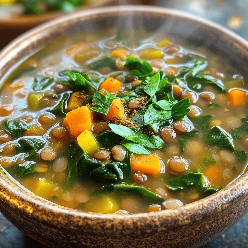 To make a hearty lentil soup with spinach, you need the following key ingredients: - 1 cup green or brown lentils, rinsed - 2 tablespoons olive oil - 1 onion, finely chopped - 3 garlic cloves, minced - 2 carrots, diced - 2 celery stalks, diced - 1 teaspoon ground cumin - 1 teaspoon smoked paprika - 6 cups vegetable broth - 4 cups fresh spinach - Salt and pepper to taste - Juice of 1 lemon - Fresh parsley, chopped (for garnish) These ingredients create a rich and flavorful soup that warms the soul. You can enhance your soup with these optional garnishes and add-ons: - Crumbled feta cheese for a salty kick - A dollop of yogurt for creaminess - Chopped nuts for crunch - Extra lemon wedges for brightness - A sprinkle of red pepper flakes for heat These additions let you customize your soup to fit your taste. To make this soup, gather these cooking tools: - A large pot for cooking - A cutting board and knife for chopping - A measuring cup for lentils and broth - A wooden spoon for stirring - A blender (optional, for a creamy texture) Having the right tools makes cooking easier and more fun. You can find the Full Recipe above to guide you through each step. Start by heating olive oil in a large pot over medium heat. Once hot, add your chopped onion. Cook for 3 to 4 minutes until the onion is soft and clear. Next, toss in minced garlic, diced carrots, and diced celery. Stir the mix for 5 to 7 minutes. You want the veggies to soften and blend together. Adding ground cumin and smoked paprika adds a nice touch. Stir these spices for about 1 minute. This step makes your kitchen smell amazing. Now, it’s time to add the rinsed lentils and vegetable broth to your pot. Stir everything well. Bring the mix to a boil, then reduce the heat to low. Cover your pot and let it simmer for 30 to 35 minutes. This cooking time helps the lentils become tender. Keep an eye on the pot to ensure it does not boil over. Check the lentils after 30 minutes. If they are soft, you are ready for the next step. After the lentils are done cooking, stir in the fresh spinach. Cook for an additional 5 to 7 minutes. You want the spinach to wilt and blend into the soup. Now, season your soup. Add salt, pepper, and lemon juice to taste. This adds brightness to the dish. If you like a creamier texture, blend a portion of the soup. Mix it back into the pot for a smooth finish. Serve your soup hot and garnish with fresh parsley. For the full recipe, check the details above. To cook lentils just right, rinse them first. This removes dust and debris. Use green or brown lentils for this soup. They hold their shape well. Bring your soup to a boil after adding lentils. Then, lower the heat. Cover the pot and let the lentils simmer. Check them after 30 minutes. They should be soft but not mushy. If they need more time, let them cook longer. Want to boost the flavor? Add herbs like thyme or bay leaves while it cooks. A splash of balsamic vinegar gives it a nice tang. You can also stir in some chopped tomatoes for extra sweetness. Try adding a pinch of red pepper flakes for heat. A squeeze of lemon juice brightens up the dish too. Each of these tips helps make your soup taste amazing. One mistake is overcooking the lentils. This makes them mushy and less tasty. Another is not seasoning enough. Taste your soup as it cooks. Adjust salt and pepper to your liking. Also, don’t skip the lemon juice. It balances the flavors. Lastly, be careful not to add too many veggies at once. This can dilute the lentil flavor. Follow these tips, and your soup will shine. For the full recipe, check out the Hearty Spinach Lentil Soup guide. {{image_2}} You can boost the protein in your lentil soup by adding chickpeas or sausage. Chickpeas add a nice texture and flavor. They are also a great plant-based protein. Just rinse and drain a can of chickpeas before adding them to your pot. If you prefer meat, try adding cooked sausage. Slice it and stir it in after the vegetables are soft. Both options add heartiness to your meal. Spinach is great, but feel free to swap it out for other greens. Kale or Swiss chard works well, too. If you use kale, chop the leaves finely. Add them a bit earlier, so they soften. For Swiss chard, remove the thick stems and chop the leaves. Add them in the last few minutes of cooking. This keeps the greens vibrant and tasty. This soup is naturally vegan and gluten-free, making it a healthy choice for many. To keep it vegan, stick with vegetable broth and skip any meat additions. Make sure to check the labels on your broth and any canned goods. Some can contain gluten or animal products. With these simple swaps, you can enjoy a delicious, healthy meal. For the full recipe, check out the detailed instructions provided. To keep your lentil soup fresh, store it in an airtight container. Make sure the soup cools completely before sealing the container. This step helps prevent moisture buildup, which can spoil the soup. Label the container with the date you made it. This will help you track when to use it. You can freeze lentil soup for later use. Pour the cooled soup into freezer-safe bags or containers. Leave some space at the top for expansion. When you’re ready to eat, thaw it in the fridge overnight. Reheat it on the stove over low heat, stirring often. You can also microwave it. Just make sure it heats evenly to avoid cold spots. Lentil soup will last about 3-4 days in the fridge. If you freeze it, it can last up to 6 months. After that, the soup may lose flavor and texture. Always check for signs of spoilage before eating. If it smells off or looks strange, it’s best to throw it out. Yes, you can use dried lentils! Just rinse them before cooking. Dried lentils need more time to cook. You should simmer them for about 30 to 35 minutes. Check if they are tender. This will give your soup a great texture and flavor. To add spice, you can use red pepper flakes or diced jalapeños. Stir these in when you add the spices. You might also try a dash of hot sauce. Adjust the amount based on your taste. Start small and add more if needed. This will warm up your soup and make it exciting! Lentil soup pairs well with crusty bread or a fresh salad. A side of rice or quinoa can also work great. If you want more protein, serve it with grilled chicken or fish. This will make your meal balanced and filling. Enjoy it with a squeeze of lemon for extra zest! For the complete recipe, check the Full Recipe. This blog post covered how to make a great lentil soup with spinach. You learned about key ingredients, cooking steps, and handy tips. I shared ideas for making it your own too. Whether you choose to add protein or different greens, the options are endless. Proper storage and reheating techniques help keep your soup fresh and tasty. With all this, you can create a hearty meal that’s sure to please everyone. Embrace your cooking skills and enjoy every spoonful!