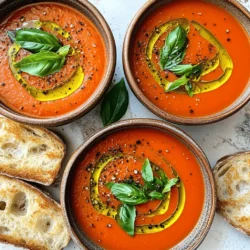 Creating a fresh and flavorful tomato basil soup starts with quality ingredients. Here’s what you need: - 2 tablespoons olive oil - 1 medium onion, diced - 3 cloves garlic, minced - 2 cans (14 oz each) diced tomatoes (with juice) - 2 cups vegetable broth - 1 teaspoon sugar - 1 teaspoon dried oregano - Salt and pepper to taste - 1 cup fresh basil leaves, chopped - 1/2 cup heavy cream (optional, for creaminess) - Crusty bread or croutons for serving Each ingredient plays a key role in making this soup bright and vibrant. The olive oil adds richness, while the onion and garlic give it depth. Canned tomatoes offer a sweet base, and vegetable broth brings everything together. A touch of sugar balances the acidity, while oregano gives a hint of warmth. Fresh basil adds a burst of flavor, and heavy cream can make the soup extra smooth if you choose to include it. For serving, crusty bread or croutons adds a nice crunch. This recipe truly shines when you use fresh ingredients, so don’t skip on quality! Check out the Full Recipe for more details. 1. Heat the olive oil in a large saucepan over medium heat. Add the diced onion and cook for about 5 minutes. The onion should become soft and clear. 2. Next, add the minced garlic. Cook it for one more minute. This step fills your kitchen with a lovely aroma. 3. Now, pour in the canned diced tomatoes along with their juice. Add the vegetable broth and stir everything together. This mixture is the heart of your soup. 4. Season the soup with sugar, dried oregano, salt, and pepper. Bring it to a gentle boil. Then, turn down the heat and let it simmer for 20 minutes. This time helps the flavors mix well. 5. After simmering, take the soup off the heat and let it cool for a few minutes. 6. Use an immersion blender to blend the soup until it is smooth. If you do not have one, you can blend it in batches with a regular blender. 1. Return the blended soup to the saucepan. Stir in the chopped fresh basil and heavy cream if you want creaminess. Heat the soup through for 5 minutes. 2. Taste your soup and adjust the seasoning as needed. You can add more salt, pepper, or herbs. 3. For a great presentation, serve the soup in bowls. Drizzle olive oil on top, sprinkle fresh basil, and add a slice of crusty bread or croutons. This makes every bite delightful. For the full recipe, refer to the earlier section. To make the best tomato basil soup, focus on fresh ingredients. Use ripe tomatoes when possible. They add a lovely sweetness. Fresh basil gives the soup a bright flavor. Always taste as you cook. Adjust salt and pepper to your liking. A common mistake is boiling the soup too long. This can cook away the fresh flavors. Instead, let it simmer gently. This helps the tastes blend nicely. Avoid adding too much sugar. It can mask the natural sweetness of the tomatoes. Just a teaspoon is enough. Another tip is to sauté the onions and garlic well. This builds a great base for your soup. Cook them until soft, but not browned. This brings out their best taste without burning. For this soup, you need some simple tools. A large saucepan is key for cooking. A sharp knife helps you chop the onions and garlic easily. An immersion blender is a game-changer. It allows you to blend the soup right in the pot. No need to transfer it to a blender. If you don’t have one, a regular blender works too. Just be careful with hot liquids. Having a cutting board makes chopping easy. A ladle can help with serving. Enjoy your delicious soup! For more details, check the Full Recipe. {{image_2}} You can easily adapt this tomato basil soup to fit your diet. If you want a vegan version, simply omit the heavy cream. Instead, use vegetable broth for a rich flavor. It still tastes great without the cream. For those who need a gluten-free option, check all your ingredients. Many canned tomatoes and vegetable broths are gluten-free. This way, you can enjoy the soup without worry. To make your soup even better, try adding spices or herbs. A pinch of red pepper flakes gives a nice kick. Fresh thyme or rosemary can add a new twist. You can mix and match to find your favorite flavors. Experimenting with different herbs can change the whole dish. Each herb brings its own taste and aroma. Don't be afraid to play with the recipe. These changes can turn a simple soup into a unique meal. For the full recipe, check the details above and let your creativity shine! Tomato basil soup can last in the fridge for about five days. Make sure to cool it completely first. Store it in an airtight container. This helps keep the flavors fresh. When you are ready to eat, just reheat it on the stove. Stir often to heat it evenly. To freeze the soup, let it cool down completely. Then, pour it into freezer-safe bags or containers. Leave some space at the top because it will expand. Seal them tightly to avoid freezer burn. You can freeze it for up to three months. When you want to enjoy it again, take it out and thaw it in the fridge overnight. Reheat it on the stove over low heat. Stir well to mix the ingredients. If it seems too thick, add a bit of vegetable broth or water. This keeps the soup smooth and tasty. For the full recipe, check out my Hearty Tomato Basil Delight. What are the health benefits of tomato basil soup? Tomato basil soup is full of nutrients. Tomatoes offer vitamins A and C, which boost your immune system. They also contain antioxidants that fight free radicals. Basil adds flavor and has anti-inflammatory properties. This soup is low in calories, making it a great choice for a healthy meal. Can I use fresh tomatoes instead of canned? Yes, you can use fresh tomatoes! Just chop about 6 to 8 ripe tomatoes. Make sure to remove the skins for a smoother texture. You may need to add a little extra broth since fresh tomatoes have more water content. The flavor will be bright and fresh, perfect for your soup. How do I thicken my tomato basil soup? To thicken your soup, you have a few options. You can simmer it longer to reduce the liquid. Another way is to add a potato. Just peel and chop it, then cook it in the soup. Lastly, blend some of the soup and mix it back in for a creamier texture. You learned how to make delicious tomato basil soup step by step. We covered key ingredients, cooking methods, and tips for a perfect flavor. You can even adapt this soup for dietary needs. Remember, fresh herbs and simple tools make a big difference. I love how this soup is both tasty and heart-healthy. Enjoy experimenting with your own variations, and don’t forget to store leftovers properly. Happy cooking!