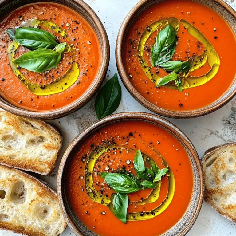 Creating a fresh and flavorful tomato basil soup starts with quality ingredients. Here’s what you need: - 2 tablespoons olive oil - 1 medium onion, diced - 3 cloves garlic, minced - 2 cans (14 oz each) diced tomatoes (with juice) - 2 cups vegetable broth - 1 teaspoon sugar - 1 teaspoon dried oregano - Salt and pepper to taste - 1 cup fresh basil leaves, chopped - 1/2 cup heavy cream (optional, for creaminess) - Crusty bread or croutons for serving Each ingredient plays a key role in making this soup bright and vibrant. The olive oil adds richness, while the onion and garlic give it depth. Canned tomatoes offer a sweet base, and vegetable broth brings everything together. A touch of sugar balances the acidity, while oregano gives a hint of warmth. Fresh basil adds a burst of flavor, and heavy cream can make the soup extra smooth if you choose to include it. For serving, crusty bread or croutons adds a nice crunch. This recipe truly shines when you use fresh ingredients, so don’t skip on quality! Check out the Full Recipe for more details. 1. Heat the olive oil in a large saucepan over medium heat. Add the diced onion and cook for about 5 minutes. The onion should become soft and clear. 2. Next, add the minced garlic. Cook it for one more minute. This step fills your kitchen with a lovely aroma. 3. Now, pour in the canned diced tomatoes along with their juice. Add the vegetable broth and stir everything together. This mixture is the heart of your soup. 4. Season the soup with sugar, dried oregano, salt, and pepper. Bring it to a gentle boil. Then, turn down the heat and let it simmer for 20 minutes. This time helps the flavors mix well. 5. After simmering, take the soup off the heat and let it cool for a few minutes. 6. Use an immersion blender to blend the soup until it is smooth. If you do not have one, you can blend it in batches with a regular blender. 1. Return the blended soup to the saucepan. Stir in the chopped fresh basil and heavy cream if you want creaminess. Heat the soup through for 5 minutes. 2. Taste your soup and adjust the seasoning as needed. You can add more salt, pepper, or herbs. 3. For a great presentation, serve the soup in bowls. Drizzle olive oil on top, sprinkle fresh basil, and add a slice of crusty bread or croutons. This makes every bite delightful. For the full recipe, refer to the earlier section. To make the best tomato basil soup, focus on fresh ingredients. Use ripe tomatoes when possible. They add a lovely sweetness. Fresh basil gives the soup a bright flavor. Always taste as you cook. Adjust salt and pepper to your liking. A common mistake is boiling the soup too long. This can cook away the fresh flavors. Instead, let it simmer gently. This helps the tastes blend nicely. Avoid adding too much sugar. It can mask the natural sweetness of the tomatoes. Just a teaspoon is enough. Another tip is to sauté the onions and garlic well. This builds a great base for your soup. Cook them until soft, but not browned. This brings out their best taste without burning. For this soup, you need some simple tools. A large saucepan is key for cooking. A sharp knife helps you chop the onions and garlic easily. An immersion blender is a game-changer. It allows you to blend the soup right in the pot. No need to transfer it to a blender. If you don’t have one, a regular blender works too. Just be careful with hot liquids. Having a cutting board makes chopping easy. A ladle can help with serving. Enjoy your delicious soup! For more details, check the Full Recipe. {{image_2}} You can easily adapt this tomato basil soup to fit your diet. If you want a vegan version, simply omit the heavy cream. Instead, use vegetable broth for a rich flavor. It still tastes great without the cream. For those who need a gluten-free option, check all your ingredients. Many canned tomatoes and vegetable broths are gluten-free. This way, you can enjoy the soup without worry. To make your soup even better, try adding spices or herbs. A pinch of red pepper flakes gives a nice kick. Fresh thyme or rosemary can add a new twist. You can mix and match to find your favorite flavors. Experimenting with different herbs can change the whole dish. Each herb brings its own taste and aroma. Don't be afraid to play with the recipe. These changes can turn a simple soup into a unique meal. For the full recipe, check the details above and let your creativity shine! Tomato basil soup can last in the fridge for about five days. Make sure to cool it completely first. Store it in an airtight container. This helps keep the flavors fresh. When you are ready to eat, just reheat it on the stove. Stir often to heat it evenly. To freeze the soup, let it cool down completely. Then, pour it into freezer-safe bags or containers. Leave some space at the top because it will expand. Seal them tightly to avoid freezer burn. You can freeze it for up to three months. When you want to enjoy it again, take it out and thaw it in the fridge overnight. Reheat it on the stove over low heat. Stir well to mix the ingredients. If it seems too thick, add a bit of vegetable broth or water. This keeps the soup smooth and tasty. For the full recipe, check out my Hearty Tomato Basil Delight. What are the health benefits of tomato basil soup? Tomato basil soup is full of nutrients. Tomatoes offer vitamins A and C, which boost your immune system. They also contain antioxidants that fight free radicals. Basil adds flavor and has anti-inflammatory properties. This soup is low in calories, making it a great choice for a healthy meal. Can I use fresh tomatoes instead of canned? Yes, you can use fresh tomatoes! Just chop about 6 to 8 ripe tomatoes. Make sure to remove the skins for a smoother texture. You may need to add a little extra broth since fresh tomatoes have more water content. The flavor will be bright and fresh, perfect for your soup. How do I thicken my tomato basil soup? To thicken your soup, you have a few options. You can simmer it longer to reduce the liquid. Another way is to add a potato. Just peel and chop it, then cook it in the soup. Lastly, blend some of the soup and mix it back in for a creamier texture. You learned how to make delicious tomato basil soup step by step. We covered key ingredients, cooking methods, and tips for a perfect flavor. You can even adapt this soup for dietary needs. Remember, fresh herbs and simple tools make a big difference. I love how this soup is both tasty and heart-healthy. Enjoy experimenting with your own variations, and don’t forget to store leftovers properly. Happy cooking!