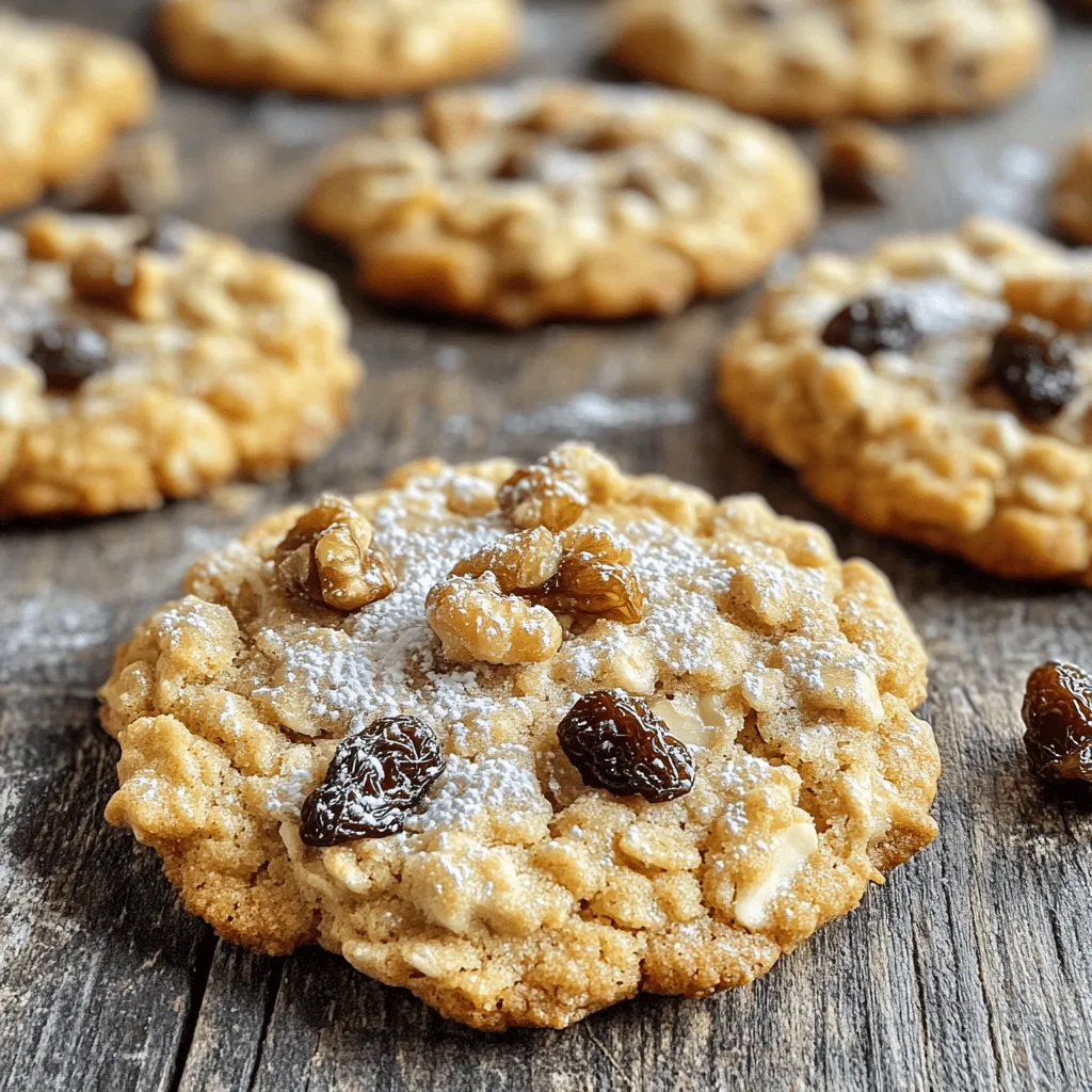 Making chewy oatmeal raisin cookies is simple and fun. You can whip up a batch in just 30 minutes. This recipe yields about 24 cookies. You will love how easy it is to mix the flavors together. To make these delicious cookies, you will need: - 1 cup all-purpose flour - 1 teaspoon baking soda - 1 teaspoon ground cinnamon - ½ teaspoon salt - ½ cup unsalted butter, softened - ½ cup brown sugar, packed - ½ cup granulated sugar - 1 large egg - 1 teaspoon vanilla extract - 1 ½ cups rolled oats - 1 cup raisins These ingredients create a perfect balance of sweet and chewy. The oats give you that hearty texture, while the raisins add a touch of natural sweetness. You can customize your cookies with a few optional ingredients: - ½ cup chopped walnuts (optional) If you want a nut-free version, simply skip the walnuts. You can also swap the raisins for chocolate chips or dried cranberries for a fun twist. These small changes can create new flavors and textures that keep your cookie game fresh! Start by preheating your oven to 350°F (175°C). This step is key for even baking. While the oven heats, line your baking sheet with parchment paper. This keeps cookies from sticking and makes cleanup easy. In a large bowl, cream together the softened butter, brown sugar, and granulated sugar. Mix until the mixture is light and fluffy. This process adds air to your dough, making it soft. Next, beat in one large egg and one teaspoon of vanilla extract. Combine everything well. This mix gives your cookies richness and flavor. In a smaller bowl, whisk together the flour, baking soda, ground cinnamon, and salt. Gradually add this dry mix into your wet mix. Stir gently until just combined. Overmixing can make cookies tough. Now, fold in the rolled oats, raisins, and walnuts if you choose to add them. Make sure everything is evenly mixed. Now you're ready to scoop tablespoon-sized portions of dough onto your prepared baking sheet. Space them about 2 inches apart. Bake in your preheated oven for 12-15 minutes. Look for lightly golden edges and set centers. Let the cookies cool on the baking sheet for 5 minutes before moving them to a wire rack. Enjoy your chewy oatmeal raisin cookies! For the complete recipe, check out the Full Recipe section. To get that chewy feel, use rolled oats. They add a great bite. Make sure you don't overmix the dough. Mix just until everything is combined. Also, don't bake for too long. The cookies should be soft in the middle when you take them out. Let them cool on the baking sheet for a few minutes. This helps them finish cooking and stay chewy. One big mistake is using too much flour. Measure it correctly by spooning it into the cup. Another mistake is baking at the wrong temperature. Always preheat your oven to 350°F. If your cookies spread too much, chill the dough. A short time in the fridge helps them hold their shape. Lastly, don’t skip the salt. It enhances all the sweet flavors. These cookies taste great warm with a glass of milk. You can also pair them with a cup of tea or coffee. For a fun twist, try adding a scoop of vanilla ice cream on top. They make a delicious dessert! You can even gift them in a decorative tin. Everyone loves a sweet treat! For more details, check out the Full Recipe. {{image_2}} You can make nut-free oatmeal raisin cookies easily. Just skip the walnuts in the recipe. This change keeps your cookies safe for those with nut allergies. You won't miss the nuts, as the oats and raisins give great flavor and texture. If you want gluten-free cookies, use gluten-free flour. Look for blends that work well for baking. You can also use almond flour or oat flour. These flours give a nice taste and keep the cookies chewy. Always check labels to ensure they are gluten-free. Want to spice up your cookies? Try adding chocolate chips or dried fruit. You could use cranberries, apricots, or cherries. These add sweetness and color. Another option is to mix in some coconut flakes for a fun twist. Each addition makes the cookies unique and fun to eat. For more detailed steps, check out the Full Recipe. To keep your cookies fresh, store them in an airtight container. This helps keep them soft and chewy. You can place a slice of bread in the container. The bread adds moisture and helps keep the cookies from drying out. It’s a simple trick that works wonders! Store the cookies at room temperature for up to one week. If you want to save some cookies for later, freezing is a great option. Allow the cookies to cool completely. Then, place them in a single layer on a baking sheet. Freeze them for about an hour. Once frozen, transfer the cookies to a freezer bag or container. This way, you can enjoy them later! They will stay fresh for up to three months in the freezer. When you're ready to enjoy your cookies again, reheating is easy. Preheat your oven to 350°F (175°C). Place the cookies on a baking sheet. Heat them for about 5 to 7 minutes. This warms them up and makes them soft again. You can also use the microwave. Heat for about 10 to 15 seconds, but be careful not to overheat. This will give you that fresh-baked taste every time! If your oatmeal raisin cookies are not chewy, it could be due to a few reasons. First, you might have overbaked them. Cookies need to be taken out when they are slightly underbaked, as they continue to cook on the pan. Another reason could be using too much flour. Make sure you measure flour correctly. Lastly, using old oats can also affect the texture. Fresh, rolled oats give the best chewiness. Yes, you can use quick oats, but they will change the cookie's texture. Quick oats absorb more moisture and make cookies flatter. If you want a chewier cookie, stick with rolled oats. They hold their shape better and create that perfect chewy bite. Oatmeal raisin cookies can last up to one week at room temperature in an airtight container. If you want them to last longer, you can freeze them. They will stay fresh for about three months in the freezer. Just make sure to wrap them tightly to prevent freezer burn. Absolutely! Adding chocolate chips can give a delightful twist to your cookies. You can mix in half a cup of chocolate chips along with the oats and raisins. This will create a sweet and rich flavor that pairs wonderfully with the spices in the cookies. The cookies are done when the edges are lightly golden. The center might look soft, but that’s perfect. They will firm up as they cool. If the cookies spread too much, it might mean that the dough was too warm when you scooped it. Always chill the dough if it feels too soft. Yes, you can make these cookies vegan! Replace the egg with a flax egg. To make a flax egg, mix 1 tablespoon of ground flaxseed with 2.5 tablespoons of water. Let it sit for a few minutes until it thickens. Use vegan butter instead of regular butter to keep the recipe plant-based. If you don’t have brown sugar, you can make your own. Just mix granulated sugar with a bit of molasses. Use one cup of granulated sugar and add one tablespoon of molasses for a similar flavor. This will help keep your cookies moist and chewy. Using fresh raisins is best for flavor and texture. If your raisins are hard, soak them in warm water for about 10 minutes to plump them up. This will help them add moisture to your cookies. In this post, we explored how to make chewy oatmeal raisin cookies. We discussed essential and optional ingredients, steps for mixing and baking, and tips for the perfect chewy texture. We also covered storage best practices and answered common questions. Baking cookies is fun and enjoyable. With these tips and steps, you can bake delicious cookies that everyone loves. Try different variations to find your favorite. Happy baking!