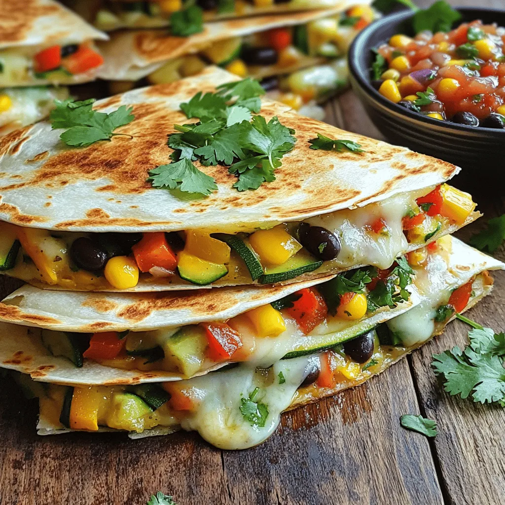 - Whole wheat tortilla - Shredded mozzarella cheese - Black beans - Corn kernels - Bell peppers (red and yellow) - Zucchini - Spices (cumin and chili powder) - Olive oil - Salt and pepper - Fresh cilantro (optional) - Salsa for serving To make tasty veggie quesadillas, you need a few simple ingredients. Start with a whole wheat tortilla. It adds a nice texture and flavor. Next, grab some shredded mozzarella cheese. This cheese melts beautifully, making your quesadilla gooey. Add black beans for protein. They also boost the dish's fiber. Don't forget corn kernels for sweetness and crunch. Bell peppers give a pop of color and taste. Use both red and yellow for a rainbow effect. Zucchini is another great veggie. It cooks quickly and adds moisture. Spices are key for flavor. Cumin and chili powder bring warmth and depth. You will also need olive oil for cooking. It helps the veggies sauté well. Salt and pepper enhance all the flavors, so use them to taste. Finally, fresh cilantro adds a nice touch, but it's optional. Serve your quesadillas with salsa for dipping. For the full recipe, check out the Rainbow Veggie Quesadillas section! - Heat 1 tablespoon of olive oil in a non-stick skillet over medium heat. - Add 1/4 cup diced red bell pepper, 1/4 cup diced yellow bell pepper, and 1/4 cup thinly sliced zucchini. Sauté these for 3-4 minutes until they soften a bit. - Stir in 1/4 cup black beans, 1/4 cup corn kernels, 1/4 teaspoon cumin, 1/4 teaspoon chili powder, and salt and pepper to taste. Cook for another 2 minutes until heated through. Set this vegetable mix aside. - Clean the skillet and place it back on heat. Put 1 whole wheat tortilla in the skillet. - Sprinkle half of 1/2 cup shredded mozzarella cheese on one half of the tortilla. - Evenly layer the cooked veggie mix on the cheese, then add the rest of the mozzarella on top. - Fold the tortilla over to cover the filling and press down gently. Cook for 2-3 minutes until the bottom turns golden brown and the cheese melts. - Flip the quesadilla carefully and cook for another 2-3 minutes until both sides are golden and crispy. - Remove from heat and let it cool for a minute. Slice the quesadilla into wedges. - Garnish with fresh cilantro if you like. - Serve with salsa for dipping. For the full recipe, check out the Rainbow Veggie Quesadillas. - Ensure even cooking on both sides. Flip carefully to avoid spills. - Use fresh vegetables for better flavor. Fresh produce adds bright tastes. - Experiment with cheese alternatives. Try cheddar, goat cheese, or a dairy-free option. - Use a tortilla press for even thickness. This helps cook evenly and crisp well. - Keep the skillet at medium heat for best results. This prevents burning while cooking. - Ideal side dishes for your veggie quesadilla include a fresh salad or guacamole. - Best beverages to complement the meal are light beers, lemonade, or sparkling water. For more details, check out the Full Recipe. {{image_2}} You can easily change this recipe to fit your needs. Here are some ideas: - Gluten-free tortilla options: Use corn tortillas or gluten-free wraps. Both work great. - Vegan cheese substitutions: Try almond, cashew, or soy cheese. They melt well and taste good. - Additional protein sources: Add tofu or tempeh for more protein. Both are tasty when cooked right. Want to make your quesadillas pop? Here are some flavor boosters: - Adding different spices or herbs: Try oregano, paprika, or fresh basil. Each adds a new twist. - Incorporating avocado or guacamole: Add creaminess and healthy fats. They make every bite better. - Using different types of cheese: Mix in sharp cheddar or pepper jack. These add unique flavors and melt nicely. Using local and seasonal ingredients makes a big difference. Here are some ideas: - Using seasonal vegetables: Try zucchini in summer or pumpkin in fall. Fresh veggies taste better. - Regional spice variations: Use spices from different regions. For example, add chipotle for a Mexican kick or smoked paprika for Southwestern flair. Feel free to explore these options. Your veggie quesadillas can be unique and delicious! For the full recipe, check out the Rainbow Veggie Quesadillas. To keep your veggie quesadillas fresh, store them in an airtight container. Place a piece of parchment paper between layers to prevent sticking. Refrigerate them right after they cool down. They will stay good for about 3 to 4 days. If you want to keep them longer, consider freezing. When reheating, the skillet is the best choice. Heat it over medium heat. This method helps keep the quesadilla crispy. If you use a microwave, place a paper towel underneath. This will absorb extra moisture and keep it from getting soggy. Heat in short bursts, checking often. Freezing quesadillas is easy. Wrap each one tightly in plastic wrap and then foil. Label them with the date. For best taste, use them within 2 to 3 months. When you’re ready to eat, remove the wrap and heat from frozen in the skillet. This will help maintain that lovely crispy texture. You can use several cheese options. Try cheddar, Monterey Jack, or pepper jack. If you want a vegan option, go for cashew cheese or tofu-based cheese. Each choice brings a unique flavor. Cheddar adds sharpness, while pepper jack gives a spicy kick. Choose what you like best for your quesadilla! Yes, you can prepare veggie quesadillas in advance. Cook the filling and let it cool. Fill the tortillas and wrap them tightly in foil or plastic wrap. Store them in the fridge for up to two days. When you are ready to eat, just heat them in a pan or the oven. This helps save time on busy days! To achieve a crispy quesadilla, use a hot skillet. Preheat the skillet on medium heat before adding oil. Use enough oil to coat the pan lightly. Press down on the quesadilla while cooking. This helps the cheese melt and the tortilla crisp up. Flip it carefully to cook both sides evenly. Enjoy that perfect crunch! Absolutely! Frozen vegetables work great in quesadillas. They are quick to use and often pre-washed. Just thaw and drain them before adding to your filling. This saves prep time and still gives you tasty results. Fresh herbs can elevate your quesadilla. Try adding cilantro, parsley, or green onions. These herbs add freshness and brightness to the dish. Sprinkle them on before serving or mix into the filling. They make your quesadilla even more delicious! Yes, you can! Simply swap whole wheat tortillas for gluten-free ones. Corn tortillas are a great choice. They offer a nice texture and taste. Just check the label to ensure they are certified gluten-free. To store leftovers, let them cool completely. Place them in an airtight container. They can last in the fridge for up to three days. For best results, reheat them in a skillet for a crispy finish. Avoid the microwave if you want to keep that crunch! Salsa is a classic choice. You can also try guacamole or sour cream. A lime crema adds a nice twist. These sauces complement the flavors of your quesadilla well. Feel free to mix and match based on your taste! For a full recipe, check out the Rainbow Veggie Quesadillas! These veggie quesadillas are simple to make and full of flavor. We covered ingredients, preparation steps, cooking tips, and serving ideas. You can customize them with different veggies or spices. Remember, fresh ingredients make a big difference. Storing leftovers and reheating properly keeps them tasty. Whether you're vegan or gluten-free, there are variations to fit your needs. Enjoy making and sharing this tasty meal with others.