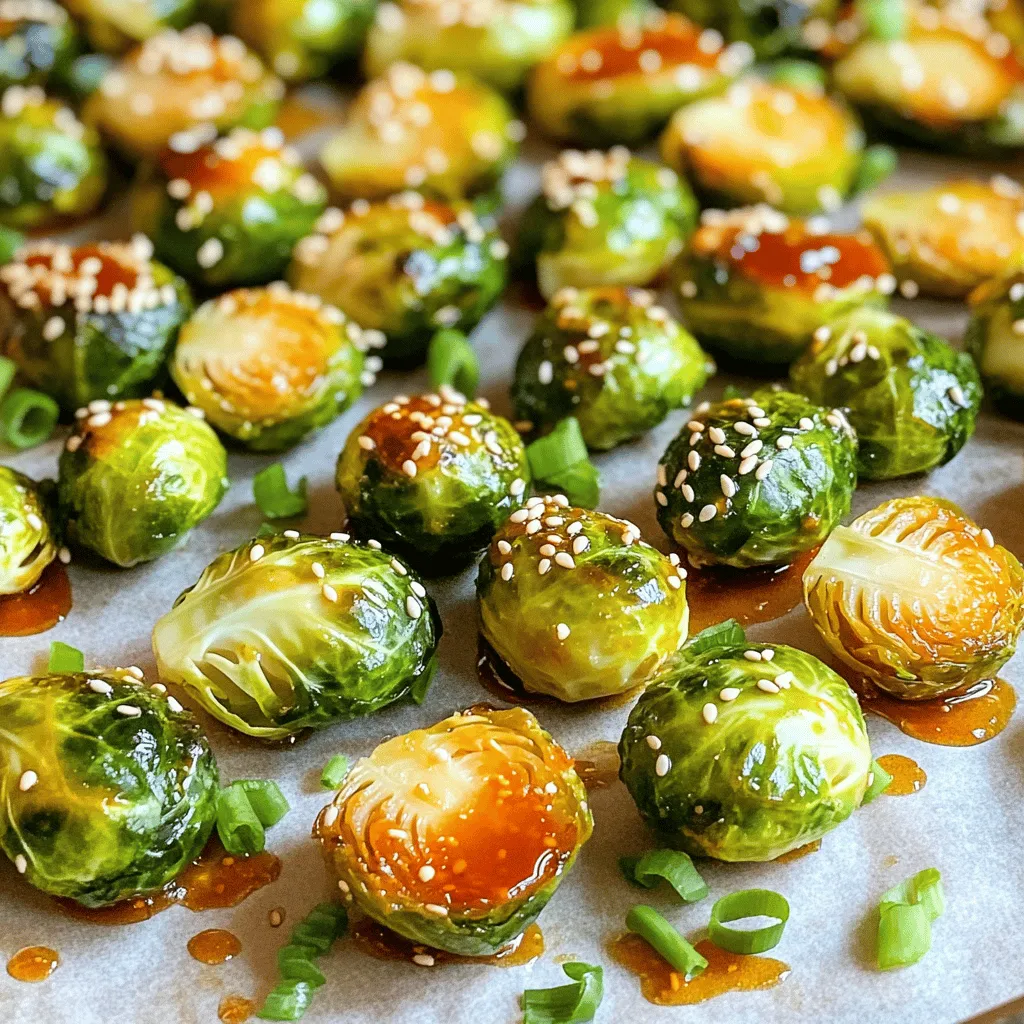 - 1 lb Brussels sprouts, trimmed and halved - 3 tablespoons olive oil - 2 tablespoons Sriracha sauce - 2 tablespoons honey - 2 cloves garlic, minced - Salt and pepper to taste - 1 tablespoon sesame seeds - Chopped green onions for garnish Sriracha honey Brussels sprouts shine with their bright flavors and crispy edges. You need fresh Brussels sprouts for the best taste. Trim them well and cut them in half. This helps them cook evenly. You’ll mix the Brussels sprouts with olive oil, Sriracha, honey, and minced garlic. The Sriracha adds heat, while honey gives a sweet touch. Each bite brings a mix of spicy and sweet. For extra flavor, season with salt and pepper. Add sesame seeds and chopped green onions for a nice crunch and color. These optional ingredients make the dish pop! You can easily find them at your local grocery store. This dish pairs well with many meals. Serve it alongside grilled chicken or fish. It also works great on a veggie platter. This recipe is fun to make and brings joy to any table. For more details, check the Full Recipe section. - Preheat your oven to 425°F (220°C). - Line a baking sheet with parchment paper. These steps set the stage for roasting. The high heat gives the Brussels sprouts a nice caramelization. The parchment paper helps with cleanup, making your cooking easier. - Combine Brussels sprouts with olive oil, Sriracha, honey, garlic, salt, and pepper in a bowl. In a large bowl, add the trimmed and halved Brussels sprouts. Pour in the olive oil, Sriracha, honey, minced garlic, salt, and pepper. Mix everything well. Each sprout should be coated evenly. This mixture gives the sprouts a spicy and sweet flavor. - Spread on the baking sheet and roast for 20-25 minutes, flipping halfway through. Now, spread the Brussels sprouts in a single layer on the baking sheet. Make sure the cut side is down for maximum browning. Roast in the oven for about 20-25 minutes. Flip them halfway through to cook evenly. When they are done, they should be golden brown and crispy on the edges. Enjoy your delicious side dish! To get the best crunch from your Brussels sprouts, place them cut side down on the baking sheet. This helps them brown nicely. Keep an eye on them while roasting. You want crispy edges, so check for doneness at about 20 minutes. If they look golden brown, they're ready! Want to spice things up? Try adding paprika or cayenne pepper to your mix. These spices give a nice kick that pairs well with the Sriracha and honey. Feel free to play with different spices to find your perfect flavor. The beauty of this dish is its versatility! {{image_2}} You can switch up how you cook Brussels sprouts for different tastes. - Grilling Brussels sprouts for a smokier flavor. Grilling adds a nice char. Just toss the halved sprouts in olive oil and Sriracha mix. Place them on a grill basket over medium heat. Grill for about 10-15 minutes, turning often. You’ll love the smoky taste! - Sautéing instead of roasting for a quicker option. If you’re short on time, sautéing works great. Heat a pan over medium heat and add olive oil. Toss in your coated Brussels sprouts. Stir for about 8-10 minutes until they’re tender and browned. Quick and easy! Get creative with other flavors to change the dish. - Adding balsamic vinegar for a tangy twist. Drizzle some balsamic vinegar over the sprouts before roasting. The sweet and tangy taste pairs well with Sriracha and honey. It brings a bright touch to each bite. - Incorporating nuts for added crunch. Toss in your favorite nuts, like almonds or pecans, before roasting. They add a lovely crunch and nutty flavor. Just chop them coarsely and mix them in with the Brussels sprouts. Enjoy the extra texture! Store leftover Brussels sprouts in an airtight container in the fridge for up to 3 days. This helps keep them fresh and tasty. If you want to enjoy them later, make sure they cool down before sealing them up. Reheat your Brussels sprouts in the oven for crispiness. Set your oven to 350°F (175°C) and bake them for about 10 minutes. This brings back their crunch. If you need a quick option, use the microwave. Heat them for 1-2 minutes, but they might not be as crispy. Enjoy your flavorful side dish any time! You can easily make Sriracha Honey Brussels Sprouts vegan. Just substitute honey with maple syrup or agave nectar. Both options add sweetness and flavor while keeping it plant-based. This simple swap lets everyone enjoy this dish. Yes, you can prepare the mixture ahead of time. Just mix the Brussels sprouts with the other ingredients. Store it in the fridge until you are ready to roast. This way, you save time when meal prepping or hosting. These Brussels sprouts pair well with many dishes. Serve them with grilled meats for a hearty meal. They also go great with rice or as part of a vegetable platter. You can mix them in with other sides for a colorful feast. For the complete details on making Sriracha Honey Brussels Sprouts, see the Full Recipe section above. Sriracha Honey Brussels Sprouts are simple and delicious. We discussed essential and optional ingredients, step-by-step instructions, and useful tips. Roasting brings out the best flavors, and variations add even more fun. You can store leftovers easily, making them a great snack. Whether you're new to cooking or a pro, this recipe can fit your needs. Try it out today for a tasty dish you’ll love!