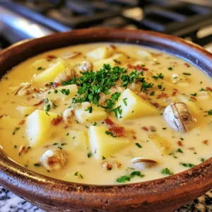 - Fresh clams vs. canned clams: Fresh clams bring a bright and briny taste. They add a lovely texture and flavor to the chowder. If fresh clams are hard to find, canned clams are a good option. They are easy to use and still offer great taste. Just make sure to use the juice from the can for added flavor. - Importance of heavy cream and clam juice: Heavy cream makes the chowder rich and smooth. It gives the soup a luxurious feel. Clam juice is key for that ocean flavor. It enhances the taste and ties all the ingredients together. - Optional ingredients for enhanced flavors: You can add bacon for a smoky kick. Fresh herbs like thyme or dill can add depth. A splash of sherry can brighten the dish, too. Experiment with these extras to find your perfect bowl. - Necessary kitchen tools for preparation: You need a large pot to cook the chowder. A sharp knife will help with chopping onions and veggies. A ladle makes serving easy. Don’t forget a cutting board for safe prep work. - Tips for selecting the freshest ingredients: Always look for clams that are closed. This means they are fresh. Choose firm potatoes and bright celery. For onions, pick ones that feel heavy for their size. Fresh herbs should smell strong and fragrant. These small choices make a big difference in your chowder. For the full recipe, check out the Creamy Coastal Clam Chowder. To start, gather your clams and vegetables. If using fresh clams, rinse them under cold water. This removes sand and grit. For canned clams, just open the can and set them aside. Next, chop your onion and celery finely. Dice the potatoes into even cubes. This ensures they cook evenly. If you choose to use bacon, chop it into small pieces. In a large pot, add the chopped bacon. Cook it over medium heat until it turns crispy. This adds a deep flavor. If you prefer a bacon-free version, skip this step and melt butter in the pot. Now it's time to simmer. Add the chopped onion and celery to the pot. Sauté them for about five minutes until they soften. Stir them occasionally to prevent sticking. Next, add your cubed potatoes, clam juice, and a bay leaf. Bring this mixture to a boil. Once boiling, lower the heat and let it simmer for 15 minutes. Check the potatoes to see if they are tender. If you're using fresh clams, add them in the last five minutes of cooking. For canned clams, stir them in during the last two minutes. Remember to remove the bay leaf before adding the cream. This step is crucial for the best taste. To finish, pour in the heavy cream and Worcestershire sauce. Let it heat through for about three to five minutes. Taste your chowder and add salt and pepper as needed. When serving, ladle the chowder into bowls. Garnish each bowl with chopped parsley for a fresh touch. Enjoy your thick and creamy clam chowder! For the full recipe, check the reference. To balance flavors in clam chowder, use fresh clams. Their natural brininess brings depth. Add bacon for a smoky touch, if you like. Bacon also gives a nice umami flavor. Use Worcestershire sauce for a hint of tang. To enhance creaminess, use heavy cream as your base. It makes the soup rich and velvety. Stir in the cream slowly to keep the texture smooth. Don’t rush this step; let it warm gently. One big mistake is overcooking clams. They can become tough and chewy. Add them near the end of cooking. This keeps them tender and flavorful. Another common error is under-seasoning. Always taste your chowder before serving. Add salt and pepper to your liking. A pinch of herbs can also brighten the dish. For a creative touch, use chopped fresh parsley as a garnish. It adds color and freshness. You can also sprinkle crispy bacon bits on top for extra crunch. When serving, use a nice bowl to show off your chowder. A sprinkle of paprika can add color and a hint of spice. Consider adding a slice of warm bread on the side for a complete meal. For the full recipe, click here: [Full Recipe]. {{image_2}} New England and Manhattan clam chowders differ a lot. New England chowder is creamy and rich. It uses milk or cream and has a smooth texture. You can find potatoes and bacon in this version. Manhattan chowder, on the other hand, is a tomato-based soup. It has a brighter taste and includes vegetables like carrots and green peppers. Both are delicious but offer different flavors. If you want to give your chowder a twist, try adding spices. A pinch of cayenne pepper gives it heat. Old Bay seasoning adds a nice seafood flavor. For a fresh touch, consider herbs like thyme or dill. These spices can make your chowder unique while keeping it comforting. You can easily make clam chowder gluten-free. Just swap flour for cornstarch or a gluten-free blend. This keeps the chowder thick without using gluten. Always check labels on broth or clam juice, as some brands add gluten. For a vegan chowder, omit clams and use vegetable broth. You can add mushrooms for a meaty texture. Use coconut milk instead of heavy cream for creaminess. This way, you still enjoy a rich flavor without animal products. Both options let everyone savor clam chowder’s warmth and comfort. For the full recipe, check out the [Full Recipe]. To keep your clam chowder fresh, store it in an airtight container. Make sure it cools down first. Place it in the fridge within two hours after cooking. This helps prevent bacteria growth. Clam chowder lasts about three to four days in the fridge. If you want to enjoy it later, you might want to freeze some. Freezing clam chowder can keep it tasty for months. First, let it cool completely. Then, pour it into freezer-safe containers. Leave some space at the top for expansion. Avoid adding cream before freezing. Cream can change texture when thawed. When ready to eat, thaw it in the fridge overnight. Reheat gently on the stove, stirring often. If the chowder seems thick, add a bit of water or broth to thin it out. Enjoy this creamy comfort food anytime! For a detailed recipe, check the Full Recipe. The best clams for chowder are usually soft-shell clams, also called steamers. They have a soft, sweet taste that works well in soups. Littleneck clams are another great choice. They are small and tender, giving your chowder a nice texture. You can also use canned clams if fresh ones are hard to find. Just make sure to use the juice from the can for extra flavor. Yes, you can make clam chowder ahead of time. It tastes even better after sitting for a bit. Just let it cool, then store it in the fridge. When you reheat it, do it slowly on low heat. This will help keep the cream from separating. Keep in mind, if you add potatoes, they might soak up some of the soup. You may need to add a bit more clam juice or cream when reheating. To thicken clam chowder, you can use a few methods. One way is to mash some of the potatoes in the pot. This adds body and creaminess to the chowder. Another method is to add a bit of flour or cornstarch mixed with water. Stir this mixture in and let it cook a few minutes. This will help thicken your chowder without changing the flavor. - Additional tips for perfecting consistency: - Use heavy cream for a rich texture. - Don’t rush the simmering process; let the flavors meld. - Avoid overcooking the clams; add them near the end. In this post, we explored how to create classic clam chowder. We talked about the main ingredients, cooking essentials, and step-by-step instructions. I shared tips for great flavor and common mistakes to avoid. You also learned about regional variations and how to store leftovers properly. My final thoughts? With fresh ingredients and the right techniques, you can make delicious clam chowder at home. It's a comforting dish that warms hearts and homes. So roll up your sleeves and dive in!