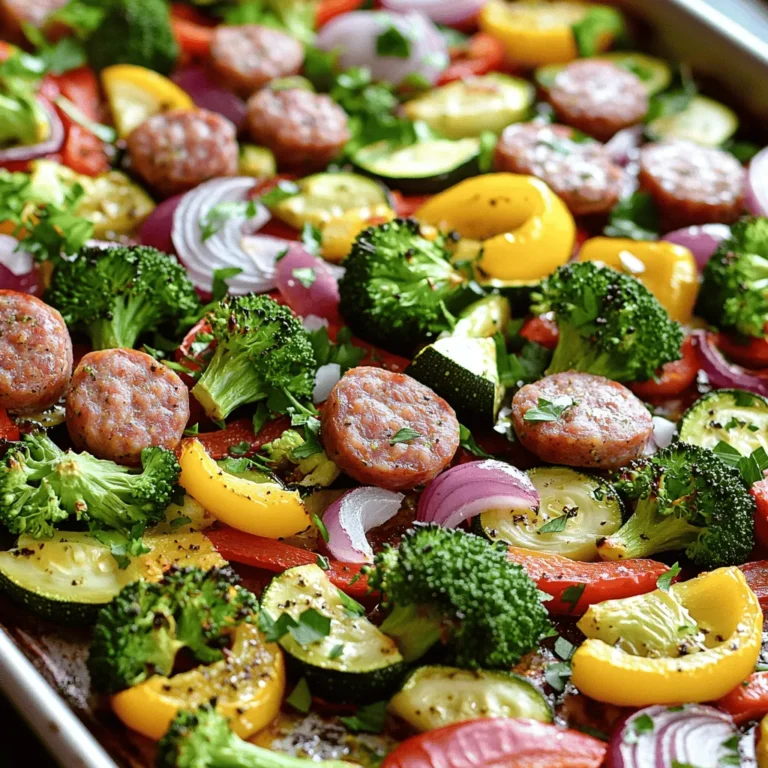 - 1 lb smoked chicken or turkey sausage, sliced - 2 cups broccoli florets - 1 red bell pepper, sliced - 1 yellow bell pepper, sliced - 1 zucchini, sliced into half-moons - 1 red onion, sliced - 3 tablespoons olive oil - 2 teaspoons dried Italian herbs (oregano, thyme, basil) - 1 teaspoon garlic powder - Salt and pepper to taste - Fresh parsley for garnish The main ingredients in this dish make it hearty and colorful. I love how the sausage adds a nice, smoky flavor. The veggies bring a fresh crunch and bright colors to the plate. Broccoli gives you fiber, while bell peppers add vitamins. Zucchini is light and tender, and red onion brings sweetness. Olive oil helps everything roast nicely while adding healthy fats. - Additional herbs and spices - Different vegetable substitutions Feel free to experiment! You can add herbs like rosemary or spices like paprika. If you have other veggies in your fridge, toss them in too. Carrots, asparagus, or even potatoes can work great. This dish is all about using what you like and have on hand. - Estimated calories: 350 per serving - Macronutrient breakdown: 20g protein, 25g carbs, 20g fat This meal is filled with good stuff! The sausage provides protein, and the veggies give you vitamins and minerals. Eating this dish can support your health. Plus, it’s low in carbs and high in flavor. Enjoying a meal packed with nutrients helps keep you strong. Start by preheating your oven to 400°F (200°C). This high heat helps the sausage and veggies cook well. Line a large baking sheet with parchment paper. This makes cleanup so easy! In a large mixing bowl, combine the sliced sausage, broccoli florets, bell peppers, zucchini, and red onion. These veggies add great color and taste. Next, drizzle three tablespoons of olive oil over the mixture. This adds flavor and helps everything cook evenly. Sprinkle two teaspoons of dried Italian herbs, one teaspoon of garlic powder, salt, and pepper to taste. These spices make the dish pop! Now, toss everything together. Make sure the sausage and veggies get well coated in oil and spices. This step is key for great flavor. Spread the mixture evenly onto the prepared baking sheet. Keep it in a single layer for even cooking. Roast in the preheated oven for 25-30 minutes. Stir halfway through to ensure even cooking. You want the veggies tender and slightly caramelized. The sausage should be heated through and flavorful. Once cooked, remove the baking sheet from the oven. Let it cool for a couple of minutes. This step helps avoid burns and lets the dish settle. Garnish with fresh parsley before serving. This adds a fresh touch. For serving, you can present it directly from the sheet pan or transfer to a large platter. Drizzle with a bit more olive oil and sprinkle with fresh parsley for a colorful finish. Enjoy your delicious meal! Check out the Full Recipe for all the details. To get the veggies just right, cut them into similar sizes. This helps them cook evenly. Broccoli, bell peppers, and zucchini all taste great when roasted. Keep an eye on them. You want them soft but not mushy. For the sausage, slice it thick enough to stay juicy. This ensures it heats through without drying out. Stir the mix halfway through cooking. This helps all the flavors blend and cook evenly. Pair this dish with warm bread or a fresh salad. A light vinaigrette on the salad adds a nice touch. For a special occasion, serve the sausage and veggies on a large platter. Drizzle a bit more olive oil on top. A sprinkle of fresh parsley looks nice and brightens the dish. Prep the night before for an easy dinner. Slice the sausage and veggies in advance. Store them in the fridge until you're ready to cook. Using pre-cut vegetables is a great option too. Many stores offer these ready to use, saving you time. You can also find pre-sliced sausage if you’re in a hurry. This way, you can enjoy your meal in no time! For the full recipe, check out [Full Recipe]. {{image_2}} You can use many types of sausage in this dish. I often choose smoked chicken or turkey sausage for a lighter meal. Pork and beef sausages also add great flavor. If you prefer plant-based options, try vegan or vegetarian sausages. These will work just as well. Each type brings its own taste and texture. Experiment with what you like best. Feel free to switch up the veggies based on the season. In spring, try asparagus or snap peas. In summer, zucchini and bell peppers shine. In fall, root vegetables like carrots or sweet potatoes add warmth. They not only taste great, but they also add color. Mixing different veggies gives you more flavor and nutrition. For extra depth, add root vegetables. They will caramelize beautifully in the oven. Adding sauces or marinades can take your dish to the next level. A splash of balsamic vinegar or a drizzle of honey can enhance the sweetness of the veggies. You can also try barbecue sauce for a smoky flavor. Want some heat? Add crushed red pepper flakes or a dash of hot sauce. Adjust the spice level to your taste. Small changes can lead to big flavor. For the full recipe, check the link. To keep your leftovers fresh, use airtight containers. Glass or plastic containers work well. Make sure they are clean and dry before adding food. If you have a lot, separate them into smaller portions. This makes reheating easy. You can store leftovers in the fridge for up to four days. For longer storage, freeze them. Just remember to label and date the containers. When reheating, I suggest using the oven or a microwave. For the oven, preheat it to 350°F (175°C). Spread the sausage and veggies on a baking sheet. Heat for about 15-20 minutes until warm. This helps keep the texture nice. If using a microwave, place a portion in a microwave-safe dish. Cover it with a damp paper towel. Heat for 1-2 minutes, stirring halfway through. In the fridge, your leftovers stay fresh for about four days. If you freeze them, they last up to three months. After three months, the food might lose flavor and texture. Always check for signs of spoilage before eating. This way, you enjoy your meal at its best! If you want to cook more servings, keep a few things in mind. First, you can double the ingredients. This means using 2 pounds of sausage and 4 cups of veggies. Next, spread everything out on the pan. If you crowd the pan, the food will steam instead of roast. This can lead to longer cooking times. Check the dish often. You may need to add 5-10 more minutes. Look for golden edges on the veggies and the sausage heated through. Use a meat thermometer if needed. The sausage should reach 165°F. Always stir halfway to ensure even cooking. Yes, you can! This dish is great for meal prep. Cook it in advance and store it in the fridge. Let it cool first, then place it in an airtight container. It will stay fresh for 3-4 days. You can also freeze it. Just make sure to use freezer-safe bags or containers. It can last up to 3 months in the freezer. To reheat, simply bake it in the oven until heated through. This dish pairs well with many sides. Here are some tasty ideas: - Rice: White, brown, or even cauliflower rice work great. - Salad: A simple green salad adds freshness. - Bread: Crusty bread or garlic bread can be a nice touch. - Potatoes: Mashed, roasted, or baked potatoes are always a hit. Feel free to get creative! You can add a dipping sauce or a sprinkle of cheese to enhance the dish. For the full recipe, check out the Sheet Pan Sausage and Veggies Delight. This blog post covers a delicious and easy sheet pan sausage and veggies recipe. You learned about key ingredients, like smoked sausage and colorful vegetables. I also shared tips for cooking, serving, and storing your meal. Remember, you can customize this dish with different meats and veggies to suit your taste. Eating healthy can be enjoyable and straightforward. Try out this recipe and make it your own! Enjoy the benefits of good food that is fun to make.