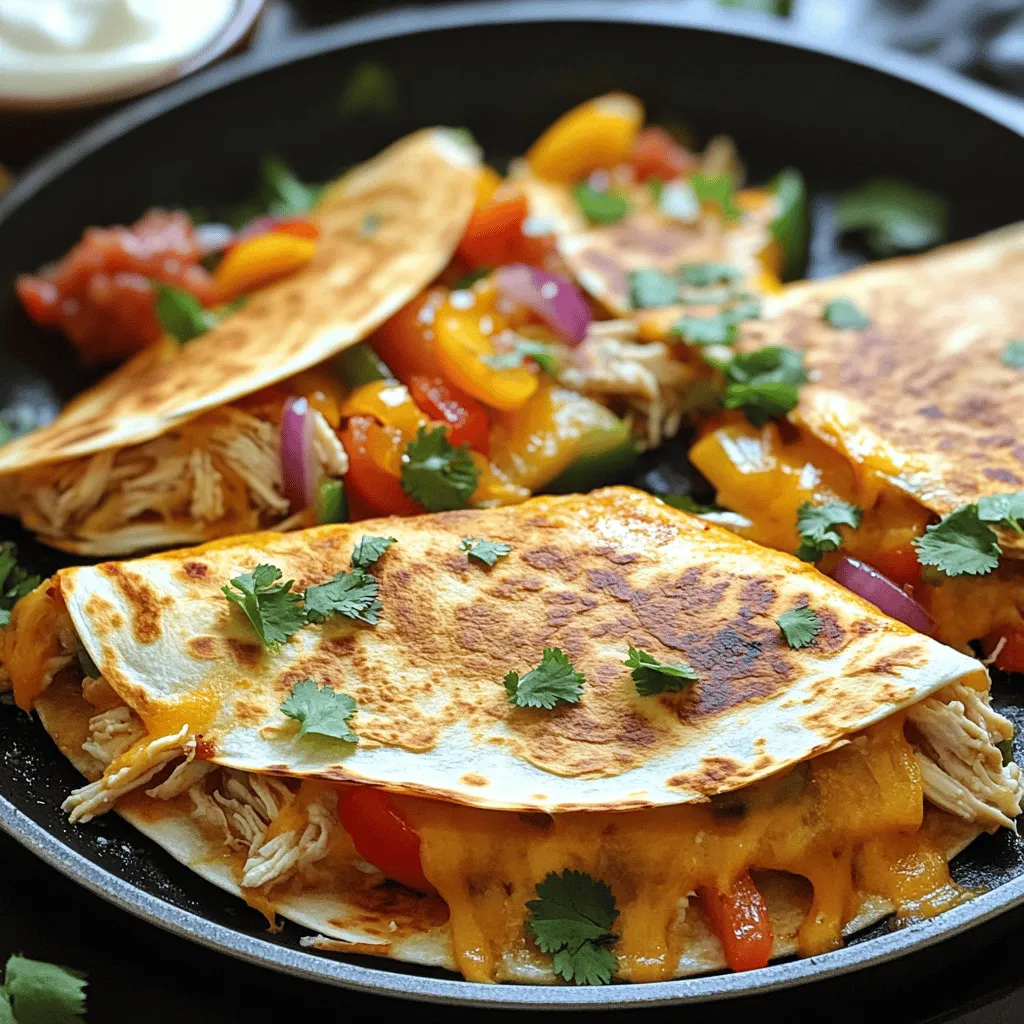- 2 cups cooked chicken, shredded - 1 cup cheddar cheese, shredded - 1 cup Monterey Jack cheese, shredded - 4 large flour tortillas - 1/2 cup bell pepper, finely chopped - 1/2 cup red onion, finely chopped - 1 jalapeño, finely chopped (optional) - Fresh cilantro, chopped (for garnish) - Salsa and sour cream (for serving) - 1 teaspoon cumin - 1 teaspoon paprika - Salt and pepper to taste - 2 tablespoons olive oil These ingredients come together to create a tasty meal. The cooked chicken serves as the star. I love using a mix of cheddar and Monterey Jack cheese for that perfect melt. The bell pepper and onion add crunch and flavor. If you want a kick, toss in a jalapeño. The seasonings are key. Cumin and paprika give depth. Salt and pepper help round out the taste. Finally, the olive oil helps crisp the tortillas. You can find the full recipe in this section. Enjoy your cooking! To make your filling, start by mixing the shredded chicken and cheeses in a bowl. I like to use both cheddar and Monterey Jack for great flavor. Next, add the chopped bell pepper, red onion, and jalapeño if you want some heat. Then sprinkle in the cumin, paprika, and a bit of salt and pepper. Mix everything well until combined. This step brings together all the tasty flavors. Now, heat a large skillet over medium heat. Add one tablespoon of olive oil to the pan. Once the oil is hot, place a tortilla in the skillet. Spread a good amount of your chicken mixture over half of the tortilla. Fold the tortilla in half and cook for about 3 to 4 minutes until the bottom turns golden and crispy. Flip the quesadilla carefully and cook the other side for another 3 to 4 minutes. Repeat this process with the remaining tortillas and filling. After cooking, let the quesadillas sit for a minute. This makes slicing easier. Cut them into wedges and garnish with fresh cilantro. Serve warm with salsa and sour cream on the side for a delicious meal. Enjoy your Easy Chicken Quesadillas! If you want the full details, check out the Full Recipe. To make sure your quesadilla cooks well, keep the heat steady. Too high, and you risk burning the outside while the inside stays cold. A non-stick skillet makes flipping easy. It helps prevent sticking, giving you a nice, golden crust. You can boost the taste of your quesadilla by trying different cheeses. Cheddar and Monterey Jack work well together, but mix in pepper jack for a spicy kick. Fresh herbs like cilantro or spices like chili powder can also add great flavor. Don't be afraid to get creative! If your quesadilla burns, try cooking at a lower heat. This helps the cheese melt without burning the tortilla. For perfect cheese melting, cover the skillet with a lid for a minute. This keeps the heat in and helps the cheese melt evenly. {{image_2}} You can easily make a vegetarian version of chicken quesadillas. Simply substitute the chicken with black beans and corn. This adds protein and fiber. You can also use a variety of fresh vegetables. Try bell peppers, zucchini, or spinach for a colorful mix. Don't forget to add cheese for that gooey goodness. If you're in the mood for a change, swap chicken for beef or shrimp. Each protein adds a unique taste. You can even try a combination of meats. Mix chicken with spicy chorizo or beef with shrimp for a flavor party. Want to spice things up? Add a barbecue sauce twist for a smoky flavor. You can also incorporate different cuisines. Try buffalo chicken quesadillas with hot sauce and blue cheese. Each twist makes the dish exciting and new. For the full recipe, check out the earlier section. You can freeze quesadillas before or after cooking. To freeze before cooking, wrap each quesadilla in plastic wrap. Then, place them in a freezer bag. Make sure to remove as much air as possible. If you want to freeze them after cooking, let them cool first. After cooling, wrap them in foil or plastic wrap. This keeps them fresh. The best method to reheat quesadillas is in a skillet. Heat the skillet over medium heat. Place the quesadilla in the skillet for a few minutes on each side. This makes them crispy again. You can use a microwave too, but it won’t make them crispy. If you use a microwave, heat for about 30 seconds to 1 minute. In the fridge, quesadillas last about 3 to 4 days. Make sure to store them in an airtight container. Look for signs of spoilage, like a bad smell or mold. If they smell funny or look off, throw them away. Enjoy your meal with confidence! To make crispy quesadillas, use a hot skillet. Preheat the skillet well before cooking. Use enough oil to coat the pan lightly. This helps the tortilla fry rather than steam. Flip the quesadilla only once for even cooking. Cook each side until golden brown. For extra crispiness, you can use a lid to trap heat while cooking. This method melts the cheese faster and gives a nice crunch. Yes, you can use whole wheat tortillas. They add fiber and nutrients. However, they may not get as crispy. Whole wheat tortillas can be thicker. This might change the cooking time. You may need to cook them a bit longer. Some may find them chewier. It’s a fun way to switch things up! Many sauces go well with chicken quesadillas. Popular choices include salsa and sour cream. You can also try guacamole for a creamy touch. For a spicy kick, mix yogurt with hot sauce. Homemade ranch dressing adds a cool flavor. Experiment with different dips to find your favorite! Quesadillas are a simple and tasty dish. You can make them with only a few ingredients. Our outline covered key steps, like choosing the right cheeses and cooking tips. Remember to add your favorite spices for more flavor. You can even swap out chicken for beans or shrimp. Store any leftovers properly so you can enjoy them later. With these tips, you’ll make delicious quesadillas every time. Enjoy creating your perfect meal!