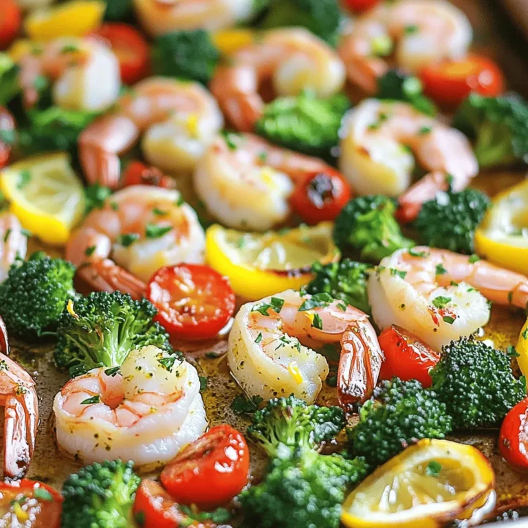 - 1 pound large shrimp, peeled and deveined - 2 cups broccoli florets - 1 cup cherry tomatoes, halved - 1 medium yellow bell pepper, sliced - 3 tablespoons olive oil - 4 cloves garlic, minced - Zest and juice of 1 large lemon - 1 teaspoon dried oregano - 1 teaspoon dried thyme - Salt and pepper to taste - Fresh parsley, chopped (for garnish) - Large baking sheet - Parchment paper - Mixing bowls - Whisk Gather these ingredients for a quick and tasty dinner. You will love how easy it is to make. The shrimp cooks fast and soaks up all the flavors. The veggies add color and crunch. You can find the full recipe linked above for the complete cooking steps. - Preheat the oven to 400°F (200°C). - Prepare the baking sheet with parchment paper. Start by getting your oven nice and hot. This helps the shrimp cook evenly and fast. Lining the baking sheet with parchment makes cleanup a breeze later. - Combine shrimp, broccoli, cherry tomatoes, and yellow bell pepper in a bowl. - Whisk together olive oil, garlic, lemon zest, juice, oregano, thyme, salt, and pepper. Next, gather your shrimp and veggies in a big bowl. You want them to mix well. In another bowl, mix the olive oil, garlic, lemon zest, lemon juice, oregano, thyme, salt, and pepper. This lemon herb mix packs a punch, adding great flavor to your dish. - Toss shrimp and vegetables with the lemon herb mixture. - Spread the mixture on the baking sheet and bake for 12-15 minutes. Now, pour the lemon herb mix over the shrimp and veggies. Toss everything until it’s well coated. Then, spread this mixture evenly on your prepared baking sheet. Bake for about 12-15 minutes. Your shrimp should turn pink and opaque. The veggies will become tender and tasty. For the full recipe, check out the earlier section. Enjoy your cooking! - Ensure shrimp are fresh and properly deveined. - Use vegetables of your choice for added variation. - Check shrimp for doneness by ensuring they are pink and opaque. Fresh shrimp makes a big difference in taste. You can find them at most grocery stores. When buying shrimp, look for a clean smell and firm texture. Properly deveining shrimp is simple. Just run a knife along the back and remove the dark vein. Feel free to mix in your favorite veggies! Bell peppers, zucchini, or snap peas are great choices. They add color and nutrients to your dish. To check if your shrimp is ready, look for a bright pink color. It should also be opaque, not translucent. Overcooking shrimp can make them tough, so keep an eye on the timer! - Serve directly on the sheet pan for a casual presentation. - Drizzle with extra lemon juice for enhanced flavor. Serving the shrimp right on the sheet pan makes for a fun, easy meal. It’s perfect for family dinners or casual gatherings. You can also add a drizzle of fresh lemon juice just before serving. This adds a burst of flavor that brightens the dish. - Overview of calorie count and health benefits of shrimp and vegetables. Shrimp is low in calories but high in protein. A serving has about 120 calories and 24 grams of protein. It also contains omega-3 fatty acids, which are good for your heart. Pairing shrimp with vegetables increases vitamins and minerals. Broccoli and bell peppers are rich in vitamin C and fiber. This dish not only tastes great but is good for you too! For the full recipe, check out the details provided above. {{image_2}} You can switch shrimp for chicken or tofu. Both options taste great with lemon and herbs. Chicken adds a hearty touch. Tofu gives a nice plant-based flair. You also can use seasonal vegetables. Try zucchini in summer or root veggies in winter. Each swap brings new flavors to the dish. Want more heat? Add chili flakes to the mix. They give a nice kick. You can also try different herbs. Basil adds a sweet touch. Cilantro gives a fresh twist. Mix and match to find your favorite flavor! Serving style can change your meal. Try serving shrimp on a bed of rice or quinoa. They soak up the lemon juice well. You can also pair this dish with crusty bread. It makes for a hearty, filling meal. Enjoy it your way! For the full recipe, check out the Sheet Pan Lemon Herb Shrimp . After your delicious meal, place leftover shrimp and vegetables in an airtight container. This keeps them fresh. You can store them in the fridge for up to three days. When you want to eat the leftovers, simply reheat them in the oven or microwave. Make sure they are heated all the way through. If you have extra, freezing is a great option. To freeze, let the shrimp and veggies cool down. Then, place them in a freezer-safe bag or container. Remove as much air as possible to avoid freezer burn. They will stay good for up to three months. When you want to enjoy them, thaw the container in the fridge overnight. For best results, reheat them in the oven to keep the shrimp tender. To make cooking easier, prep your ingredients ahead of time. Chop the broccoli, bell pepper, and garlic earlier in the day or even the night before. Store them in separate containers in the fridge. You can also marinate the shrimp in the lemon herb mix. This adds flavor and saves time later. This way, you can whip up your Sheet Pan Lemon Herb Shrimp in no time. - Answer: Total cook time is approximately 12-15 minutes at 400°F (200°C). Cooking shrimp is quick. When you bake them at 400°F, they cook fast. I love how the shrimp turn pink and opaque in just a few minutes. That’s when you know they are done. - Answer: Yes, but thaw the shrimp completely before cooking. Frozen shrimp are handy. If you have them, just make sure to thaw them first. You can do this by leaving them in the fridge overnight. A quick soak in cold water works too. - Answer: Great options include rice, quinoa, or a fresh salad. This dish pairs well with many sides. I like serving it with rice or quinoa for a filling meal. A fresh salad adds a nice crunch, too. - Answer: Yes, it stores well and can be reheated for meals throughout the week. Meal prep is a breeze with this recipe. Just store leftovers in an airtight container. You can reheat it in the oven or microwave for quick meals later. - Answer: Asparagus or green beans work well as substitutes. If you don't have broccoli, try asparagus or green beans. These veggies cook well and taste great. They also soak up the lemon herb flavor like broccoli does. For the [Full Recipe], you can explore more about how to make this delightful dish. This blog post shared a simple and tasty recipe for sheet pan lemon herb shrimp. We covered the main ingredients, seasoning, and important tips to make your meal shine. You can also switch shrimp with chicken or tofu for variety. Don't forget to store leftovers properly for easy meals later. With these insights, you can enjoy delicious meals with little fuss. Keep experimenting and have fun in the kitchen!