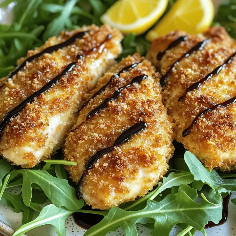 - 4 boneless, skinless chicken breasts - 1 cup grated Parmesan cheese - 1 cup seasoned breadcrumbs - 1 teaspoon garlic powder - 1 teaspoon onion powder - 1 teaspoon dried Italian herbs - 2 large eggs - 1 tablespoon Dijon mustard - Olive oil for baking - Salt and pepper to taste To make Parmesan crusted chicken, you need just a few simple items. First, the main ingredients are chicken breasts, Parmesan cheese, and seasoned breadcrumbs. These create a crunchy topping that is hard to resist. Next, for seasoning, add garlic powder, onion powder, and dried Italian herbs. These spices bring flavor and warmth to the dish. They make your chicken taste amazing. Then, for binding the crust, you will use eggs and Dijon mustard. These help the breadcrumbs stick to the chicken. Olive oil adds a nice golden color as the chicken bakes. Don’t forget to season with salt and pepper for a balanced taste. You can find the full recipe for this dish to guide you through the steps. Enjoy creating this savory and crispy delight! 1. Preheat your oven to 400°F (200°C). This will help the chicken cook evenly. 2. Line a baking sheet with parchment paper. This keeps the chicken from sticking. 3. In a shallow bowl, whisk together the eggs and Dijon mustard. This mixture helps the breadcrumbs stick well. 1. In another bowl, mix the Parmesan cheese, seasoned breadcrumbs, garlic powder, onion powder, Italian herbs, salt, and pepper. This blend gives your chicken great flavor. 2. Pat the chicken breasts dry with paper towels. Drying them helps the coating stick better. 3. Dip each chicken breast into the egg mixture. Let any extra egg drip off. 4. Coat the chicken in the breadcrumb mixture. Press it onto the surface to ensure it sticks well. 1. Place the coated chicken breasts onto the prepared baking sheet. 2. Drizzle a little olive oil over each piece. This helps the crust turn golden brown. 3. Bake in the preheated oven for 25-30 minutes. You want the chicken to reach an internal temperature of 165°F (75°C). It should be golden brown. 4. Remove from the oven and let it rest for 5 minutes. This allows the juices to settle before you slice or serve. For more details, check the Full Recipe. To achieve a crispy crust on your Parmesan crusted chicken, follow these steps: - Pat Dry: Start by patting the chicken dry. This helps the coating stick better. - Egg Wash: Use a mix of eggs and Dijon mustard for a good binding layer. - Press Down: When coating with the breadcrumb mixture, press down firmly. This helps the crumbs stick well. For seasoning the chicken, keep it simple: - Salt and Pepper: Always season both sides of the chicken with salt and pepper. - Herbs and Spices: Mix in garlic powder, onion powder, and Italian herbs. This adds great flavor. Here are some ideal side dishes to complement the chicken: - Fresh Salad: A simple arugula salad adds freshness. - Roasted Veggies: Roasted broccoli or carrots pair well with the chicken. - Mashed Potatoes: Creamy mashed potatoes make a hearty side. For garnishing tips, keep it light: - Lemon Wedges: Serve with lemon wedges for a zesty touch. - Balsamic Glaze: Drizzle balsamic glaze on top for a sweet contrast. Avoid sogginess in the crust by: - No Moisture: Make sure the chicken is dry before coating. - Oven Temperature: Preheat the oven well. This helps the crust crisp up. To ensure the chicken is cooked properly: - Use a Thermometer: Check for an internal temperature of 165°F (75°C). - Resting Time: Let the chicken rest for 5 minutes after baking. This helps juices settle back in. {{image_2}} You can switch up the cheese in this recipe. Try using mozzarella or cheddar for a fun twist. Both give a nice flavor and melt well. If you want a sharper taste, go for aged provolone. For those who need gluten-free options, use ground almonds or gluten-free breadcrumbs. They both work well and provide a tasty crunch. Adding spices makes your chicken pop! Try using paprika or cayenne for heat. A sprinkle of smoked paprika brings a rich flavor. Fresh herbs like parsley or cilantro can brighten the dish too. You can also swap out the Dijon mustard. Honey mustard or spicy brown mustard adds a unique kick. If you want a different texture, try pan-frying the chicken. Heat some olive oil in a skillet and cook the coated chicken until golden. This gives a crisp crust and juicy inside. Grilling is another great option. It adds a smoky flavor that pairs well with the Parmesan. Just make sure to keep an eye on the chicken to avoid overcooking. For the Full Recipe, follow the steps I provided earlier, and enjoy experimenting with these variations! To keep your Parmesan crusted chicken fresh, store leftovers in the fridge. Place the chicken in an airtight container. This helps prevent drying out and keeps flavors intact. Use parchment paper between layers if stacking. It protects the crust from becoming soggy. Make sure to eat leftovers within three days for the best taste. When reheating, it's key to maintain crispiness. Preheat your oven to 375°F (190°C). Place the chicken on a baking sheet lined with foil. This helps reflect heat and keeps the crust crunchy. Heat for about 10-15 minutes. Always check that the internal temperature reaches 165°F (75°C). This ensures it's safe to eat. You can freeze your Parmesan crusted chicken for later meals. If freezing before cooking, wrap each piece tightly in plastic wrap. Then, place them in a freezer-safe bag. When freezing after cooking, let the chicken cool first. Then, follow the same wrapping method. For thawing, move the chicken to the fridge overnight. This keeps the chicken juicy and tasty. Parmesan Crusted Chicken is a tasty dish made by coating chicken with grated Parmesan cheese and breadcrumbs. This creates a crunchy and flavorful crust when baked. You can find many variations, like adding herbs or spices for extra flavor. Some people even use different types of cheese to mix things up. You can make Parmesan Crusted Chicken healthier by using a few simple substitutes. Try using whole wheat breadcrumbs instead of regular ones for more fiber. You can also replace some of the cheese with a lower-fat version. Another option is to use egg whites instead of whole eggs to cut down on calories. Yes, you can prepare Parmesan Crusted Chicken ahead of time. You can coat the chicken and store it in the fridge for a few hours. Just make sure to cover it well to keep it fresh. When you are ready to bake, remove it from the fridge and let it sit for about 15 minutes before cooking. This helps it cook evenly. Parmesan Crusted Chicken pairs well with many side dishes. Here are some great options: - Roasted vegetables, like broccoli or carrots - A fresh green salad with vinaigrette - Mashed potatoes or sweet potato fries - Quinoa or rice for a healthy grain option For a full experience, serve it with lemon wedges and a drizzle of balsamic glaze. This adds a nice touch of flavor to your meal. For the complete recipe, check out the Full Recipe. Parmesan Crusted Chicken is simple and delicious. We covered its main ingredients, from chicken breasts to breadcrumbs. Seasoning adds big flavor, while binding ingredients keep everything together. I shared easy steps to prepare, coat, and bake the chicken for the best results. Tips on achieving a crispy crust and avoiding common mistakes will boost your cooking skills. Try variations and storage tips to enjoy this dish longer. With these insights, you can make tasty dinners that impress. Keep experimenting and enjoy every bite!
