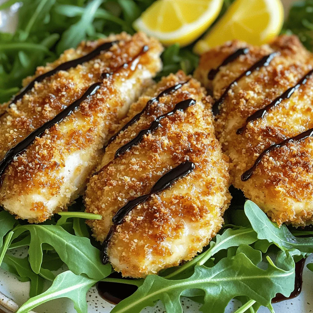 - 4 boneless, skinless chicken breasts - 1 cup grated Parmesan cheese - 1 cup seasoned breadcrumbs - 1 teaspoon garlic powder - 1 teaspoon onion powder - 1 teaspoon dried Italian herbs - 2 large eggs - 1 tablespoon Dijon mustard - Olive oil for baking - Salt and pepper to taste To make Parmesan crusted chicken, you need just a few simple items. First, the main ingredients are chicken breasts, Parmesan cheese, and seasoned breadcrumbs. These create a crunchy topping that is hard to resist. Next, for seasoning, add garlic powder, onion powder, and dried Italian herbs. These spices bring flavor and warmth to the dish. They make your chicken taste amazing. Then, for binding the crust, you will use eggs and Dijon mustard. These help the breadcrumbs stick to the chicken. Olive oil adds a nice golden color as the chicken bakes. Don’t forget to season with salt and pepper for a balanced taste. You can find the full recipe for this dish to guide you through the steps. Enjoy creating this savory and crispy delight! 1. Preheat your oven to 400°F (200°C). This will help the chicken cook evenly. 2. Line a baking sheet with parchment paper. This keeps the chicken from sticking. 3. In a shallow bowl, whisk together the eggs and Dijon mustard. This mixture helps the breadcrumbs stick well. 1. In another bowl, mix the Parmesan cheese, seasoned breadcrumbs, garlic powder, onion powder, Italian herbs, salt, and pepper. This blend gives your chicken great flavor. 2. Pat the chicken breasts dry with paper towels. Drying them helps the coating stick better. 3. Dip each chicken breast into the egg mixture. Let any extra egg drip off. 4. Coat the chicken in the breadcrumb mixture. Press it onto the surface to ensure it sticks well. 1. Place the coated chicken breasts onto the prepared baking sheet. 2. Drizzle a little olive oil over each piece. This helps the crust turn golden brown. 3. Bake in the preheated oven for 25-30 minutes. You want the chicken to reach an internal temperature of 165°F (75°C). It should be golden brown. 4. Remove from the oven and let it rest for 5 minutes. This allows the juices to settle before you slice or serve. For more details, check the Full Recipe. To achieve a crispy crust on your Parmesan crusted chicken, follow these steps: - Pat Dry: Start by patting the chicken dry. This helps the coating stick better. - Egg Wash: Use a mix of eggs and Dijon mustard for a good binding layer. - Press Down: When coating with the breadcrumb mixture, press down firmly. This helps the crumbs stick well. For seasoning the chicken, keep it simple: - Salt and Pepper: Always season both sides of the chicken with salt and pepper. - Herbs and Spices: Mix in garlic powder, onion powder, and Italian herbs. This adds great flavor. Here are some ideal side dishes to complement the chicken: - Fresh Salad: A simple arugula salad adds freshness. - Roasted Veggies: Roasted broccoli or carrots pair well with the chicken. - Mashed Potatoes: Creamy mashed potatoes make a hearty side. For garnishing tips, keep it light: - Lemon Wedges: Serve with lemon wedges for a zesty touch. - Balsamic Glaze: Drizzle balsamic glaze on top for a sweet contrast. Avoid sogginess in the crust by: - No Moisture: Make sure the chicken is dry before coating. - Oven Temperature: Preheat the oven well. This helps the crust crisp up. To ensure the chicken is cooked properly: - Use a Thermometer: Check for an internal temperature of 165°F (75°C). - Resting Time: Let the chicken rest for 5 minutes after baking. This helps juices settle back in. {{image_2}} You can switch up the cheese in this recipe. Try using mozzarella or cheddar for a fun twist. Both give a nice flavor and melt well. If you want a sharper taste, go for aged provolone. For those who need gluten-free options, use ground almonds or gluten-free breadcrumbs. They both work well and provide a tasty crunch. Adding spices makes your chicken pop! Try using paprika or cayenne for heat. A sprinkle of smoked paprika brings a rich flavor. Fresh herbs like parsley or cilantro can brighten the dish too. You can also swap out the Dijon mustard. Honey mustard or spicy brown mustard adds a unique kick. If you want a different texture, try pan-frying the chicken. Heat some olive oil in a skillet and cook the coated chicken until golden. This gives a crisp crust and juicy inside. Grilling is another great option. It adds a smoky flavor that pairs well with the Parmesan. Just make sure to keep an eye on the chicken to avoid overcooking. For the Full Recipe, follow the steps I provided earlier, and enjoy experimenting with these variations! To keep your Parmesan crusted chicken fresh, store leftovers in the fridge. Place the chicken in an airtight container. This helps prevent drying out and keeps flavors intact. Use parchment paper between layers if stacking. It protects the crust from becoming soggy. Make sure to eat leftovers within three days for the best taste. When reheating, it's key to maintain crispiness. Preheat your oven to 375°F (190°C). Place the chicken on a baking sheet lined with foil. This helps reflect heat and keeps the crust crunchy. Heat for about 10-15 minutes. Always check that the internal temperature reaches 165°F (75°C). This ensures it's safe to eat. You can freeze your Parmesan crusted chicken for later meals. If freezing before cooking, wrap each piece tightly in plastic wrap. Then, place them in a freezer-safe bag. When freezing after cooking, let the chicken cool first. Then, follow the same wrapping method. For thawing, move the chicken to the fridge overnight. This keeps the chicken juicy and tasty. Parmesan Crusted Chicken is a tasty dish made by coating chicken with grated Parmesan cheese and breadcrumbs. This creates a crunchy and flavorful crust when baked. You can find many variations, like adding herbs or spices for extra flavor. Some people even use different types of cheese to mix things up. You can make Parmesan Crusted Chicken healthier by using a few simple substitutes. Try using whole wheat breadcrumbs instead of regular ones for more fiber. You can also replace some of the cheese with a lower-fat version. Another option is to use egg whites instead of whole eggs to cut down on calories. Yes, you can prepare Parmesan Crusted Chicken ahead of time. You can coat the chicken and store it in the fridge for a few hours. Just make sure to cover it well to keep it fresh. When you are ready to bake, remove it from the fridge and let it sit for about 15 minutes before cooking. This helps it cook evenly. Parmesan Crusted Chicken pairs well with many side dishes. Here are some great options: - Roasted vegetables, like broccoli or carrots - A fresh green salad with vinaigrette - Mashed potatoes or sweet potato fries - Quinoa or rice for a healthy grain option For a full experience, serve it with lemon wedges and a drizzle of balsamic glaze. This adds a nice touch of flavor to your meal. For the complete recipe, check out the Full Recipe. Parmesan Crusted Chicken is simple and delicious. We covered its main ingredients, from chicken breasts to breadcrumbs. Seasoning adds big flavor, while binding ingredients keep everything together. I shared easy steps to prepare, coat, and bake the chicken for the best results. Tips on achieving a crispy crust and avoiding common mistakes will boost your cooking skills. Try variations and storage tips to enjoy this dish longer. With these insights, you can make tasty dinners that impress. Keep experimenting and enjoy every bite!