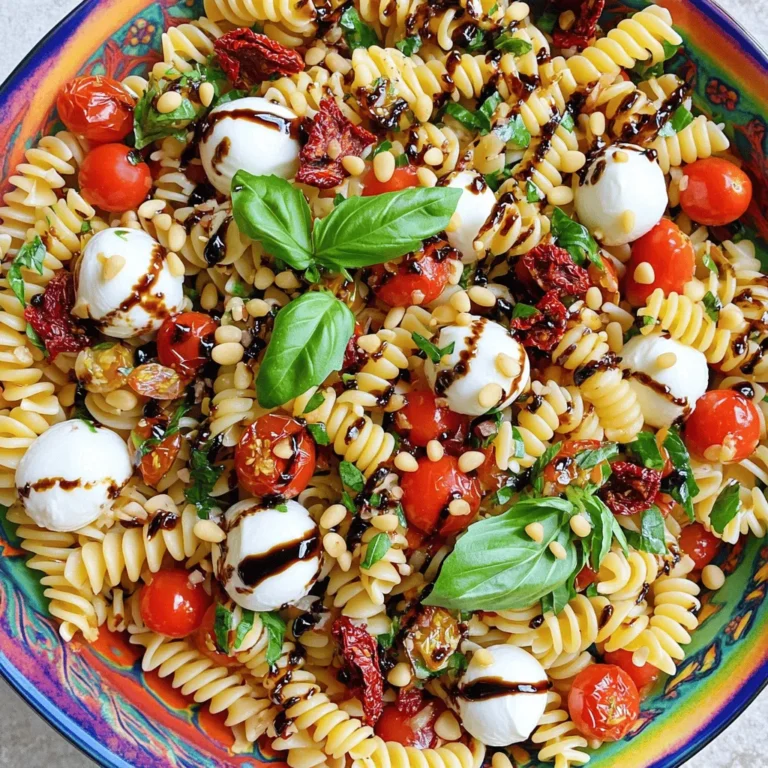 To make Caprese Pasta Salad, gather these fresh ingredients: - 8 ounces pasta (fusilli or farfalle work well) - 1 cup cherry tomatoes, halved - 1 cup fresh mozzarella balls (bocconcini), halved - 1/2 cup fresh basil leaves, roughly chopped - 1/4 cup sun-dried tomatoes, diced - 3 tablespoons balsamic glaze - 2 tablespoons olive oil - 1 teaspoon garlic powder - Salt and pepper to taste - 1/4 cup pine nuts, toasted (optional for crunch) You don’t need fancy tools for this dish. You will need: - A large pot for boiling pasta - A mixing bowl for veggies - A small bowl for the dressing - A whisk or fork for mixing - A colander for draining pasta - A spatula or spoon for combining Using fresh ingredients makes a big difference in flavor. Fresh tomatoes and basil give vibrant taste. They add brightness and depth to the dish. Mozzarella balls melt in your mouth, giving a creamy texture. Dried ingredients can work, but they lack that fresh taste. For example, using dried basil won't give you the same pop. Always choose fresh when you can for the best result. You can find most fresh ingredients at your local market. For the best flavor, use the best ingredients you can. This salad shines with freshness, so aim for quality! If you want the full recipe, check out the details above. Start by boiling a large pot of salted water. Once it boils, add 8 ounces of pasta. Fusilli or farfalle works best for this dish. Cook the pasta until it is al dente, about 8-10 minutes. Drain the pasta and rinse it under cold water. This stops the cooking and cools it down. In a large mixing bowl, add 1 cup of halved cherry tomatoes. Then, add 1 cup of fresh mozzarella balls, also halved. Toss in 1/4 cup of diced sun-dried tomatoes. Finally, add 1/2 cup of roughly chopped fresh basil leaves. The colors should be bright and inviting. In a separate bowl, whisk together 3 tablespoons of balsamic glaze and 2 tablespoons of olive oil. Add 1 teaspoon of garlic powder, salt, and pepper to taste. Mix well. This dressing will tie all the flavors together. Now, add the cooled pasta to the bowl with the vegetables and cheese. Pour the dressing over everything. Toss gently to coat all ingredients. Make sure each piece is covered in that delicious dressing. If you like crunch, sprinkle 1/4 cup of toasted pine nuts on top. Let the salad sit for about 15 minutes. This lets the flavors blend. For a cooler option, refrigerate for up to 1 hour before serving. For the full recipe, check the section above. To make the best Caprese pasta salad, start with the right pasta. I recommend using fusilli or farfalle. These shapes hold the sauce well. Always cook the pasta until al dente. This keeps it firm and prevents it from getting mushy. Rinse the pasta under cold water after cooking. This stops the cooking process and cools it down fast. Seasoning is key for a tasty dish. Use garlic powder for a savory kick. Don’t forget to add salt and pepper to taste. This brings out the flavors of the fresh ingredients. Balsamic glaze adds sweetness and tang. Drizzle it on top and mix well. You can also add more herbs like oregano or thyme for extra flavor. Experiment with what you like best. Presentation makes a dish more inviting. Serve the pasta salad in a large, colorful bowl. A bright bowl can make the colors pop. Drizzle some balsamic glaze on top for a nice finish. Garnish with fresh basil leaves for a vibrant touch. This adds color and freshness to your salad. For a bit of crunch, sprinkle toasted pine nuts on top as well. This gives your dish a nice texture. {{image_2}} You can add protein to boost the salad. Grilled chicken or shrimp pairs well. Both add great taste and texture. For a meatier version, try diced salami or prosciutto. These options will make your salad heartier. If you want to keep it vegetarian, you have fun choices. Add chickpeas for protein and fiber. You can also include diced avocado for creaminess. Roasted bell peppers bring a sweet twist. Feel free to mix and match to fit your taste. While the balsamic glaze is tasty, you can switch it up. Try a lemon vinaigrette for a zesty flavor. A pesto dressing adds a rich herb taste. If you like creamy dressings, use yogurt or sour cream mixed with herbs. Each option gives the salad a new flair. For the full recipe, check out the complete guide on Caprese Pasta Salad. Store any Caprese pasta salad leftovers in an airtight container. This keeps the salad fresh. Place the container in the fridge. It will stay good for up to three days. If you can, eat it within two days for the best taste. The tomatoes and mozzarella can lose their texture over time. I do not recommend freezing this salad. The fresh ingredients, like mozzarella and basil, do not freeze well. They can turn mushy when thawed. If you have cooked pasta left, freeze it separately. Just remember to cool it first. You can use it later in a different dish. Caprese pasta salad tastes best when chilled. I like to serve it straight from the fridge. However, letting it sit at room temperature for about 15 minutes can enhance the flavors. This way, the salad is cool but not too cold. The flavors will shine through, making every bite delicious. For the full recipe, check the earlier section. Yes, you can use different pasta shapes. Try penne or rotini for fun twists. Just choose a pasta that holds sauce well. Whole grain or gluten-free pasta also works. Cook it al dente for the best texture. It keeps the salad from getting mushy. Making Caprese Pasta Salad vegan is easy. Replace fresh mozzarella with vegan cheese. You can also use tofu for a protein boost. Ensure the balsamic glaze is vegan-friendly too. Many brands offer plant-based options. This way, you keep all the flavors without dairy. A serving of this salad has about 350 calories. It contains healthy fats from olive oil and nuts. The tomatoes add vitamins C and K. Mozzarella gives you some protein, while pasta provides carbs. Overall, it’s a balanced dish full of nutrients. You can store Caprese Pasta Salad in the fridge for up to three days. Keep it in an airtight container to maintain freshness. The flavors will blend more over time, making it even tastier. Just give it a good stir before serving. For best results, eat it within two days. For the full recipe, check out the detailed steps above. This blog post walked you through making a great Caprese Pasta Salad. We covered key ingredients, tools, and the choice between fresh and dried items. You learned step-by-step cooking methods, tips for perfect flavor, and presentation ideas. Explore different variations, from protein packs to vegan options. You now know how to store leftovers and keep your salad fresh. With this knowledge, you can enjoy a tasty, easy meal any time. Cooking at home is fun and rewarding. Let your creativity shine!