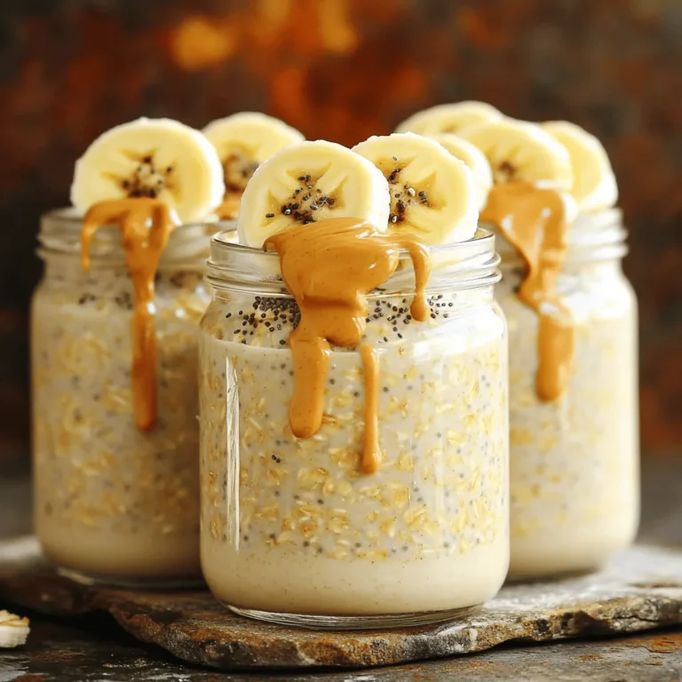 - 1 cup rolled oats - 2 cups almond milk (or any milk of choice) - 2 ripe bananas, mashed These main ingredients are the heart of the recipe. The rolled oats offer a hearty base, while the almond milk creates a creamy texture. Mashed bananas add natural sweetness and flavor. - 1/4 cup creamy peanut butter - 2 tablespoons honey or maple syrup (optional) - 1 teaspoon vanilla extract The peanut butter brings a rich, nutty flavor. If you like it sweeter, add honey or maple syrup. Vanilla extract enhances the taste, making your oats even more delicious. - 1/2 teaspoon cinnamon - A pinch of salt - Optional toppings: sliced bananas, chopped nuts, chia seeds, or chocolate chips Cinnamon adds warmth and spice, while a pinch of salt balances the sweetness. For toppings, get creative! Sliced bananas, crunchy nuts, or even chocolate chips can make your oats look and taste amazing. These ingredients come together to create a easy and delicious meal. For the full recipe, check out the instructions above. To start, gather your ingredients. In a mixing bowl, combine: - 1 cup rolled oats - 2 cups almond milk (or any milk of choice) - 2 ripe bananas, mashed Mix these until they blend well. Next, add the following to the bowl: - 1/4 cup creamy peanut butter - 2 tablespoons honey or maple syrup (optional) - 1 teaspoon vanilla extract - 1/2 teaspoon cinnamon - A pinch of salt Stir everything together until the peanut butter mixes in fully. This step is key for a smooth flavor. Now, it's time to store the mixture. Divide it into jars or airtight containers. Make sure each jar gets an equal amount. Cover the jars tightly. Place them in the fridge. Let them chill overnight or for at least 4 hours. This allows the oats to soak up all the yummy flavors. When you're ready to eat, take a jar out of the fridge. Stir the mixture well. If it seems too thick, add a splash of milk to adjust the consistency. Now comes the fun part—toppings! You can add: - Sliced bananas - Chopped nuts - Chia seeds - Chocolate chips These toppings make each bite extra special. Enjoy your tasty Peanut Butter Banana Overnight Oats! For the full recipe, check the details above. To adjust the thickness of your oats, add more milk. If you like it creamier, pour in a splash of milk before serving. This small change can make your oats more enjoyable. For sweetness, try different sweeteners. You can use honey or maple syrup, or even agave nectar. This way, you can control how sweet your oats taste. You can switch up the nut butter if you want new flavors. Almond butter or cashew butter can change the taste. Each nut butter brings its own unique flavor to the dish. Feel free to swap fruits or add flavorings. Instead of bananas, you can try berries or apples. You can also add cocoa powder for a chocolate twist. Serving your oats in clear jars looks great. It shows off the layers of oats and toppings. You can also garnish with banana slices and a drizzle of peanut butter on top. This adds both flair and flavor. To make it more visually appealing, sprinkle some chia seeds or nuts on top. This adds texture and color to your meal. A well-presented dish makes it even more fun to eat! {{image_2}} You can spice up your peanut butter banana overnight oats with fun flavors. Here are two tasty ideas: - Chocolate Peanut Butter Banana Overnight Oats: Mix in 2 tablespoons of cocoa powder with your ingredients. You will get a rich, chocolaty twist. Top with chocolate chips for extra yum! - Cinnamon Raisin Variation: Add 1/4 cup of raisins and a pinch more cinnamon. This will give your oats a warm, comforting taste. It’s like having a cookie for breakfast! You can easily adjust this recipe to fit different diets. - Vegan or dairy-free options: Use almond milk, soy milk, or oat milk in place of regular milk. Make sure your peanut butter is also dairy-free. This way, everyone can enjoy these oats! - Gluten-free adjustments: Choose gluten-free oats to keep this dish safe for those with gluten allergies. Most rolled oats are gluten-free but check the package to be sure. There are many ways to serve and enjoy your oats. - Pairing with yogurt or additional fruits: Serve your oats with a dollop of yogurt on top. Add fresh berries or sliced apples for extra flavor and nutrition. - Incorporating protein powder for a protein boost: Add a scoop of your favorite protein powder to the mix. This makes your breakfast even more filling and great for your workout days. For the full recipe, check out the detailed instructions. Enjoy your delicious creations! Peanut Butter Banana Overnight Oats will stay fresh in the fridge for up to five days. Store them in airtight containers to lock in flavor and moisture. I recommend using glass jars or plastic containers with tight lids. They make it easy to see the layers and grab a meal on the go. If you want to save some for later, you can freeze the oats. To freeze, pour the oats into freezer-safe containers. Leave some space at the top for expansion. When ready to eat, thaw them in the fridge overnight. You can also warm them in the microwave. Enjoy them cold or heat them up with a splash of milk for a cozy treat. Check your oats for signs of spoilage. If they smell off or have a strange color, it’s best to toss them. Fresh oats should smell nutty and sweet. For the best taste, eat them within five days of making them. Store them properly to keep them fresh and delicious. You can store Peanut Butter Banana Overnight Oats in the fridge for up to five days. Use airtight containers to keep them fresh. After five days, the oats may lose their texture and taste. Yes, you can use various milk types. Almond milk is great, but try oat milk, soy milk, or coconut milk for a twist. Each option adds a unique flavor. Yes, refrigerating overnight oats is key. Soaking helps the oats absorb the milk and flavors. This process makes them soft and ready to eat. Without soaking, the oats might be dry and hard. Absolutely! You can prep multiple servings at once. Just multiply your ingredients and divide them into jars. This way, you have a quick and easy breakfast ready for the week. Check the full recipe for details on preparation. Peanut Butter Banana Overnight Oats are simple and delicious. We covered main ingredients like rolled oats, almond milk, and bananas. You can enhance them with peanut butter and honey. Don’t forget the tasty toppings! Remember to be creative with flavors and use what you have on hand. These oats save time and keep well. Enjoy making them ahead for easy breakfasts. You’ll love how quick they are to prepare.