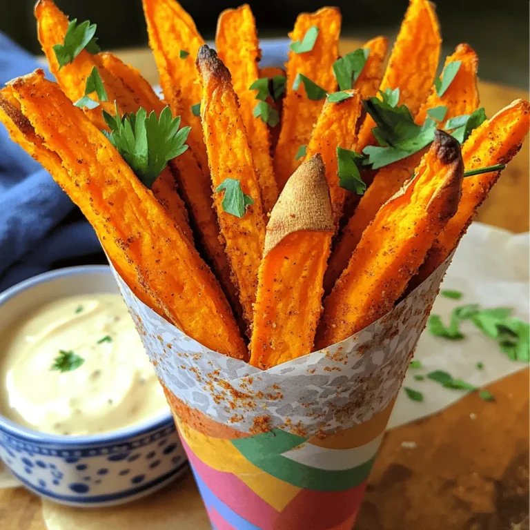 To make crispy baked sweet potato fries, you will need: - 2 large sweet potatoes - 2 tablespoons olive oil - 1 teaspoon smoked paprika - 1 teaspoon garlic powder - 1 teaspoon onion powder - ½ teaspoon salt - ½ teaspoon black pepper - ½ teaspoon cayenne pepper (optional for spice) - Fresh parsley for garnish Sweet potatoes are the star of this dish. They add natural sweetness and nutrients. Olive oil helps achieve that crisp texture we love. The spices bring warmth and depth to each fry. You can adjust the cayenne pepper if you prefer less heat. Fresh parsley makes a lovely garnish, adding color and freshness to your plate. For the full recipe and detailed instructions, check out the [Full Recipe]. 1. Preheat oven and line baking sheet: Start by preheating your oven to 425°F (220°C). Line a baking sheet with parchment paper to make cleanup easy. 2. Cutting and prepping sweet potatoes: Take 2 large sweet potatoes and peel them. Cut them into long, thin fries. Aim for similar sizes so they cook evenly. 3. Mixing spices and tossing fries: In a large bowl, mix 2 tablespoons of olive oil with 1 teaspoon each of smoked paprika, garlic powder, and onion powder. Add ½ teaspoon of salt, ½ teaspoon of black pepper, and ½ teaspoon of cayenne pepper if you like spice. Stir this together to make a marinade. Toss the sweet potato fries in this mix until they are fully coated. 1. Arranging fries on the baking sheet: Spread the fries out on the lined baking sheet. Make sure they are in a single layer and not overlapping. This step is key for getting them crispy. 2. Suggested baking time and flipping technique: Bake the fries in the preheated oven for 20 minutes. After that, flip them over and bake for another 10 to 15 minutes. Look for a golden brown color and a crispy texture. 1. Cooling and garnishing the fries: Once the fries are done, take them out of the oven. Let them cool for a few minutes. This helps them crisp up even more. Garnish with fresh parsley for a pop of color. 2. Serving suggestions and presentation tips: Serve your crispy fries in a fun way. Try using a mason jar or a colorful cone. Pair them with a tasty dipping sauce like honey mustard or spicy mayo for extra flavor. For the full recipe, check out the detailed instructions above! To get crispy sweet potato fries, cut them evenly. Aim for thin pieces, about a quarter-inch thick. This helps them cook at the same rate. If some fries are thick and others are thin, you will end up with some soft and some crispy fries. When it comes to oil, use just enough to coat the fries. Too much oil can make them soggy. I suggest using a large bowl to mix your fries with oil and spices. This way, every fry gets a nice coat. Spread the fries on the baking sheet in a single layer. If they touch, they won’t crisp up well. While the basic recipe is great, you can spice it up! Try adding cumin or chili powder for a different flavor. If you love herbs, add dried oregano or thyme. You can also sprinkle some Parmesan cheese over the fries before baking for a cheesy twist. If you like heat, increase the cayenne pepper. You can start with a pinch and taste as you go. If you want a milder fry, skip the cayenne altogether. Adjust the seasonings to suit your taste buds for a perfect bite every time! {{image_2}} You can change up your crispy baked sweet potato fries with different oils or sweet potatoes. Try using avocado oil or coconut oil instead of olive oil. These oils add unique flavors and can change the texture a bit. For sweet potatoes, you can use Japanese sweet potatoes or purple sweet potatoes. Each type brings its own taste and color, making your fries even more fun. You can also swap out spices to create new flavor profiles. If you love heat, add more cayenne pepper or smoked paprika. For a milder taste, stick with just salt and pepper. You can also try cinnamon or chili powder for a sweet and spicy kick. Pair your crispy fries with other healthy sides to make a complete meal. A fresh salad or grilled veggies can balance the meal nicely. You can also serve them alongside grilled chicken or fish for protein. Dipping sauces bring fun to your fries. Try honey mustard or spicy mayo for a zesty kick. You can also make a creamy avocado dip or a tangy yogurt sauce. These dips add flavor and can make your meal more exciting. For more ideas, check out the Full Recipe. To store crispy baked sweet potato fries, let them cool completely. Place them in an airtight container. Use parchment paper to separate layers if you stack them. This keeps them from sticking together. Store the container in the fridge. They will last for about 3 days. To keep the fries crispy, avoid adding any sauces before storage. When reheating your fries, aim to restore their crispiness. The best method is to use the oven. Preheat it to 400°F (200°C). Spread the fries out on a baking sheet. Bake for about 10-15 minutes. Check them often to avoid burning. If using a microwave, place fries on a microwave-safe plate. Heat for about 30 seconds, then check. You may need to heat again in short bursts. Use a toaster oven for a quicker option, just like the oven method. Enjoy your fries just as crispy as before! For a full recipe, check out the crispy baked sweet potato fries instructions above. How do I make sweet potato fries even crispier? To make your sweet potato fries crispier, cut them thinner. Thin fries cook faster and get crispier. Soak the cut fries in cold water for 30 minutes. This helps remove excess starch. After soaking, dry them well with a towel. Coat them with oil evenly, then bake at a high temperature. Can I make these fries in an air fryer? Yes, you can use an air fryer! Preheat the air fryer to 400°F (200°C). Place the fries in the basket in a single layer. Cook for about 15-20 minutes, flipping halfway through. This method makes them crispy and uses less oil. What dipping sauces go well with sweet potato fries? Sweet potato fries pair well with many dips. Try honey mustard, spicy mayo, or a garlic aioli. You can also enjoy them with a tangy barbecue sauce or even ketchup for a classic touch. Are baked sweet potato fries healthier than regular fries? Yes, baked sweet potato fries are generally healthier. They have less fat since you use less oil. Sweet potatoes are rich in vitamins A and C, fiber, and antioxidants. This makes them a better choice over regular fries, which are often deep-fried. What are the health benefits of sweet potatoes? Sweet potatoes offer many health benefits. They support good vision due to high vitamin A. They also help with digestion thanks to their fiber content. Sweet potatoes contain potassium, which is good for heart health. Plus, they have a low glycemic index, making them great for blood sugar control. You now have a clear guide to making delicious baked sweet potato fries. We covered ingredients, step-by-step instructions, and helpful tips to ensure crispiness. You can also customize your fries with variations and learn how to store leftovers properly. Enjoy creating this tasty side that is both healthy and satisfying. Remember, experimenting with spices and dips can make each batch unique. Dive in, have fun, and treat yourself to a wholesome snack!