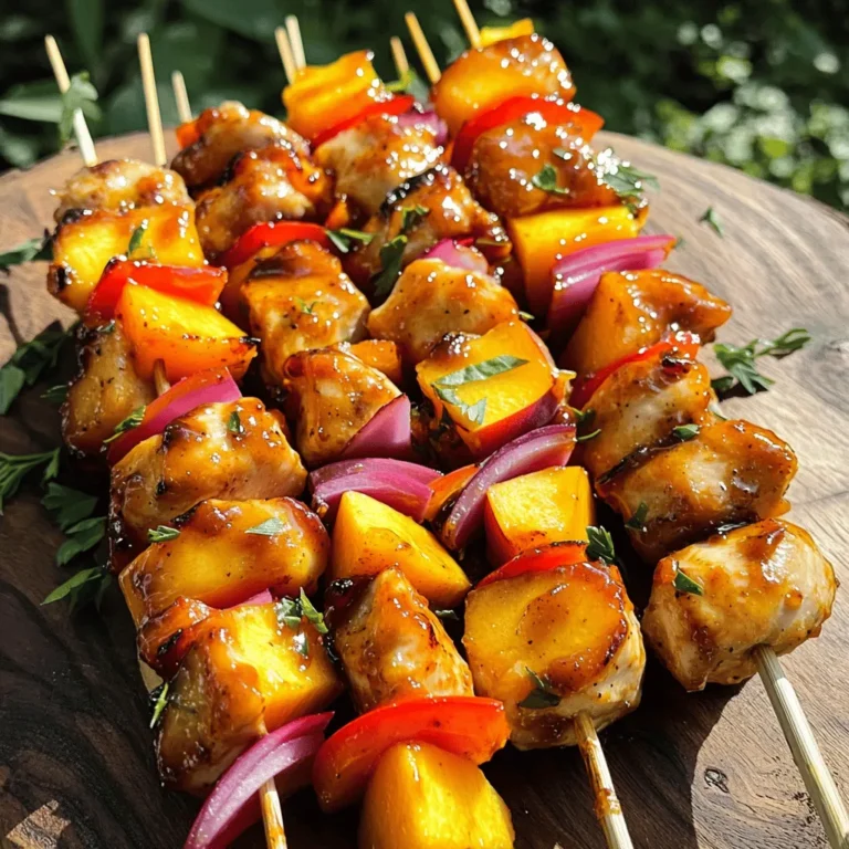 - 1 lb (450g) boneless, skinless chicken breasts, cut into 1-inch cubes - 2 ripe peaches, pitted and cut into wedges - 1 red bell pepper, cut into 1-inch pieces - 1 medium red onion, cut into wedges - 1/4 cup barbecue sauce (your favorite brand or homemade) - 2 tablespoons honey - 2 tablespoons olive oil - 1 teaspoon smoked paprika - 1/2 teaspoon garlic powder - Salt and pepper to taste - Bamboo skewers (soaked in water for 30 minutes) - A large bowl for marinating - A cutting board and knife - Grill or grill pan - Tongs for handling skewers - Measuring cups and spoons You can swap chicken for shrimp or tofu for a different taste. Use any seasonal fruit if peaches are not available. Mango or pineapple fits well. If you want less sweetness, reduce honey or use a sugar-free sauce. For a smoky flavor, add more smoked paprika or use chipotle sauce instead. Start by marinating the chicken. In a bowl, mix barbecue sauce, honey, olive oil, smoked paprika, garlic powder, salt, and pepper. Add the chicken cubes and toss them in the marinade. Make sure each piece is well-coated. Cover the bowl and let it sit in the fridge. Marinate for at least 30 minutes, but 2 hours is better for flavor. While the chicken marinates, prepare your fruits and veggies. Cut the peaches into wedges. Slice the red bell pepper into 1-inch pieces. Cut the red onion into wedges. Keep all pieces roughly the same size for even cooking. This step ensures your skewers look and taste great. Now it's time to assemble the skewers. Take the soaked bamboo skewers and start threading the marinated chicken, peach wedges, red bell pepper, and onion onto them. Alternate between the chicken and veggies. This not only adds color but also enhances flavor. Aim for a mix of all ingredients for each skewer. Preheat your grill to medium-high heat. Lightly oil the grill grates. This helps to prevent the skewers from sticking. Place the assembled skewers on the grill. Cook for about 10-12 minutes. Turn them occasionally. You want the chicken cooked through and the peaches slightly caramelized. Look for nice grill marks on the chicken. In the last couple of minutes, brush more barbecue sauce over the skewers. This adds extra flavor and a nice glaze. Once cooked, remove the skewers from the grill and let them rest for a few minutes. For serving, arrange them on a large platter. Garnish with fresh herbs like cilantro or parsley. Serve with extra barbecue sauce on the side for dipping. Enjoy your delicious Peach BBQ Chicken Skewers! For the complete recipe, check out the Full Recipe. Marinating is key to great taste. To get the best flavor, mix your marinade well. I use a bowl and whisk to blend the barbecue sauce, honey, and spices. Add the chicken cubes and coat them fully. Let the chicken sit in the fridge for at least 30 minutes. If you have time, let it marinate for up to 2 hours. This will soak in all the yummy flavors. To avoid sticking, preheat your grill to medium-high. Once it’s hot, oil the grates lightly. I use a paper towel dipped in olive oil and tongs to rub it on. This helps create a non-stick surface. Place your skewers on the grill carefully. Turn them gently every few minutes. This will help them cook evenly and keep them from sticking. To ensure your chicken is safe to eat, use a meat thermometer. The chicken should reach an internal temperature of 165°F (75°C). This means it's cooked and safe. If you don’t have a thermometer, cut a piece in half. The meat should be white, not pink. Always check before serving. Following these tips will help you make perfect Peach BBQ Chicken Skewers every time. For the full recipe, see the earlier section. {{image_2}} You can easily switch up the ingredients in your Peach BBQ Chicken Skewers. Try using different fruits like pineapple or mango. These fruits also add a sweet touch. You can use zucchini or cherry tomatoes for more veggie options. If you want a bit of heat, add jalapeños. For meat lovers, swap chicken for shrimp or beef. These changes can make your skewers unique and tasty. The marinade is key to great flavor. Besides the classic BBQ sauce, you can use teriyaki sauce or a citrus marinade. A honey mustard mix also works well. For a spicy kick, try adding sriracha or chili powder to the marinade. Let your imagination run wild. Each choice brings a new twist to the dish. Peach BBQ Chicken Skewers pair well with many sides. You can serve them with a light salad for freshness. Coleslaw adds crunch and creaminess. Grilled corn on the cob is another tasty option. You can also serve rice or couscous for a filling meal. For a fun touch, add a dipping sauce like ranch or extra BBQ sauce. These sides make your meal complete and satisfying. After enjoying your Peach BBQ Chicken Skewers, store any leftovers properly. Place them in an airtight container. You can keep them in the fridge for up to three days. Make sure the skewers cool down before sealing the container. This helps keep the chicken and veggies fresh. To reheat your skewers, use an oven or microwave. If using an oven, preheat it to 350°F (175°C). Place the skewers on a baking sheet and cover them with foil. Heat for about 10-15 minutes. If using a microwave, place the skewers on a microwave-safe plate. Heat for 1-2 minutes, checking to avoid overcooking. Always ensure the chicken is heated through. For meal prep, you can freeze the skewers. First, wrap them tightly in plastic wrap or foil. Then place them in a freezer-safe bag. They can last up to three months in the freezer. When ready to eat, thaw them in the fridge overnight. Cook them on the grill or oven once thawed. This keeps the flavors fresh for your next meal. Check out the Full Recipe for more delicious ideas! You can use your oven for this recipe. Preheat the oven to 400°F (200°C). Place the skewers on a baking sheet lined with foil. Bake for about 20-25 minutes, turning halfway. This method gives you juicy chicken and tasty peaches. Yes, you can use frozen chicken. Just make sure to thaw it first. Thaw overnight in the fridge or use the microwave. Pat it dry before marinating to help the flavors stick. If you can't find peaches, try using nectarines or plums. Both fruits have a similar sweet flavor. Pineapple works too and adds a tropical twist to your skewers. Leftovers will stay fresh for about 3-4 days in the fridge. Store them in an airtight container to keep them tasty. You can enjoy them cold or reheated. Absolutely! You can assemble the skewers a few hours in advance. Just cover them and keep them in the fridge until you are ready to grill. This saves time and makes cooking easy. For the full recipe, check the earlier section. This article covered how to make Peach BBQ Chicken Skewers. We talked about ingredients, cooking supplies, and tasty variations. I shared steps for marinating, grilling, and serving. You learned tips to enhance flavor and avoid sticking. Plus, I gave storage tips to keep leftovers fresh. Enjoy making these skewers! They are a fun and tasty option for any meal.