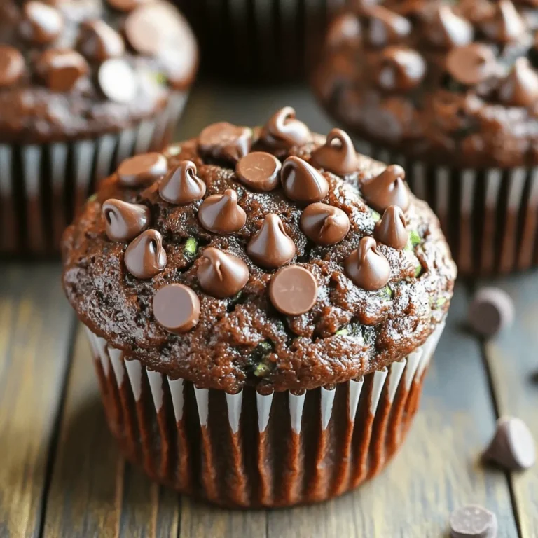 To make these delightful chocolate zucchini muffins, you'll need the following items: - 1 medium zucchini, grated (about 1 cup) - 1 cup all-purpose flour - 1/2 cup unsweetened cocoa powder - 1 teaspoon baking soda - 1/2 teaspoon baking powder - 1/2 teaspoon salt - 1 cup granulated sugar - 1/2 cup brown sugar, packed - 1/2 cup vegetable oil - 2 large eggs - 1 teaspoon vanilla extract - 1/2 cup semi-sweet chocolate chips (plus extra for topping) Each ingredient plays an important role in making the muffins moist and delicious: - Zucchini: Adds moisture without altering the flavor. - Flour: Provides structure to the muffins. - Cocoa Powder: Gives the muffins their rich chocolate taste. - Baking Soda and Baking Powder: These leavening agents help the muffins rise. - Sugars: Granulated and brown sugars add sweetness and moisture. - Vegetable Oil: Keeps the muffins tender and moist. - Eggs: Bind the ingredients and add richness. - Vanilla Extract: Enhances the overall flavor. - Chocolate Chips: Add melty chocolate goodness in every bite. You can customize this recipe if you need to. Here are some simple swaps: - Zucchini: Substitute with grated carrots for a different flavor. - All-Purpose Flour: Use whole wheat flour for added fiber. - Cocoa Powder: Try Dutch-processed cocoa for a milder taste. - Sugars: Use coconut sugar for a lower glycemic index. - Vegetable Oil: Swap with melted coconut oil for a unique flavor. - Eggs: Use flax eggs (1 tablespoon flaxseed meal + 2.5 tablespoons water) for a vegan option. You can find the full recipe to guide you through the steps! Start by gathering your ingredients. You need: - 1 medium zucchini, grated (about 1 cup) - 1 cup all-purpose flour - 1/2 cup unsweetened cocoa powder - 1 teaspoon baking soda - 1/2 teaspoon baking powder - 1/2 teaspoon salt - 1 cup granulated sugar - 1/2 cup brown sugar, packed - 1/2 cup vegetable oil - 2 large eggs - 1 teaspoon vanilla extract - 1/2 cup semi-sweet chocolate chips (plus extra for topping) Preheat your oven to 350°F (175°C). Line a muffin tin with paper liners or grease it well. In a medium bowl, mix the flour, cocoa powder, baking soda, baking powder, and salt. Whisk it all together and set this bowl aside. In a large bowl, whisk the granulated sugar, brown sugar, and vegetable oil until smooth. Then, add the eggs one at a time. Mix well after each egg. Stir in the vanilla until it blends in completely. Now, fold the grated zucchini into this mixture, making sure it’s spread out evenly. Next, take the dry ingredients and add them to the wet mixture. Stir gently until just combined. Be careful not to overmix; this keeps the muffins light. Now, fold in the chocolate chips, saving a few for topping later. Spoon the batter evenly into the muffin cups, filling each about two-thirds full. Sprinkle the reserved chocolate chips on top of each one. Bake in your preheated oven for 18-20 minutes. To check for doneness, insert a toothpick into the center. It should come out clean or with a few crumbs attached. Keep an eye on the muffins as they bake. Start checking them at 18 minutes. If the toothpick comes out dirty, give them a few more minutes. Overbaking can make them dry, which we want to avoid. Once they are done, let them cool in the pan for about 5 minutes. Then, move them to a wire rack to cool completely. Now you have moist and delicious chocolate zucchini muffins! Check out the Full Recipe for more details. When baking chocolate zucchini muffins, a few common mistakes can happen. First, do not skip squeezing the grated zucchini. Zucchini holds a lot of water, and too much moisture can ruin your muffins. Second, avoid overmixing the batter. This can make the muffins tough instead of soft. Third, do not forget to check your oven temperature. An oven that is too hot can cause the muffins to bake too quickly on the outside while staying raw inside. To ensure your muffins are moist, use fresh zucchini. Old zucchini may be drier and less flavorful. I recommend using oil instead of butter. Oil keeps them soft and moist longer. Also, consider adding a little more sugar for sweetness. A touch of brown sugar adds moisture, too. Lastly, let the muffins sit in the pan for a few minutes before transferring them to a wire rack. This helps them stay soft. To boost the flavor, try adding a pinch of cinnamon or nutmeg. These spices complement chocolate well. You can also mix in nuts or seeds for crunch. Chopped walnuts or pecans work nicely. For a richer taste, use dark chocolate chips instead of semi-sweet. If you want a fun twist, add a splash of espresso or coffee to the batter. This enhances the chocolate flavor without being too strong. For the full recipe, you can check the complete instructions above. {{image_2}} You can make these muffins healthier. Try using whole wheat flour instead of all-purpose flour. Whole wheat flour adds fiber and nutrients. You can also cut down on sugar. Use half a cup of granulated sugar and a half cup of unsweetened applesauce. This swap keeps muffins sweet but lowers calories. Add new tastes to your muffins for fun! Mix in nuts like walnuts or pecans for crunch. You can also add spices like cinnamon or nutmeg for warmth. Try adding a splash of espresso for a coffee flavor. Each choice brings a new twist to this treat. If you need gluten-free muffins, use gluten-free flour blends. These blends work well in most recipes. You can also try almond flour for a different taste. Just make sure to check the mix for the right texture. This way, everyone can enjoy chocolate zucchini muffins! For the complete recipe, visit the [Full Recipe]. To keep your chocolate zucchini muffins fresh, store them in an airtight container. This helps keep moisture in while preventing them from drying out. You can also line the container with a paper towel. This absorbs extra moisture and keeps the muffins soft. Place the muffins at room temperature for up to three days. For longer storage, you might want to consider freezing. Freezing is a great way to save extra muffins. First, let them cool completely. Then, wrap each muffin tightly in plastic wrap. You can also use foil or place them in a freezer-safe bag. Make sure to remove as much air as possible. Label the bags with the date. You can freeze these muffins for up to three months. When you’re ready to enjoy them, just thaw them in the fridge overnight. Reheating your muffins is simple and quick. If you prefer a soft muffin, microwave it for about 10 to 15 seconds. This warms the muffin without making it tough. If you want a crispy texture, use an oven. Preheat your oven to 350°F (175°C) and place the muffins on a baking sheet. Heat them for about 5 to 7 minutes. This method brings back their fresh-baked taste. Enjoy your chocolate zucchini muffins warm! Yes, you can make these muffins without eggs. Use 1/4 cup of unsweetened applesauce for each egg. This will keep the muffins moist and help them rise. You can also use a flaxseed meal mix. Combine 1 tablespoon of flaxseed meal with 3 tablespoons of water. Let it sit for five minutes before adding to the batter. Both options work great! These muffins stay fresh for about 3 days at room temperature. Store them in an airtight container. For longer storage, keep them in the fridge for up to a week. You can also freeze them. They last for up to 3 months in the freezer. Just thaw them overnight when you want to enjoy one. Absolutely! You can use any type of zucchini. Yellow squash works well too. Both have similar moisture content and flavor. Just make sure to grate it finely. This helps the zucchini blend into the batter smoothly. You can add many yummy mix-ins to your muffins. Consider adding: - Chopped nuts like walnuts or pecans - Dried fruit like raisins or cranberries - Coconut flakes for a tropical twist - Different types of chocolate chips, like dark or white chocolate Feel free to explore! The Full Recipe gives you a solid base for creativity. You learned how to make moist and tasty chocolate zucchini muffins. We covered the key ingredients, possible swaps, and step-by-step baking instructions. I shared tips for avoiding common mistakes and enhancing flavor. You can even try healthier or gluten-free options. These muffins are versatile and easy to store. Remember, you can always check out the full recipe for more details. Enjoy your baking adventure!