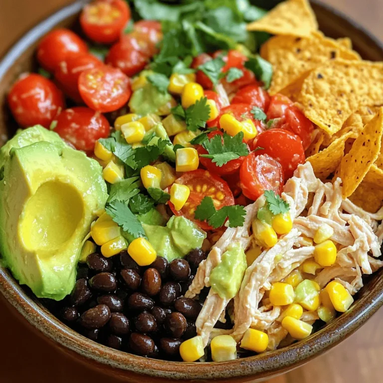 - 2 cups cooked chicken breast, shredded - 1 can (15 oz) black beans, rinsed and drained - 1 cup corn kernels (fresh, frozen, or canned) - 1 red bell pepper, diced - 1 avocado, diced - ½ red onion, finely chopped - 1 cup cherry tomatoes, halved - ½ cup fresh cilantro, chopped - Juice of 2 limes - 4 tablespoons olive oil - 1 tablespoon honey (optional) - 1 teaspoon cumin - 1 teaspoon chili powder - Salt and pepper to taste - Tortilla chips for serving - Additional cilantro for garnish Gather these fresh, colorful ingredients for your Southwest Chicken Salad. Each one adds a unique flavor. The chicken gives protein, while black beans add fiber. Corn brings sweetness, and red bell pepper adds crunch. Avocado adds creaminess and healthy fats. Red onion gives a bit of sharpness. Cherry tomatoes add juiciness, and cilantro ties it all together with herbaceous notes. For the dressing, lime juice adds a bright zing. Olive oil helps blend the flavors. Honey adds a touch of sweetness. Cumin and chili powder bring warmth and depth. A sprinkle of salt and pepper rounds it out. Feel free to use tortilla chips for a crunchy side. Fresh cilantro can brighten the dish even more. For the complete recipe, check out the Full Recipe. - Combine all salad ingredients in a large mixing bowl. - Whisk together dressing ingredients in a separate small bowl. To start, I gather all my ingredients. I love using fresh, colorful items. The mix of textures and flavors makes it exciting. I shred the cooked chicken, rinse the black beans, and chop the veggies. Each ingredient adds a unique taste. The black beans bring a nice creaminess, while the bell pepper adds a sweet crunch. Next, I mix the lime juice, olive oil, and spices in a small bowl. This dressing packs a punch! I whisk it until it’s well blended. You can taste the lime and cumin right away. - Pour the dressing over the salad and toss gently. - Let the salad sit for at least 10 minutes to meld flavors. - Serve in bowls garnished with cilantro and tortilla chips. Now, I pour the dressing over the salad mix. I gently toss everything together. It’s important to coat all the ingredients evenly. After that, I let the salad sit for at least 10 minutes. This helps all the flavors blend together. When it’s time to serve, I dish it into bowls. I love to sprinkle fresh cilantro on top. It adds a burst of color and flavor. If you want some crunch, add tortilla chips on the side. They give a fun texture to each bite. This Southwest Chicken Salad is ready to impress! For the full recipe, check out the main article. - Use pre-cooked rotisserie chicken for quicker preparation. - Opt for canned or frozen corn to save time. When you choose rotisserie chicken, you cut down on cooking time. Simply shred it and add it to your salad. Canned or frozen corn also saves you steps. You don’t have to cook or cut corn from the cob. This way, you can enjoy your meal sooner. - Allowing the salad to rest enhances flavor integration. - Experiment with additional spices like paprika for extra kick. Letting the salad sit for at least 10 minutes helps the flavors mix well. This makes every bite taste better. You can also play with spices. Adding paprika gives a nice smoky taste. It can really change the salad. - Use colorful bowls to make the dish visually appealing. - Arrange garnishes artfully for an inviting look. Bright bowls can make any dish pop. Choose colors that match the salad’s bright ingredients. When you place cilantro or lime wedges on top, it looks fresh and fun. A beautiful presentation makes your meal more enjoyable. For the full recipe, check back to the main section! {{image_2}} You can mix up the protein in your salad. If you want something different, substitute chicken with shrimp or tofu. Both options add great flavor. Shrimp cooks fast, making it a fun choice. Tofu gives a nice texture and absorbs flavors well. For a quick seafood option, use canned tuna. It’s easy and tasty! If you need a gluten-free salad, skip the tortilla chips. You can still enjoy the salad without them. For a vegan twist, use maple syrup or agave instead of honey in the dressing. This keeps the salad plant-based and sweet. Want to spice things up? Add jalapeños for heat. They give your salad a nice kick. If you prefer something sweet, try adding mango. It balances the flavors well. You can also mix in extra veggies like cucumbers or radishes. They add crunch and freshness. Experiment with your favorite ingredients to make the salad your own. Check out the [Full Recipe] for all the details! - Store in an airtight container for up to 3 days in the fridge. - Keep the dressing separate if meal prepping. When I make Southwest Chicken Salad, I like to keep it fresh. After preparing it, I place it in a tight container. This helps lock in flavor and keep it crisp. If I plan to eat it later, I always store the dressing apart. This way, the greens and veggies stay nice and crunchy. - Not recommended for freezing due to the nature of fresh ingredients. - Consider freezing the shredded chicken separately if needed. Freezing is tricky with this salad. Fresh ingredients can lose texture and flavor when frozen. If I want to save time later, I sometimes freeze the shredded chicken alone. It works well for quick meals later on. - Best enjoyed cold; if reheating, do so gently to avoid wilting. I find that Southwest Chicken Salad tastes best cold. If I ever reheat it, I do it slowly and carefully. This helps keep the veggies from wilting. It’s all about keeping that fresh, vibrant taste alive! Add more chili powder or include jalapeños for heat. This will bring the fire! If you like it hot, consider using fresh jalapeños. They add a nice crunch too. Yes, but wait to add avocado and dressing until serving time. This keeps the avocado fresh and the salad from getting soggy. Prepare the other ingredients ahead to save time. Kidney beans, pinto beans, or chickpeas can be used. Each option adds a different taste and texture. Kidney beans are a bit sweet, while chickpeas add a nice nutty flavor. Yes, it’s packed with lean protein, fiber, and healthy fats. The chicken gives you protein, while beans and veggies add fiber. This makes it great for a balanced meal. Yes, fruits like mango or pineapple can add sweetness. Adding fruit contrasts the savory flavors. It makes the salad even more fun and tasty! For the full recipe, check out the complete guide. This Southwest Chicken Salad packs flavor and freshness. You learned about key ingredients like shredded chicken, black beans, and avocados. I shared steps to make it easy and tips to save time. You can modify it to fit your taste or dietary needs. In the end, this salad offers a healthy, tasty option for any meal. Enjoy making it your own!