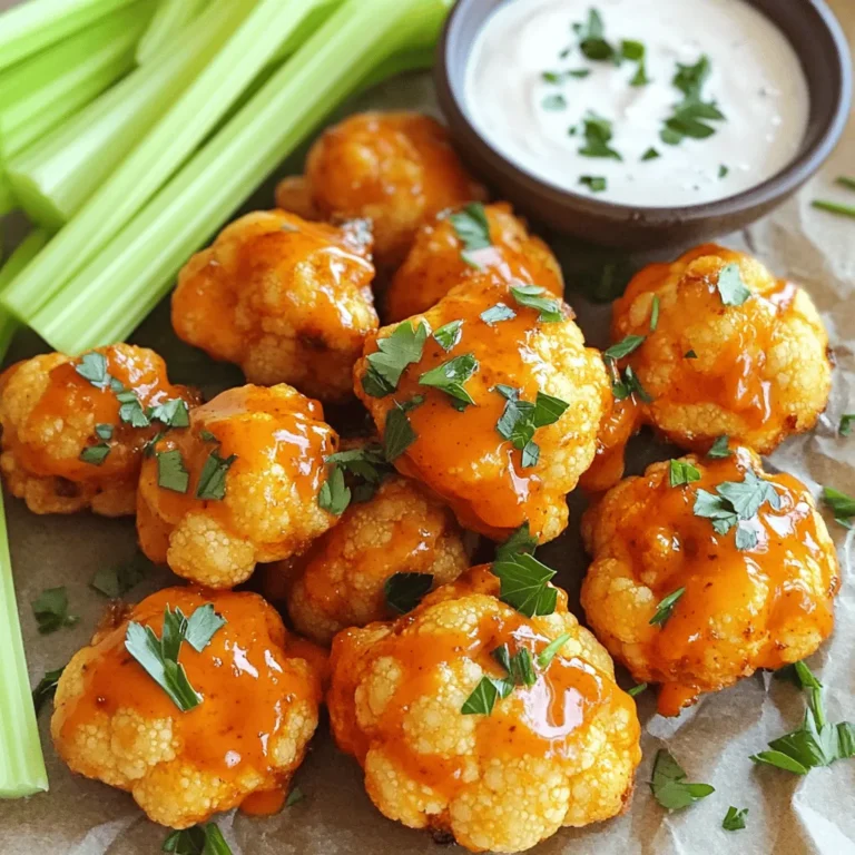 - 1 large head of cauliflower, cut into bite-sized florets - 1 cup all-purpose flour - 1 cup water - 1 cup buffalo sauce (store-bought or homemade) - 1 teaspoon garlic powder - 1 teaspoon smoked paprika - 1 teaspoon onion powder - 1/2 teaspoon cayenne pepper (adjust to taste) - 1/4 teaspoon salt - 2 tablespoons olive oil - Fresh parsley, chopped (for garnish) - Celery sticks and ranch dressing (for serving) When I create Buffalo Cauliflower Bites, I focus on fresh, high-quality ingredients. The cauliflower is the star here, so choose a large head. Make sure it's firm and free of blemishes. For the batter, I blend all-purpose flour with water and seasonings. This mix gives the bites their crispy texture. I use garlic powder, smoked paprika, onion powder, cayenne pepper, and salt. Each adds depth of flavor. Adjust the cayenne to your liking for more or less heat. The buffalo sauce is key. You can use a store-bought version or make your own. I love the kick it brings. Finally, I drizzle olive oil over the bites to help them crisp up in the oven. Don't forget the extras! Fresh parsley adds a splash of color and flavor. Serve with celery sticks and ranch dressing for a classic pairing. You can find the full recipe later in this article to guide you through the cooking process. - Preheat your oven to 450°F (230°C). - Line a baking sheet with parchment paper. - In a large bowl, whisk together: - 1 cup all-purpose flour - 1 cup water - 1 teaspoon garlic powder - 1 teaspoon smoked paprika - 1 teaspoon onion powder - 1/2 teaspoon cayenne pepper (adjust to taste) - 1/4 teaspoon salt - Whisk until the batter is smooth. - Dip each cauliflower floret into the batter. - Make sure the florets are evenly coated. - Shake off any extra batter. - Place them on the prepared baking sheet. - Bake for 20-25 minutes. - Turn the florets halfway through for even baking. - While the cauliflower bakes, mix together: - 1 cup buffalo sauce - 2 tablespoons olive oil - After baking, take the cauliflower out. - Toss the florets in the buffalo sauce mixture. - Return them to bake for another 10-15 minutes. - This will make them crispy and flavorful. For the full recipe, check the detailed instructions above! Enjoy your cooking adventure with these Buffalo Cauliflower Bites! To get crispy cauliflower bites, follow these steps: - Use a dry cauliflower head. Make sure to pat it dry after washing. - Coat the florets in the batter evenly. Shake off any extra batter. - Bake at a high temperature. I recommend 450°F (230°C) for the best results. - Flip the florets halfway through baking. This helps them cook evenly. For even baking, spread the florets out on the sheet. Leave space between each one. This allows the hot air to circulate. Want to add more heat? You can: - Increase the cayenne pepper in the batter. - Add hot sauce directly to the batter for extra kick. As for flavor, consider these dips: - Blue cheese dressing adds a creamy touch. - A spicy ranch pairs well with the heat. - Hummus can give a fresh twist to the bites. Baking is healthier, but frying gives a great crunch. Here are the pros and cons: - Baking: Less oil, lower calories, and easier cleanup. - Frying: Crispier bites and richer flavor, but more calories and mess. If you choose to fry, heat oil in a pot to 350°F (175°C). Fry the battered florets for about 4-5 minutes until golden. Drain them on paper towels to remove excess oil. {{image_2}} To make Buffalo Cauliflower Bites dairy-free, simply replace the buffalo sauce with a vegan option. Many stores offer vegan buffalo sauces made without dairy. If you want to keep the dish creamy, use cashew cream or almond yogurt as a dip. These swaps keep the flavor intact while making it vegan. You can easily adjust the spice level to fit your taste. If you prefer a milder flavor, reduce the cayenne pepper in the batter. For extra heat, add more cayenne or even some hot sauce to the buffalo sauce. You can also try different sauces like teriyaki or BBQ for a unique twist. To make this recipe gluten-free, swap all-purpose flour with almond flour or chickpea flour. Both options work well and keep the bites crispy. Ensure the buffalo sauce is also gluten-free if you are sensitive to gluten. Many brands offer gluten-free versions, so check the label. Explore these variations to find the perfect Buffalo Cauliflower Bites that fit your diet and taste. You can discover the full recipe and enjoy this tasty treat! To store leftovers, let the cauliflower bites cool down first. Place them in an airtight container. This keeps them fresh for up to four days in the fridge. Glass or plastic containers work well. Avoid using paper towels inside, as they can trap moisture. For reheating, the oven works best. Preheat it to 400°F (200°C). Spread the bites on a baking sheet. Bake for about 10 minutes until they are hot and crispy again. If using a microwave, place the bites on a plate and cover with a damp paper towel. Heat for 30 seconds at a time, checking often. This method helps keep some crispiness, but the oven is still better. To freeze your Buffalo Cauliflower Bites, let them cool completely. Place the bites in a single layer on a baking sheet and freeze for about an hour. Once frozen, transfer them to a freezer-safe bag or container. They can last up to three months in the freezer. To reheat from frozen, preheat your oven to 425°F (220°C). Bake the bites for 15-20 minutes, or until hot and crispy. You can enjoy these bites anytime you want! For the complete process, check the Full Recipe. To coat the cauliflower well, use a thick batter. You want a smooth mix of flour and water. This helps the batter stick to the florets. Make sure to dip each piece fully. Shake off any extra batter to avoid sogginess. A good tip is to coat them right before baking. This keeps them crispy. Yes, cheese can make these bites even better! Try adding some grated Parmesan or cheddar. Mix a bit of cheese into the batter for extra flavor. You can also sprinkle cheese on top before the last bake. This gives a nice cheesy crust. Buffalo Cauliflower Bites last about 3-5 days in the fridge. Store them in an airtight container. Make sure they cool completely before you seal them. This keeps them fresh and tasty. These bites pair well with celery sticks and ranch dressing. You can also try blue cheese dressing for a classic touch. Other good sides include carrot sticks or a fresh salad. They make a great snack or appetizer. To add more heat, increase the cayenne pepper in the batter. You can also use a hotter buffalo sauce. If you like it very spicy, add some hot sauce directly to the mix. For an extra kick, serve with a spicy dip on the side. Check out the Full Recipe for more tips. You have learned how to make crispy Buffalo Cauliflower Bites. With simple ingredients, I shared clear steps to ensure they turn out great. Remember to adjust the spice and add your favorite dips. Store them well for later, so you can enjoy these tasty bites anytime. Whether you bake or fry, these are a healthy treat that is perfect for sharing. Try different flavors and make them your own. Enjoy making and savoring this fun recipe!