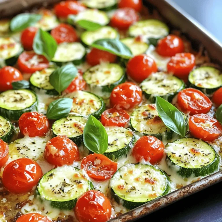 For One Pan Zucchini Parmesan, gather these items: - 4 medium zucchinis, sliced into ½-inch rounds - 1 cup cherry tomatoes, halved - 1 cup grated Parmesan cheese - 1 cup shredded mozzarella cheese - 2 cloves garlic, minced - 1 teaspoon dried oregano - 1 teaspoon dried basil - 1 teaspoon red pepper flakes (optional) - 2 tablespoons olive oil - Salt and pepper, to taste - Fresh basil leaves, for garnish These ingredients work together to create a tasty dish. The zucchini shines, and the cheeses add a creamy touch. You can swap out some ingredients if needed: - Zucchini: Use yellow squash or eggplant for a different flavor. - Cherry tomatoes: Regular tomatoes work, but cut them into smaller pieces. - Parmesan cheese: Grated Pecorino Romano or nutritional yeast can be used. - Mozzarella cheese: Try provolone or a vegan cheese for a dairy-free option. These substitutes keep the dish tasty while allowing you to use what you have. Fresh ingredients always bring the best flavor. Zucchini and tomatoes taste best when fresh and in season. Canned tomatoes can work in a pinch, but they may add more liquid. If using canned tomatoes, drain them well before adding them to the pan. Using fresh herbs also enhances the flavor. If you can only find dried herbs, use half the amount since dried herbs are stronger. Using fresh ingredients will help you create a dish that bursts with flavor. For the complete recipe, refer to the Full Recipe. Start by preheating your oven to 400°F (200°C). This step ensures even cooking for your One Pan Zucchini Parmesan. Next, grab a large mixing bowl. In this bowl, combine the sliced zucchinis and halved cherry tomatoes. Add the minced garlic, dried oregano, dried basil, and red pepper flakes if you like some heat. Season this mix with salt and pepper to taste. Drizzle in the olive oil and toss everything until it’s well coated. This step brings out the best flavors. Once mixed, spread the zucchini and tomato mixture in a single layer on a large baking sheet or pan. This helps each piece cook evenly. Sprinkle half of the grated Parmesan cheese over the veggies. Place your pan in the preheated oven. Bake the vegetables for 20 minutes. This time allows the zucchini to soften and release some moisture. After that, take the pan out carefully. Now, it’s time to add the cheese! Sprinkle the shredded mozzarella and the remaining Parmesan on top of the zucchini and tomatoes. Return the pan to the oven for another 10 to 15 minutes. Keep an eye on it! You want the cheese to melt and bubble. It should also turn a lovely golden brown. Once it looks just right, take it out and let it cool for a few minutes. To ensure even cooking, try to slice the zucchinis uniformly. This way, they will cook at the same rate. When you place the veggies on the baking sheet, ensure they are spread out. Avoid crowding them, as this can cause steaming instead of roasting. For the best cheese melting, use freshly grated cheese. Pre-packaged cheese often has anti-caking agents that can affect how it melts. Layer your cheese in stages, like I mentioned earlier. This method helps create a creamy and delicious top layer. Now you're ready to enjoy your dish! For the full recipe details, refer to the earlier sections. When picking zucchini, look for firm and smooth skin. Choose zucchinis that feel heavy for their size. The color should be bright green without any blemishes. Smaller zucchinis have better flavor. They measure about 6 to 8 inches long. If you see larger zucchinis, they may taste watery and less sweet. A common mistake is overcrowding the pan. If you add too many veggies, they steam instead of roast. This will make them soggy and bland. Another mistake is not seasoning enough. Always season your zucchini well with salt and pepper. Letting the dish sit too long after baking can also lead to a loss of crispness. Serve it right after it cools for a few minutes. You can boost the flavor of your One Pan Zucchini Parmesan with simple extras. Try adding lemon zest for brightness. A splash of balsamic vinegar adds depth. Fresh herbs like thyme or parsley can make it more fragrant. If you like heat, add more red pepper flakes. Mixing in olives or artichokes offers a tasty twist. These enhancements make the dish even more exciting and delicious. {{image_2}} One Pan Zucchini Parmesan shines with more veggies. Add bell peppers for sweetness. You can also mix in mushrooms for a meaty texture. Spinach is a great choice, too. It wilts nicely and adds color and nutrients. You can even throw in some artichoke hearts for an extra burst of flavor. This dish can become a colorful veggie feast. You can boost this dish with protein. Chicken works well; just slice it thinly for even cooking. Toss the chicken with the zucchini and tomatoes before baking. Shrimp is another great choice. It cooks quickly and adds a nice taste. Just add it in the last few minutes of baking. For a heartier meal, try adding cooked sausage or turkey. To make this dish vegan, swap the cheeses for plant-based options. Look for vegan mozzarella and Parmesan. They melt well and still taste great. Use nutritional yeast for a cheesy flavor without dairy. You can also add tofu for protein. Just cube it and mix it in with the veggies. This way, you keep all the delicious flavors while making it plant-based. You can find the full recipe to explore these variations further. After enjoying One Pan Zucchini Parmesan, you may have some leftovers. Store them in an airtight container. This keeps the dish fresh. Let it cool before sealing to avoid steam buildup. Place it in the fridge. It will stay good for 3-4 days. For the best taste, eat it within this time frame. When you’re ready to eat your leftovers, reheat them in the oven or microwave. For the oven, preheat to 350°F (175°C). Place the dish in a baking pan. Cover it with foil to keep it moist. Heat for about 15 minutes. If using a microwave, place a portion on a plate and cover it. Heat it for 1-2 minutes. Check if it’s hot all the way through. Freezing One Pan Zucchini Parmesan is a great option for meal prep. Let it cool completely before freezing. Use a freezer-safe container or bag. Split it into smaller portions for easy meals. It can last up to 2-3 months in the freezer. When you’re ready to eat, thaw it in the fridge overnight. Reheat it as mentioned above. This makes it easy to enjoy a tasty meal any time! You can prepare this dish in advance. First, slice the zucchinis and halve the cherry tomatoes. Toss them with olive oil, garlic, and spices as the recipe suggests. Then, cover the bowl with plastic wrap. Store it in the fridge for up to 24 hours. When you're ready to cook, spread the mixture on the pan and sprinkle the cheese. Bake it as per the Full Recipe. This way, you save time on busy days. This dish pairs well with many sides. You can serve it with crusty bread for a comforting meal. A fresh salad adds crunch and lightness. Try a simple green salad with lemon vinaigrette. You could also serve it alongside grilled chicken or fish for protein. This makes it a balanced meal. Don't forget to enjoy it with a glass of white wine for a delightful touch. Yes, you can use other vegetables too! Bell peppers, eggplant, and asparagus work great. Just cut them into similar sizes for even cooking. You can mix and match your favorites. This adds variety and keeps each meal exciting. Just follow the same steps in the recipe, and enjoy the new flavors. In this blog post, we explored the essential ingredients for One Pan Zucchini Parmesan, including substitutes and the choice between fresh and canned options. I provided clear, step-by-step cooking instructions and shared tips for perfect results. We also discussed variations for different diets and effective storage methods for leftovers. As you cook this dish, remember that creativity counts. Try different veggies and spices to make it yours. Enjoy tasty meals with ease!
