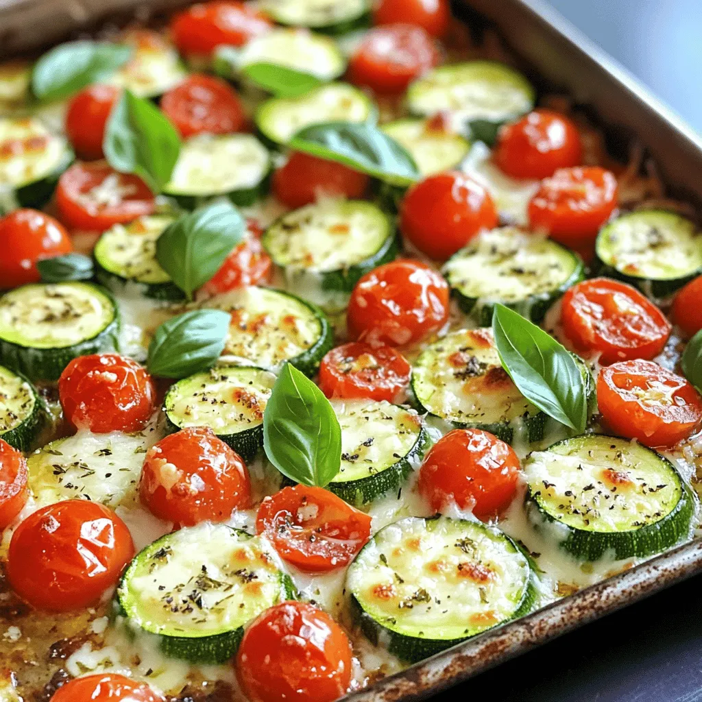 For One Pan Zucchini Parmesan, gather these items: - 4 medium zucchinis, sliced into ½-inch rounds - 1 cup cherry tomatoes, halved - 1 cup grated Parmesan cheese - 1 cup shredded mozzarella cheese - 2 cloves garlic, minced - 1 teaspoon dried oregano - 1 teaspoon dried basil - 1 teaspoon red pepper flakes (optional) - 2 tablespoons olive oil - Salt and pepper, to taste - Fresh basil leaves, for garnish These ingredients work together to create a tasty dish. The zucchini shines, and the cheeses add a creamy touch. You can swap out some ingredients if needed: - Zucchini: Use yellow squash or eggplant for a different flavor. - Cherry tomatoes: Regular tomatoes work, but cut them into smaller pieces. - Parmesan cheese: Grated Pecorino Romano or nutritional yeast can be used. - Mozzarella cheese: Try provolone or a vegan cheese for a dairy-free option. These substitutes keep the dish tasty while allowing you to use what you have. Fresh ingredients always bring the best flavor. Zucchini and tomatoes taste best when fresh and in season. Canned tomatoes can work in a pinch, but they may add more liquid. If using canned tomatoes, drain them well before adding them to the pan. Using fresh herbs also enhances the flavor. If you can only find dried herbs, use half the amount since dried herbs are stronger. Using fresh ingredients will help you create a dish that bursts with flavor. For the complete recipe, refer to the Full Recipe. Start by preheating your oven to 400°F (200°C). This step ensures even cooking for your One Pan Zucchini Parmesan. Next, grab a large mixing bowl. In this bowl, combine the sliced zucchinis and halved cherry tomatoes. Add the minced garlic, dried oregano, dried basil, and red pepper flakes if you like some heat. Season this mix with salt and pepper to taste. Drizzle in the olive oil and toss everything until it’s well coated. This step brings out the best flavors. Once mixed, spread the zucchini and tomato mixture in a single layer on a large baking sheet or pan. This helps each piece cook evenly. Sprinkle half of the grated Parmesan cheese over the veggies. Place your pan in the preheated oven. Bake the vegetables for 20 minutes. This time allows the zucchini to soften and release some moisture. After that, take the pan out carefully. Now, it’s time to add the cheese! Sprinkle the shredded mozzarella and the remaining Parmesan on top of the zucchini and tomatoes. Return the pan to the oven for another 10 to 15 minutes. Keep an eye on it! You want the cheese to melt and bubble. It should also turn a lovely golden brown. Once it looks just right, take it out and let it cool for a few minutes. To ensure even cooking, try to slice the zucchinis uniformly. This way, they will cook at the same rate. When you place the veggies on the baking sheet, ensure they are spread out. Avoid crowding them, as this can cause steaming instead of roasting. For the best cheese melting, use freshly grated cheese. Pre-packaged cheese often has anti-caking agents that can affect how it melts. Layer your cheese in stages, like I mentioned earlier. This method helps create a creamy and delicious top layer. Now you're ready to enjoy your dish! For the full recipe details, refer to the earlier sections. When picking zucchini, look for firm and smooth skin. Choose zucchinis that feel heavy for their size. The color should be bright green without any blemishes. Smaller zucchinis have better flavor. They measure about 6 to 8 inches long. If you see larger zucchinis, they may taste watery and less sweet. A common mistake is overcrowding the pan. If you add too many veggies, they steam instead of roast. This will make them soggy and bland. Another mistake is not seasoning enough. Always season your zucchini well with salt and pepper. Letting the dish sit too long after baking can also lead to a loss of crispness. Serve it right after it cools for a few minutes. You can boost the flavor of your One Pan Zucchini Parmesan with simple extras. Try adding lemon zest for brightness. A splash of balsamic vinegar adds depth. Fresh herbs like thyme or parsley can make it more fragrant. If you like heat, add more red pepper flakes. Mixing in olives or artichokes offers a tasty twist. These enhancements make the dish even more exciting and delicious. {{image_2}} One Pan Zucchini Parmesan shines with more veggies. Add bell peppers for sweetness. You can also mix in mushrooms for a meaty texture. Spinach is a great choice, too. It wilts nicely and adds color and nutrients. You can even throw in some artichoke hearts for an extra burst of flavor. This dish can become a colorful veggie feast. You can boost this dish with protein. Chicken works well; just slice it thinly for even cooking. Toss the chicken with the zucchini and tomatoes before baking. Shrimp is another great choice. It cooks quickly and adds a nice taste. Just add it in the last few minutes of baking. For a heartier meal, try adding cooked sausage or turkey. To make this dish vegan, swap the cheeses for plant-based options. Look for vegan mozzarella and Parmesan. They melt well and still taste great. Use nutritional yeast for a cheesy flavor without dairy. You can also add tofu for protein. Just cube it and mix it in with the veggies. This way, you keep all the delicious flavors while making it plant-based. You can find the full recipe to explore these variations further. After enjoying One Pan Zucchini Parmesan, you may have some leftovers. Store them in an airtight container. This keeps the dish fresh. Let it cool before sealing to avoid steam buildup. Place it in the fridge. It will stay good for 3-4 days. For the best taste, eat it within this time frame. When you’re ready to eat your leftovers, reheat them in the oven or microwave. For the oven, preheat to 350°F (175°C). Place the dish in a baking pan. Cover it with foil to keep it moist. Heat for about 15 minutes. If using a microwave, place a portion on a plate and cover it. Heat it for 1-2 minutes. Check if it’s hot all the way through. Freezing One Pan Zucchini Parmesan is a great option for meal prep. Let it cool completely before freezing. Use a freezer-safe container or bag. Split it into smaller portions for easy meals. It can last up to 2-3 months in the freezer. When you’re ready to eat, thaw it in the fridge overnight. Reheat it as mentioned above. This makes it easy to enjoy a tasty meal any time! You can prepare this dish in advance. First, slice the zucchinis and halve the cherry tomatoes. Toss them with olive oil, garlic, and spices as the recipe suggests. Then, cover the bowl with plastic wrap. Store it in the fridge for up to 24 hours. When you're ready to cook, spread the mixture on the pan and sprinkle the cheese. Bake it as per the Full Recipe. This way, you save time on busy days. This dish pairs well with many sides. You can serve it with crusty bread for a comforting meal. A fresh salad adds crunch and lightness. Try a simple green salad with lemon vinaigrette. You could also serve it alongside grilled chicken or fish for protein. This makes it a balanced meal. Don't forget to enjoy it with a glass of white wine for a delightful touch. Yes, you can use other vegetables too! Bell peppers, eggplant, and asparagus work great. Just cut them into similar sizes for even cooking. You can mix and match your favorites. This adds variety and keeps each meal exciting. Just follow the same steps in the recipe, and enjoy the new flavors. In this blog post, we explored the essential ingredients for One Pan Zucchini Parmesan, including substitutes and the choice between fresh and canned options. I provided clear, step-by-step cooking instructions and shared tips for perfect results. We also discussed variations for different diets and effective storage methods for leftovers. As you cook this dish, remember that creativity counts. Try different veggies and spices to make it yours. Enjoy tasty meals with ease!