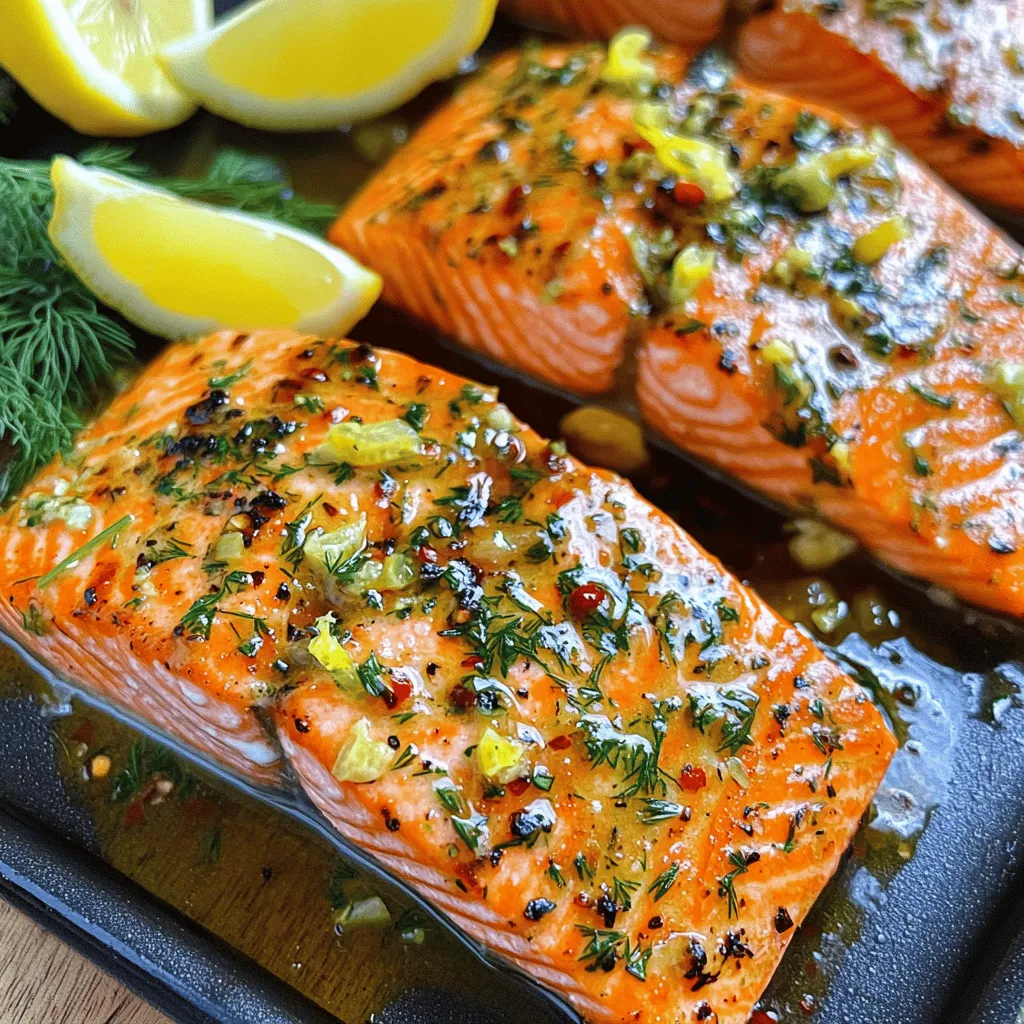 To make Lemon Herb Grilled Salmon, you need a few simple ingredients. These will help the salmon taste fresh and bright. - Salmon fillets (4 pieces, about 6 oz each) - Marinade components: - 1/4 cup olive oil - Zest of 1 lemon - Juice of 2 lemons - 3 cloves garlic, minced - Seasoning and herbs: - 2 tablespoons fresh parsley, chopped - 2 tablespoons fresh dill, chopped - 1 tablespoon fresh thyme, chopped - Salt and pepper to taste - Lemon wedges for serving Using fresh herbs makes a big difference. They add a nice burst of flavor. You can find them at your local store or market. Fresh salmon is key too. It gives you the best taste and texture. If you want the full recipe, check it out [Full Recipe]. To make the marinade, you need to whisk together some tasty ingredients. - In a bowl, add: - 1/4 cup olive oil - Zest of 1 lemon - Juice of 2 lemons - 3 cloves garlic, minced - 2 tablespoons fresh parsley, chopped - 2 tablespoons fresh dill, chopped - 1 tablespoon fresh thyme, chopped - Salt and pepper to taste This mix creates a bright and fresh taste. When you whisk all the items together, the oil blends with the lemon and herbs. This is where the magic happens! For the best flavor, let the salmon soak in the marinade. I suggest marinating for at least 30 minutes. If you have time, 2 hours gives even more flavor. Just remember, don’t let it sit too long, or the salmon can become mushy. Before you grill, preheat your grill to medium-high heat. If you use a grill pan, heat it over medium heat. Lightly oil the surface to keep the salmon from sticking. Once your grill is ready, take the salmon out of the marinade. Let the extra marinade drip off. You can throw away the marinade you just used. Now, place the salmon skin-side down on the grill. Cook it for about 5-6 minutes. Then, flip it carefully and grill for another 4-5 minutes. The salmon is done when it flakes easily with a fork. The cooking time can vary based on how thick your fillets are. For a delightful meal, serve the grilled salmon with some sides. - Excellent accompaniments include: - Steamed vegetables - Rice or quinoa - A fresh salad To make it look nice, place the salmon on a plate and add lemon wedges on the side. The bright yellow of the lemons adds a nice touch. Plus, they give an extra burst of flavor! Try this simple yet delicious Lemon Herb Grilled Salmon recipe. You can find the full recipe [here](#Full Recipe). Choosing the Right Salmon When you pick salmon, look for fillets that are bright and shiny. Fresh salmon should have a firm texture. Wild-caught salmon is often tastier than farmed salmon. If you want a richer flavor, try sockeye or king salmon. These types have a deeper color and a buttery taste. Importance of Marinating Time Marinating your salmon is key. It adds flavor and keeps the fish moist. I suggest marinating for at least 30 minutes. If you have time, let it sit for 2 hours. This gives the herbs and lemon a chance to soak in. Just don’t go longer than 2 hours, as the acid can break down the fish too much. Managing Grill Temperature To get perfect grill marks, heat your grill to medium-high. A hot grill helps sear the salmon quickly. This locks in juices and gives you those beautiful grill lines. If the grill is too cool, your salmon may stick. Once it’s hot, oil the grill grates lightly to prevent sticking. Flipping the Salmon Safely When it’s time to flip the salmon, use a wide spatula. Gently slide it under the fillet. Flip with care to keep the skin intact. Cook the other side until it flakes easily with a fork. This should take about 4-5 minutes. If you follow these tips, your salmon will look great and taste even better. For the complete recipe, check out the [Full Recipe]. {{image_2}} You can change up the taste of your lemon herb grilled salmon easily. For a zesty twist, try using lime or orange juice instead of lemon. Both citrus fruits add brightness and a unique flavor. Lime gives a more tropical taste, while orange adds a sweet touch. You can also switch up the herbs. While parsley, dill, and thyme are great, basil or cilantro work well too. Basil adds a sweet, peppery flavor, while cilantro gives a fresh, slightly spicy kick. Both combinations will make your dish stand out. Grilling is not the only option for cooking salmon. You can bake or broil it for a different texture. Baking keeps the salmon moist and allows the flavors to meld nicely. Broiling gives a nice char on top while keeping the inside tender. If you prefer to use a pan, pan-searing is a great choice. This method creates a lovely crust and locks in moisture. Just heat some oil in the pan, add the salmon, and cook until golden brown on both sides. Each method brings out different flavors and textures, making your meal fun and varied. For the full recipe, check out the detailed instructions above! After enjoying your Lemon Herb Grilled Salmon, you may have some leftovers. Here’s how to keep them fresh. - Refrigeration Tips: Place the salmon in an airtight container. It will stay good for up to 3 days in the fridge. Make sure to cool it to room temperature first to avoid condensation inside the container. - Freezing Salmon Safely: If you want to keep it longer, freezing is a great option. Wrap the salmon tightly in plastic wrap. Then, place it in a freezer-safe bag. It will last up to 3 months in the freezer. Always label the bag with the date for reference. Reheating can change the texture of your fish. Here are some tips to do it well. - Best Practices for Reheating: The oven is best for reheating. Preheat it to 275°F (135°C). Place the salmon on a baking sheet and cover it with foil. Heat for about 15 minutes until warm. This keeps it moist and tender. - Ensuring Flavor Retention: To keep the flavor, add a squeeze of fresh lemon juice before reheating. This adds brightness and helps revive the taste. Enjoy your leftovers just like the first time! I recommend marinating salmon for at least 30 minutes. This time allows the flavors to soak in. If you want a stronger taste, you can marinate for up to 2 hours. Just keep it in the fridge while it marinates. Avoid marinating too long, as the acid from the lemon can change the texture. Yes, you can use frozen salmon. Thaw it safely before cooking. The best way is to place it in the fridge overnight. If you’re short on time, you can also put it in a sealed bag and run it under cold water for about an hour. After thawing, pat it dry before marinating. Lemon Herb Grilled Salmon pairs well with many sides. Here are some popular options: - Steamed asparagus - Roasted vegetables - Quinoa salad - Garlic mashed potatoes - A fresh green salad These sides complement the flavors of the salmon and make a complete meal. Enjoy the full recipe for more details! In this blog post, we explored the essential ingredients for a great lemon herb grilled salmon, including marinade components and seasoning. I provided step-by-step instructions on preparing the marinade, grilling tips, and serving suggestions. You also learned ways to keep your salmon moist and flavorful. Remember, there's room for creativity with flavor profiles and cooking methods. Enjoy this dish with your favorite sides, and don't hesitate to experiment! Happy grilling!