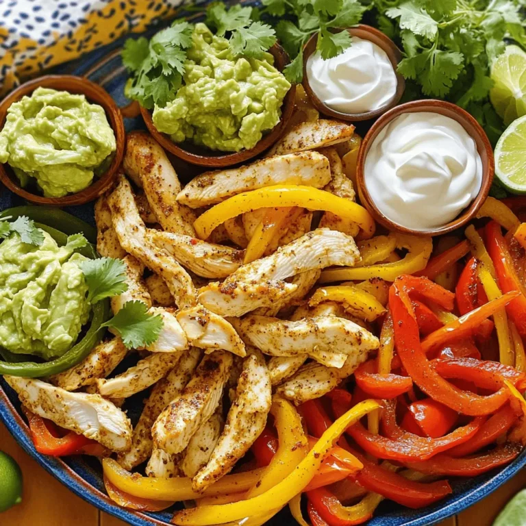 - Chicken and Vegetables - 1 lb boneless, skinless chicken breasts, sliced into strips - 1 red bell pepper, sliced - 1 yellow bell pepper, sliced - 1 medium onion, sliced The chicken gives a tasty base. The peppers and onion add color and crunch. You can mix and match veggies, but these work well together. - Spices and Seasoning - 3 tablespoons olive oil - 2 teaspoons chili powder - 1 teaspoon cumin - 1 teaspoon paprika - 1 teaspoon garlic powder - 1 teaspoon onion powder - Salt and pepper to taste These spices make the dish flavorful. Each spice brings its own taste. Chili powder adds a kick, while cumin gives warmth. Don't skip the salt; it brings out all the flavors. - Tortillas and Toppings - 8 small flour or corn tortillas - Optional toppings: sour cream, guacamole, fresh cilantro, lime wedges Tortillas are key for wrapping the fajitas. You can choose flour or corn based on your taste. Toppings make each bite extra special. I love a squeeze of lime for freshness, and a bit of guacamole for creaminess. For the full recipe, check the details above. First, set your oven to 400°F (200°C) to preheat. This step is key for cooking the chicken and veggies evenly. Next, grab a large baking sheet. Line it with parchment paper. This makes cleanup easy and stops sticking. In a big bowl, combine the sliced chicken, red bell pepper, yellow bell pepper, and onion. This mix adds color and flavor. Drizzle in three tablespoons of olive oil. Then, add the spices: chili powder, cumin, paprika, garlic powder, onion powder, salt, and pepper. Toss everything well. You want the chicken and veggies fully coated in oil and spices. Spread the chicken and vegetable mix on your prepared baking sheet. Make sure it is even. Bake for 25 to 30 minutes. Stir halfway through to help everything cook. Keep an eye on the chicken. It should be fully cooked and the veggies tender. While the chicken bakes, warm the tortillas. You can use a microwave or skillet. Once warm, fill each tortilla with the chicken and vegetable mix. Add your favorite toppings from the Full Recipe. Options like sour cream, guacamole, and fresh cilantro make it special. Enjoy your flavorful meal! Importance of Seasoning Seasoning makes a big difference in your fajitas. Use a mix of spices like chili powder, cumin, and paprika. These spices bring warmth and depth to the dish. Don’t forget to add salt and pepper. They help enhance all the flavors. Marinating for Extra Flavor Marinating your chicken adds more taste. Combine olive oil and spices in a bowl, then add the chicken. Let it sit for at least 30 minutes. If you have time, marinate it overnight. This step is key for juicy and tasty chicken. Stirring During Baking Stirring the mixture halfway through baking helps cook evenly. It allows the chicken and veggies to brown nicely. This also mixes the flavors more. Set a timer for halfway, so you don’t forget! Adjusting for Different Ovens Every oven is different. Some may run hot or cool. Keep an eye on the fajitas as they cook. If they seem done early, check them with a meat thermometer. The chicken should reach 165°F (74°C). Serving Suggestions Serve your fajitas on a bright platter. Arrange the warm tortillas next to the chicken and vegetables. This makes it easy for everyone to build their own fajitas. It’s fun and interactive! Garnishing Techniques Garnishing adds color and flair. Sprinkle fresh cilantro on top of the fajitas. Add lime wedges on the side for a fresh squeeze. You can also set out bowls of toppings like sour cream and guacamole. This makes your meal look even better. For the full recipe, check out the detailed steps above. {{image_2}} You can switch proteins in this recipe. Try beef or tofu for a twist. Use 1 pound of thinly sliced beef or cubed tofu instead of chicken. Each option brings its unique flavor and texture. For vegetables, feel free to get creative. Add zucchini, mushrooms, or even corn. These veggies add color and taste to your dish. Just make sure they are sliced thinly for even cooking. To boost the flavor, consider adding spices. A pinch of cayenne pepper brings heat. You can also add oregano for an earthy touch. Don’t be afraid to mix and match spices based on your taste. Experiment with sauces too. A splash of lime juice gives freshness. You might also try a drizzle of hot sauce for extra zing. Each addition can change the flavor profile for the better. If you need gluten-free options, use corn tortillas. They taste great and hold up well with the filling. Check the packaging to ensure they are certified gluten-free. For low-carb alternatives, skip the tortillas altogether. Serve the fajitas over a bed of lettuce. This keeps the dish light but still full of flavor. Enjoy the same great taste with fewer carbs. For the full recipe, check out the main article. To keep your oven-baked chicken fajitas fresh, store them properly. First, let the fajitas cool down to room temperature. Next, place the chicken and veggies in an airtight container. You can also add the leftover tortillas in a separate container. This keeps them from getting soggy. For best results, I recommend glass or BPA-free plastic containers. They seal well and help keep flavors intact. If you plan to eat them within three days, the fridge is perfect. If longer, consider freezing them. Reheating your fajitas can be easy and tasty. The best way to reheat is using the oven. Preheat it to 350°F (175°C). Place the chicken and veggies on a baking sheet. Heat for about 10-15 minutes until warm. This method keeps them juicy. If you prefer the microwave, use it for just one minute at a time. Stir the mixture between heating. This helps it heat evenly. To avoid soggy tortillas, warm them in a dry skillet. This makes them soft and tasty again. Freezing fajitas is simple. First, let the cooked fajitas cool completely. Then, place them in a freezer-safe bag or container. Be sure to remove as much air as possible. This prevents freezer burn. When you're ready to eat, thaw your fajitas in the fridge overnight. You can also cook them straight from frozen. Just add some extra time when reheating. This makes them quick for any meal. Enjoy your delicious oven-baked chicken fajitas! For the full recipe, check out the details above. Yes, you can use frozen chicken. Thawing it properly gives the best results. Recommended Thawing Methods: - Refrigerator Thawing: Place the chicken in the fridge overnight. - Cold Water Thawing: Seal the chicken in a bag and submerge it in cold water for 1-2 hours. - Microwave Thawing: Use the defrost setting, but cook it right away after. Both flour and corn tortillas work well. It depends on your taste. Comparing Flour vs. Corn Tortillas: - Flour Tortillas: Soft, chewy, and great for holding fillings. They tend to be more flexible. - Corn Tortillas: Thinner and have a nice corn flavor. They can get crispy when heated. You can easily add some heat to your fajitas. Adding Heat with Ingredients: - Jalapeños: Chop fresh or pickled jalapeños into the mix. - Hot Sauce: Drizzle your favorite hot sauce over the finished dish. - Spicy Seasoning: Use cayenne pepper or a spicy taco seasoning for extra kick. This post covered how to make tasty fajitas. We explored essential ingredients like chicken, veggies, and spices. I shared step-by-step instructions from prepping to baking and assembling your dish. You learned tips for the best flavor, cooking techniques, and creative presentation ideas. In the end, fajitas offer great ways to customize and enjoy. Take these skills and make a meal that fits your taste and needs. Happy cooking!