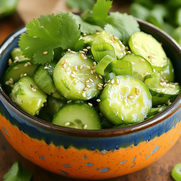For this fresh and crunchy salad, you will need: - 2 large cucumbers - 1 teaspoon salt These cucumbers form the base of your dish. They give it a crisp texture and refreshing taste. To create the dressing, gather these items: - 2 tablespoons rice vinegar - 1 tablespoon sesame oil - 1 tablespoon soy sauce (or tamari for gluten-free) - 1 tablespoon sugar - 1 garlic clove, minced - 1 teaspoon chili oil (adjust to taste) This dressing adds flavor and a hint of spice. The balance of sweet and savory makes the salad shine. For a lovely finish, consider these toppings: - 2 green onions, chopped - 1 tablespoon toasted sesame seeds - Fresh cilantro leaves for garnish These garnishes not only enhance the look but also boost the taste. They add crunch and freshness, making each bite special. If you want to explore the full recipe, check out the detailed instructions! First, wash the cucumbers under cold water. This step ensures they are clean. Next, cut off both ends of each cucumber. Place the cucumbers on a cutting board. Use the flat side of a knife or a rolling pin to smash them. Smash until they break but still hold their shape. This technique makes them crunchy and fun to eat. After smashing, cut the cucumbers into bite-sized pieces. Place these pieces in a large bowl. Sprinkle the salt over the cucumbers. Toss gently so they are well coated. Let them sit for about 10 minutes. This helps draw out excess moisture. While the cucumbers sit, prepare the dressing. In a small bowl, mix together rice vinegar, sesame oil, soy sauce, sugar, minced garlic, and chili oil. Whisk the mixture until the sugar dissolves. Taste and adjust the chili oil to your liking. This dressing will add great flavor to your salad. After 10 minutes, drain any excess water from the cucumbers. Pour the dressing over the cucumbers and toss well. Next, add chopped green onions and toasted sesame seeds. Toss again to mix everything together. Let the salad rest for about 5 minutes. This wait helps the flavors blend nicely. Before serving, garnish with fresh cilantro leaves. The salad is now ready to enjoy! For the full recipe, check out the detailed instructions provided above. When picking cucumbers, look for ones that are firm and shiny. Choose cucumbers that are dark green, without blemishes or soft spots. The size also matters; medium-sized cucumbers usually taste better. Smaller cucumbers can be sweeter and crunchier. Don't forget to smell the cucumber! A fresh scent shows that it's ripe and ready to eat. To smash cucumbers, place them on a cutting board. Use a knife or rolling pin to apply even pressure. Smash each cucumber until it cracks but stays in pieces. This method helps the cucumbers absorb the dressing well. It also gives them a fun texture. Don't overdo it, or you'll end up with mush! To make your salad pop, let the cucumbers sit with salt for about 10 minutes. This step draws out extra water and intensifies the flavor. When mixing the dressing, whisk the ingredients well to blend them completely. If you want extra spice, add more chili oil or fresh garlic. For added crunch, sprinkle toasted sesame seeds on top before serving. For the full recipe, check out the Crispy Smashed Cucumber Salad. {{image_2}} For a kick in your smashed cucumber salad, add more heat. Use 2 teaspoons of chili oil instead of 1. You can also add sliced fresh chili peppers. The extra spice brings a new level of excitement. Pairing the cool cucumbers with heat makes a great combo. You can make your salad even better by adding other veggies. Try diced bell peppers for crunch and color. Carrots also work well; they add sweetness. You might also add radishes for a peppery bite. Mix and match to find your favorite combo. Switch up the dressing for new flavors. Try adding lime juice instead of rice vinegar for a zesty twist. You can also use peanut sauce for a nutty flavor. A splash of fish sauce adds depth. Experiment with what you like most. Each change can create a whole new dish. Try these variations with the full recipe and enjoy your culinary journey! Use a glass container with a tight lid. This keeps the salad fresh and crisp. You can also use a plastic container, but glass is better for flavor. Smashed Cucumber Salad lasts about 2 to 3 days in the fridge. After that, it may lose its crunch. Always check for any signs of spoilage before eating. To refresh leftovers, add a splash of rice vinegar. This brightens the flavors and makes it taste fresh again. If the cucumbers are too soft, consider mixing in some fresh ones. Enjoy your salad with a little extra crunch! Cucumbers are low in calories and high in water. They help keep you hydrated. They also contain vitamins and minerals like vitamin K and potassium. Cucumbers may aid digestion due to their fiber content. Eating cucumbers can also support skin health. Their antioxidants help fight free radicals in your body. Regularly adding cucumbers to your meals is a smart choice for your health. Yes, you can prepare Smashed Cucumber Salad ahead of time. Make the salad up to a day in advance. Just store it in the fridge. However, it's best to add the dressing right before serving. This keeps the cucumbers crunchy. If you mix everything too early, the cucumbers may get soggy. Smashed Cucumber Salad pairs well with many dishes. It’s great with grilled meats like chicken or fish. You can also serve it with rice or noodles for a light meal. For a vegetarian option, try it with tofu or tempeh. This salad also makes a tasty side for picnics and barbecues. Check out the full recipe for ideas on how to enjoy it! Smashed cucumber salad is simple and fresh. We explored its main ingredients, tasty dressings, and fun toppings. You learned how to prepare the cucumbers and mix everything together. I shared tips to pick fresh cucumbers and elevate flavor. We also discussed variations to make it your own. Store it right to keep it fresh longer. This salad is easy to customize and share. Try it out and enjoy a healthy, tasty dish!