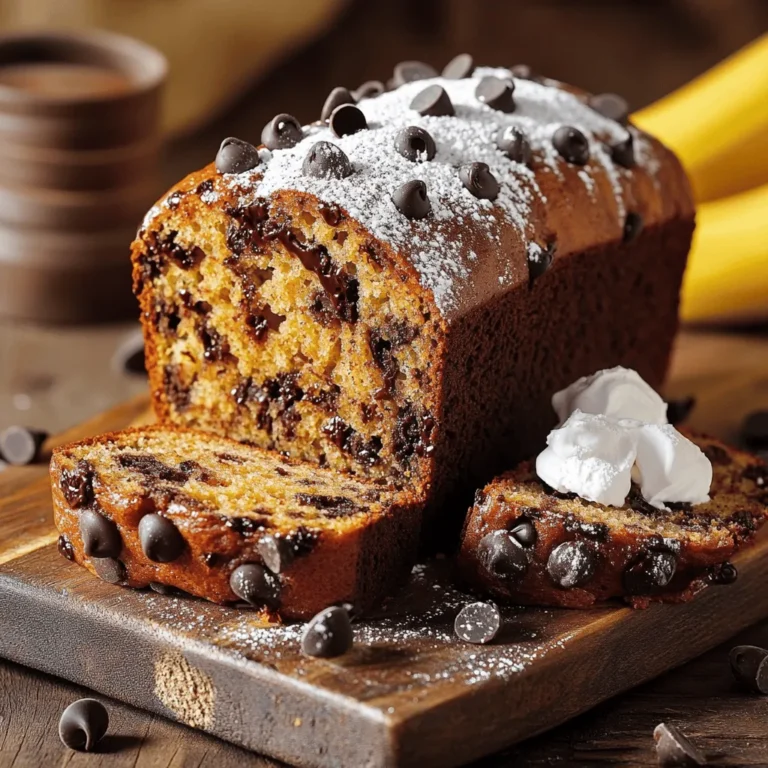 - 3 ripe bananas - 1/3 cup melted butter - 1 teaspoon baking soda - Pinch of salt - 3/4 cup sugar - 1 large egg - 1 teaspoon vanilla extract - 1 1/2 cups all-purpose flour - 1/2 cup chocolate chips - 1/4 cup chopped walnuts (optional) When making chocolate chip banana bread, I love using ripe bananas. They add natural sweetness and moisture. The melted butter gives the bread a rich flavor. Baking soda helps it rise and makes it fluffy. A pinch of salt balances the sweetness. Sugar sweetens the bread, while the egg adds richness and binds everything together. I always add vanilla extract for a warm flavor. All-purpose flour forms the base of the bread. Chocolate chips offer that sweet, melty surprise in every bite. If you want a crunch, add chopped walnuts. Understanding volume vs weight is key for baking. Volume measures how much space an ingredient takes. Weight measures how heavy the ingredient is. Both methods work, but weight gives more accuracy. Precise measurements are vital. Too much flour can make the bread dry. Too little sugar can make it bland. I always use a kitchen scale for best results. This way, I ensure my chocolate chip banana bread turns out perfect every time. First, gather all your ingredients. You will need ripe bananas, melted butter, baking soda, salt, sugar, an egg, vanilla extract, flour, chocolate chips, and chopped walnuts if you want. Measure each ingredient carefully. This helps your bread come out just right. Next, preheat your oven to 350°F (175°C). This step is key. A hot oven ensures even baking. While the oven heats, you can mix your ingredients. In a mixing bowl, combine your melted butter with the mashed bananas. Use a wooden spoon for this. Stir until smooth. Then, add the baking soda and salt. Mix well. Now, stir in the sugar, beaten egg, and vanilla extract. Make sure it's all blended together. After that, gently add the flour. Mix just until the flour disappears. Overmixing can make the bread tough. Finally, fold in the chocolate chips and walnuts. Pour the batter into a greased 9x5-inch loaf pan. Smooth the top with your spatula. Bake it in the oven for 60 to 65 minutes. To check if your bread is done, insert a toothpick into the center. If it comes out clean, it’s ready. If there is batter on the toothpick, bake it a few more minutes. For a moist center, avoid opening the oven too soon. This can cause the bread to sink. After baking, let it cool for ten minutes in the pan. Then, transfer it to a wire rack to cool completely. Enjoy your delicious treat! To make the best chocolate chip banana bread, avoid overmixing. When you combine the flour, mix just until you see no dry spots. Overmixing can make the bread tough. Use ripe bananas; they give the bread a sweet flavor and moist texture. If your bananas are not ripe, gently bake them at 300°F for 15-20 minutes. This speeds up the ripening process. To ripen bananas faster, place them in a brown paper bag. The gas they give off speeds up ripening. For chocolate, I prefer dark or semi-sweet chips. They balance well with the sweet bananas. You can also try using chopped chocolate bars for a different texture. Slice the banana bread once it has cooled. Serve it warm for the best taste. A dollop of whipped cream or a sprinkle of powdered sugar adds flair. For a fun touch, place a few chocolate chips on the cut surfaces. This makes it look inviting and delicious. For more detailed steps, check the Full Recipe. {{image_2}} To make gluten-free chocolate chip banana bread, swap the all-purpose flour for gluten-free flour. Use a blend that includes xanthan gum for the best texture. The flavor remains rich and sweet, thanks to ripe bananas and chocolate chips. You may notice a slightly different crumb, but it will still taste great. For a vegan version, replace the egg with a flax egg, made by mixing one tablespoon of ground flaxseed with three tablespoons of water. Use coconut oil or a vegan butter substitute instead of regular butter. This keeps the bread moist and tasty. Bake it like the original recipe, and you’ll enjoy a delicious treat without animal products. You can customize your banana bread by adding mix-ins. Consider folding in berries like blueberries or raspberries for a fruity twist. You can also add spices like cinnamon or nutmeg for warmth. These small changes make your bread unique and fun. Adjust the chocolate chips if you want to balance the sweetness. Experiment with flavors that you love! To keep your banana bread fresh, follow these simple tips: - Cool Completely: Let the bread cool on a wire rack. - Wrap Well: Use plastic wrap or foil to cover the bread. - Store in a Container: Place it in an airtight container. For short-term storage, keep it at room temperature for up to 3 days. This helps maintain its soft texture. If you want to store it longer, the fridge is a good option, but it may dry out. Freezing your banana bread is easy. Here’s how: 1. Cool Completely: Make sure the bread is cool before freezing. 2. Wrap It Tight: Wrap the bread in plastic wrap. Then, wrap it in foil for extra protection. 3. Label and Date: Write the date on the foil so you remember. To thaw and reheat, follow these steps: - Thaw Overnight: Place the bread in the fridge overnight. - Warm It Up: Reheat slices in the microwave for about 10-15 seconds. This makes your chocolate chip banana bread taste fresh again! You can find the Full Recipe for even more details on making this delicious treat. Yes, you can use frozen bananas. They work great in banana bread. Frozen bananas are soft and easy to mash. They add natural sweetness and moisture. Just thaw them before using. They may even enhance the flavor! Chocolate chip banana bread stays fresh for about 3-4 days at room temperature. Keep it in an airtight container. If you store it in the fridge, it can last up to a week. You can also freeze it for up to three months. Sure! If you want a less sweet version, skip the chocolate chips. You can also add nuts or dried fruits instead. They give a nice texture and flavor without the extra sweetness. Dense banana bread often happens for a few reasons. Overmixing the batter can cause this. Using too many bananas or not enough flour can also lead to density. Make sure to mix just until combined and measure your ingredients accurately. Yes, you can double the recipe! Just use a larger mixing bowl and a bigger loaf pan. You may need to adjust the baking time. Check for doneness using a toothpick. The center should be clean when it's fully baked. For the full recipe, refer to the previous section. In this blog post, I covered how to make chocolate chip banana bread. I shared key ingredients and their measurements, along with step-by-step instructions for baking. We explored tips for perfect texture and flavor, including ways to customize your bread. Plus, I discussed storage methods to keep it fresh. This delightful treat is easy to make and versatile. You can adapt it to fit your needs. Enjoy your baking journey!