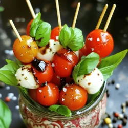 To make Classic Caprese skewers, gather these fresh ingredients: - 1 pint cherry tomatoes - 8 oz fresh mozzarella balls (bocconcini) - Fresh basil leaves - 2 tablespoons balsamic glaze - 1 tablespoon extra-virgin olive oil - Salt and freshly ground black pepper to taste - Skewers (8-inch) When choosing tomatoes, look for firm, bright ones. They should smell sweet. Fresh mozzarella should be soft and moist. Check for a milky scent. Basil leaves must be vibrant green, with no browning. Always opt for high-quality balsamic glaze. It should be thick and rich. Extra-virgin olive oil should have a fruity aroma. Each serving offers a tasty blend of nutrients. One serving (two skewers) has: - Calories: 150 - Protein: 6g - Carbohydrates: 8g - Fat: 11g - Fiber: 1g - Sugars: 3g These skewers are low in calories but high in flavor. Enjoy this tasty and healthy appetizer! For the full recipe, check out the earlier section. To make Classic Caprese Skewers, start with fresh ingredients. First, wash the cherry tomatoes and basil leaves. Pat them dry with a towel to avoid extra water. Next, take a skewer and thread one cherry tomato on it. Follow this with a fresh basil leaf. Then, add a mozzarella ball. Repeat this pattern until the skewer is full. Aim for three sets of each ingredient. Leave some space at both ends for easy handling. Once all your skewers are ready, place them on a platter. This makes serving easy. You don’t need many tools to prepare these skewers. Here are the main items you’ll need: - A cutting board - A sharp knife - A bowl for the ingredients - Skewers (8-inch works best) - A serving platter These tools make the process smooth and quick. Keeping everything organized helps you work faster. To save time, prep your ingredients ahead. Wash and dry the tomatoes and basil in advance. You can even thread the skewers a few hours before serving. Just keep them in the fridge until you are ready. If you have kids, let them help. They can thread the ingredients on the skewers. This makes it fun and speeds up the process. To make perfect skewers, use fresh ingredients. Look for bright red cherry tomatoes. Choose mozzarella balls that are soft and creamy. Fresh basil should smell strong and herbal. When threading, alternate the tomato, basil, and mozzarella. This creates a nice balance of flavors. Don’t pack them too tight; leave some space. This way, the flavors mix well. When serving, think about how to wow your guests. You can stand the skewers in a tall glass or jar. This looks fun and makes them easy to grab. You can also lay them on a nice platter. Add some extra basil leaves around the skewers for color. A small bowl of balsamic glaze on the side is great for dipping. Pair these skewers with light drinks. A chilled white wine or sparkling water works well. For dips, offer a creamy ranch or a tangy vinaigrette. These flavors will complement the fresh taste of the skewers. If you want to try something new, mix up a light pesto dip. This will add a nice twist. For more ideas, check the Full Recipe for variations on flavors. {{image_2}} You can switch up the classic Caprese skewers using fun ingredients. Try using grape tomatoes for a sweeter taste. You can also use burrata cheese instead of mozzarella for a creamier texture. For a spicy kick, add slices of fresh jalapeño or a sprinkle of red pepper flakes. If you enjoy a smoky flavor, consider adding smoked mozzarella or a touch of smoked sea salt. Each of these changes can make a unique twist on the classic dish. Seasonal ingredients can brighten these skewers. In the summer, add fresh peaches or nectarines for a burst of sweetness. In the fall, consider using roasted butternut squash cubes. You can also mix in seasonal herbs like oregano or thyme for added flavor. In winter, think about using roasted bell peppers or sun-dried tomatoes. These seasonal swaps keep the dish fresh and exciting all year round. You can create themed skewers to match your events. For a Mediterranean vibe, add olives and artichoke hearts alongside the classic ingredients. For a party, you could make “taco skewers” by adding cilantro, diced avocado, and seasoned chicken. For a brunch twist, try using mini pancakes or waffles with fresh fruit. These themes can elevate your skewers and make them fun for any gathering. If you have leftover skewers, place them in an airtight container. This keeps them fresh. Store them in the fridge. They can last for up to two days. When ready to eat, check for any sogginess. If they feel too wet, you might want to remove the balsamic glaze before storing. To keep your ingredients fresh, store cherry tomatoes at room temperature. They taste best this way. Keep mozzarella balls in their liquid until you are ready to use them. Fresh basil should be in a glass of water. Cover it loosely with a plastic bag. This helps keep the leaves from wilting. If you want to warm up your skewers, do it gently. Use a microwave set to low. Heat them for just 10 to 15 seconds. You want them warm, not hot. This keeps the flavors nice. Avoid using high heat; it can change their texture. Enjoy your Classic Caprese Skewers, even when reheated! For the complete recipe, check out the Full Recipe. If you can’t find fresh mozzarella, use burrata or feta cheese. Both have great flavor. Burrata offers a creamy center, while feta brings a salty bite. You can also use cheese cubes or string cheese for a fun twist. Yes, you can make the skewers ahead of time. Assemble them and store them in the fridge. Just add the olive oil and balsamic glaze right before serving. This keeps them fresh and tasty. Making balsamic glaze is easy. Start with one cup of balsamic vinegar. Heat it in a saucepan over medium heat. Let it simmer until it thickens, about 10-15 minutes. When it coats the back of a spoon, it's done. Let it cool before using. Yes, Classic Caprese Skewers are gluten-free! They contain no bread or gluten-based ingredients. This makes them a great choice for gluten-sensitive folks or anyone wanting a light snack. You can mix it up with different ingredients. Try adding olives, bell peppers, or grilled zucchini. For a spicy kick, add pepperoni or spicy salami. You can also use different dressings like pesto or ranch to change the flavor. Caprese skewers are simple yet delicious. We explored the best ingredients, tips for assembly, and fun variations. Quality ingredients make all the difference. When you prepare these skewers, remember to follow the steps for perfect results. Keep leftovers fresh and delicious with proper storage. Lastly, don’t hesitate to try new flavors or themes. These skewers are versatile and a joy to make. Enjoy sharing them with others!
