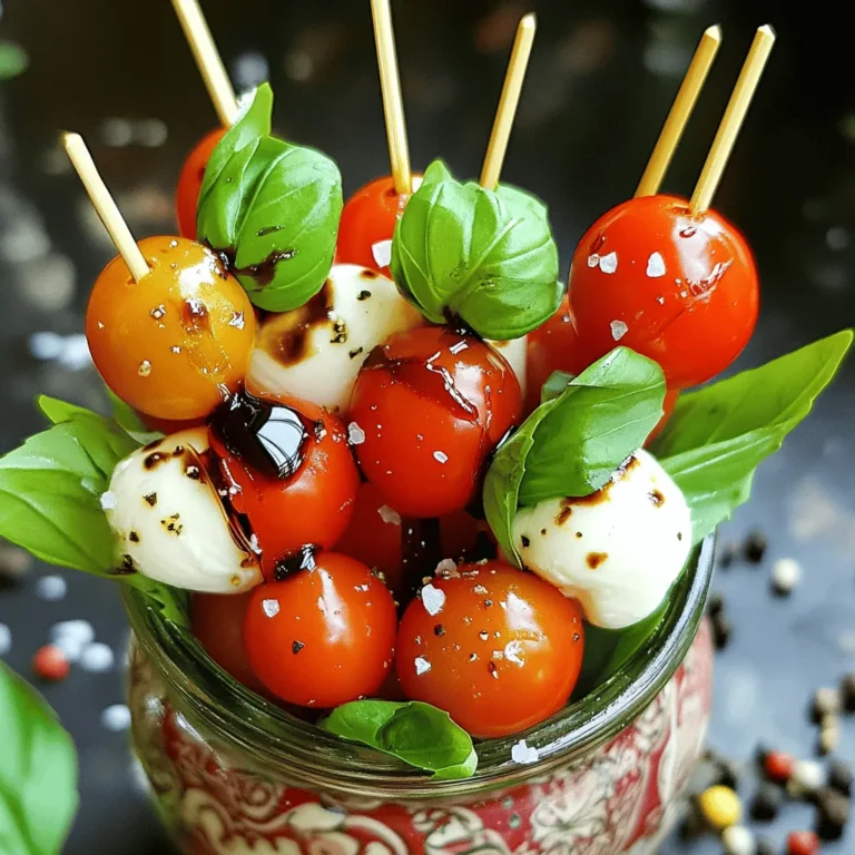 To make Classic Caprese skewers, gather these fresh ingredients: - 1 pint cherry tomatoes - 8 oz fresh mozzarella balls (bocconcini) - Fresh basil leaves - 2 tablespoons balsamic glaze - 1 tablespoon extra-virgin olive oil - Salt and freshly ground black pepper to taste - Skewers (8-inch) When choosing tomatoes, look for firm, bright ones. They should smell sweet. Fresh mozzarella should be soft and moist. Check for a milky scent. Basil leaves must be vibrant green, with no browning. Always opt for high-quality balsamic glaze. It should be thick and rich. Extra-virgin olive oil should have a fruity aroma. Each serving offers a tasty blend of nutrients. One serving (two skewers) has: - Calories: 150 - Protein: 6g - Carbohydrates: 8g - Fat: 11g - Fiber: 1g - Sugars: 3g These skewers are low in calories but high in flavor. Enjoy this tasty and healthy appetizer! For the full recipe, check out the earlier section. To make Classic Caprese Skewers, start with fresh ingredients. First, wash the cherry tomatoes and basil leaves. Pat them dry with a towel to avoid extra water. Next, take a skewer and thread one cherry tomato on it. Follow this with a fresh basil leaf. Then, add a mozzarella ball. Repeat this pattern until the skewer is full. Aim for three sets of each ingredient. Leave some space at both ends for easy handling. Once all your skewers are ready, place them on a platter. This makes serving easy. You don’t need many tools to prepare these skewers. Here are the main items you’ll need: - A cutting board - A sharp knife - A bowl for the ingredients - Skewers (8-inch works best) - A serving platter These tools make the process smooth and quick. Keeping everything organized helps you work faster. To save time, prep your ingredients ahead. Wash and dry the tomatoes and basil in advance. You can even thread the skewers a few hours before serving. Just keep them in the fridge until you are ready. If you have kids, let them help. They can thread the ingredients on the skewers. This makes it fun and speeds up the process. To make perfect skewers, use fresh ingredients. Look for bright red cherry tomatoes. Choose mozzarella balls that are soft and creamy. Fresh basil should smell strong and herbal. When threading, alternate the tomato, basil, and mozzarella. This creates a nice balance of flavors. Don’t pack them too tight; leave some space. This way, the flavors mix well. When serving, think about how to wow your guests. You can stand the skewers in a tall glass or jar. This looks fun and makes them easy to grab. You can also lay them on a nice platter. Add some extra basil leaves around the skewers for color. A small bowl of balsamic glaze on the side is great for dipping. Pair these skewers with light drinks. A chilled white wine or sparkling water works well. For dips, offer a creamy ranch or a tangy vinaigrette. These flavors will complement the fresh taste of the skewers. If you want to try something new, mix up a light pesto dip. This will add a nice twist. For more ideas, check the Full Recipe for variations on flavors. {{image_2}} You can switch up the classic Caprese skewers using fun ingredients. Try using grape tomatoes for a sweeter taste. You can also use burrata cheese instead of mozzarella for a creamier texture. For a spicy kick, add slices of fresh jalapeño or a sprinkle of red pepper flakes. If you enjoy a smoky flavor, consider adding smoked mozzarella or a touch of smoked sea salt. Each of these changes can make a unique twist on the classic dish. Seasonal ingredients can brighten these skewers. In the summer, add fresh peaches or nectarines for a burst of sweetness. In the fall, consider using roasted butternut squash cubes. You can also mix in seasonal herbs like oregano or thyme for added flavor. In winter, think about using roasted bell peppers or sun-dried tomatoes. These seasonal swaps keep the dish fresh and exciting all year round. You can create themed skewers to match your events. For a Mediterranean vibe, add olives and artichoke hearts alongside the classic ingredients. For a party, you could make “taco skewers” by adding cilantro, diced avocado, and seasoned chicken. For a brunch twist, try using mini pancakes or waffles with fresh fruit. These themes can elevate your skewers and make them fun for any gathering. If you have leftover skewers, place them in an airtight container. This keeps them fresh. Store them in the fridge. They can last for up to two days. When ready to eat, check for any sogginess. If they feel too wet, you might want to remove the balsamic glaze before storing. To keep your ingredients fresh, store cherry tomatoes at room temperature. They taste best this way. Keep mozzarella balls in their liquid until you are ready to use them. Fresh basil should be in a glass of water. Cover it loosely with a plastic bag. This helps keep the leaves from wilting. If you want to warm up your skewers, do it gently. Use a microwave set to low. Heat them for just 10 to 15 seconds. You want them warm, not hot. This keeps the flavors nice. Avoid using high heat; it can change their texture. Enjoy your Classic Caprese Skewers, even when reheated! For the complete recipe, check out the Full Recipe. If you can’t find fresh mozzarella, use burrata or feta cheese. Both have great flavor. Burrata offers a creamy center, while feta brings a salty bite. You can also use cheese cubes or string cheese for a fun twist. Yes, you can make the skewers ahead of time. Assemble them and store them in the fridge. Just add the olive oil and balsamic glaze right before serving. This keeps them fresh and tasty. Making balsamic glaze is easy. Start with one cup of balsamic vinegar. Heat it in a saucepan over medium heat. Let it simmer until it thickens, about 10-15 minutes. When it coats the back of a spoon, it's done. Let it cool before using. Yes, Classic Caprese Skewers are gluten-free! They contain no bread or gluten-based ingredients. This makes them a great choice for gluten-sensitive folks or anyone wanting a light snack. You can mix it up with different ingredients. Try adding olives, bell peppers, or grilled zucchini. For a spicy kick, add pepperoni or spicy salami. You can also use different dressings like pesto or ranch to change the flavor. Caprese skewers are simple yet delicious. We explored the best ingredients, tips for assembly, and fun variations. Quality ingredients make all the difference. When you prepare these skewers, remember to follow the steps for perfect results. Keep leftovers fresh and delicious with proper storage. Lastly, don’t hesitate to try new flavors or themes. These skewers are versatile and a joy to make. Enjoy sharing them with others!