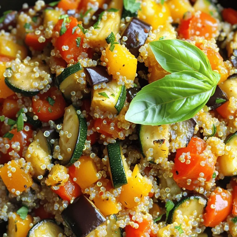 To make ratatouille with quinoa, gather these fresh and vibrant ingredients: - 1 cup quinoa, rinsed - 2 cups vegetable broth - 1 medium eggplant, diced - 1 zucchini, diced - 1 bell pepper (red or yellow), diced - 1 medium onion, chopped - 2 cloves garlic, minced - 2 medium tomatoes, diced - 1 teaspoon dried thyme - 1 teaspoon dried basil - Salt and pepper to taste - 2 tablespoons olive oil - Fresh basil leaves for garnish You will need a few basic tools to prepare this dish: - Medium saucepan - Large skillet - Cutting board - Sharp knife - Measuring cups and spoons - Wooden spoon or spatula If you have allergies or preferences, here are some options: - Use chicken broth instead of vegetable broth for a non-vegetarian version. - Swap quinoa for rice or couscous if you prefer. - Omit eggplant for a lighter taste, or replace it with mushrooms. - Use olive oil alternatives like avocado oil if needed. - Adjust herbs based on availability; try oregano or parsley instead. These options will help you customize the dish to fit your taste! For the full recipe, check out the detailed instructions. Start by rinsing 1 cup of quinoa under cold water. This step helps remove the bitter coating. In a medium saucepan, mix the rinsed quinoa with 2 cups of vegetable broth. Bring this mixture to a boil over high heat. Once it bubbles, lower the heat to a simmer. Cover the pot and let it cook for about 15 minutes. You know it’s done when the liquid is absorbed and the quinoa is fluffy. Set it aside for later. While the quinoa cooks, grab a large skillet. Heat 2 tablespoons of olive oil over medium heat. Add 1 chopped onion and sauté for about 5 minutes until it turns translucent. Next, mix in 2 minced garlic cloves and cook for another minute until you smell the rich aroma. Then, toss in 1 diced eggplant, 1 diced zucchini, and 1 diced bell pepper. Sauté these veggies for about 7 to 8 minutes until they start to soften. After that, stir in 2 diced tomatoes, 1 teaspoon of dried thyme, and 1 teaspoon of dried basil. Don’t forget to add salt and pepper to taste. Cook this mixture for an additional 10 minutes, stirring occasionally. This helps the veggies mingle and share their flavors. Once the ratatouille mixture is ready, it’s time to combine it with the quinoa. Fold the cooked quinoa into the ratatouille gently. Heat everything for another 2 to 3 minutes to warm it through. Taste the dish and adjust the seasoning if needed. It should burst with flavor. Now, serve it warm and garnish with fresh basil leaves. Enjoy this delightful dish that’s both healthy and filling! For the full recipe, refer to the earlier section. To make the best ratatouille, use fresh vegetables. They give the dish great taste. Cut all the veggies into even-sized pieces. This helps them cook at the same time. Sauté the onions and garlic first to build flavor. Cook them until soft and fragrant. Then, add the eggplant, zucchini, and bell pepper. These veggies take longer to cook. Stir often to prevent sticking. Use medium heat for a nice, even cook. To boost the flavors of your ratatouille, add herbs like thyme and basil. These herbs bring a fresh taste. You can also add a splash of balsamic vinegar. It adds a nice tang. If you like a bit of heat, add a pinch of red pepper flakes. For a richer flavor, use a bit of vegetable broth instead of water when cooking your quinoa. This adds depth to the dish. For a stunning plate, serve ratatouille in a bowl. Top it with fresh basil leaves for color. You can also drizzle olive oil on top for shine. Serve it alongside a wedge of lemon. A little squeeze of lemon adds brightness. For a gourmet touch, use a ring mold to shape the quinoa and ratatouille layers. This makes your dish look professional. To find the full recipe, check the main article section. {{image_2}} Ratatouille with quinoa is already a great vegetarian dish. You can make it even better. Try adding more veggies like carrots and spinach. You can also swap the eggplant for mushrooms. Both options add flavor and texture. For a twist, use cauliflower instead of zucchini. This keeps it light and tasty. To boost protein, add cooked beans or lentils. Chickpeas work well and add a nutty taste. If you want meat, add diced chicken or turkey. Cook it first before mixing it with the veggies. Tofu is also a good choice for a vegetarian option. It soaks up all the flavors of the dish. Boost the flavors with spices and herbs. Try adding a pinch of red pepper flakes for heat. Smoked paprika gives a nice smoky touch. Fresh herbs like parsley or cilantro can brighten up the dish. If you love citrus, a squeeze of lemon juice adds freshness. Experiment with what you like for your perfect mix. You can find the full recipe [Full Recipe]. To keep your ratatouille with quinoa fresh, let it cool first. Once cool, transfer it to an airtight container. Store it in the fridge for up to four days. This helps maintain flavor and texture. Label the container with the date. This way, you know when to enjoy it next! When reheating, the microwave is a quick option. Place a serving on a microwave-safe plate. Cover it with a damp paper towel to keep moisture. Heat for about two minutes, or until warm. Stir halfway through to ensure even heating. You can also use the stovetop. Heat in a skillet over medium heat for about five minutes, stirring often. If you want to save your ratatouille with quinoa for later, freezing works well. Let it cool completely before freezing. Portion it into freezer bags or containers. Squeeze out as much air as possible before sealing. This prevents freezer burn. It can last up to three months. When ready to eat, thaw it overnight in the fridge before reheating. Enjoy your delicious meal anytime! For the full recipe, check out the details above. Yes, you can use other grains. Brown rice, farro, or millet work well. Each grain gives a different texture. Brown rice offers a chewy bite. Farro has a nutty flavor. Millet is light and fluffy. Just adjust cooking times for each grain. Always use the same amount of liquid as the grain needs. You can find more options in the Full Recipe. Ratatouille with quinoa pairs great with many sides. A fresh green salad adds crunch. Grilled chicken or fish complements the dish well. You can also serve it with crusty bread. For a hearty meal, try adding hummus or a yogurt dip. These sides enhance the meal's flavor and nutrition. To add heat, try red pepper flakes. Start with a pinch and taste as you go. You can also add diced jalapeños for a fresh kick. Hot sauce is another option; just drizzle it on top when serving. Experiment with spices like smoked paprika or cayenne pepper for depth. Adjust the spiciness to suit your taste. This blog post covered how to make a tasty Ratatouille with quinoa. We explored key ingredients, tools, and safe substitutions. I shared step-by-step cooking instructions and useful tips to enhance flavors and presentation. You also learned variations for dietary needs and how to store leftovers. Ratatouille is versatile and fun to make. It can fit anyone’s taste. Try different spices or grains. Enjoy your cooking and make this dish your own!