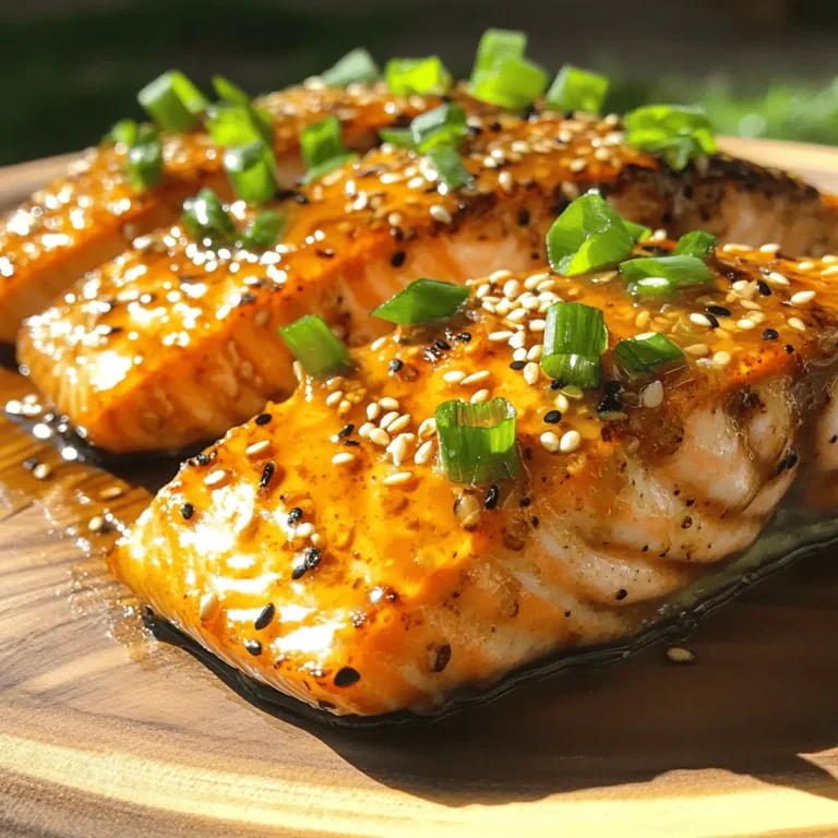 - Salmon fillets (4 pieces, 6 oz each) - Honey (¼ cup) - Garlic (3 cloves, minced) - Soy sauce (2 tablespoons, low sodium) - Fresh ginger (1 tablespoon, grated) - Olive oil (1 tablespoon) - Apple cider vinegar (1 tablespoon) - Salt and pepper (to taste) - Sesame seeds (1 tablespoon, for garnish) - Green onions (2, chopped, for garnish) The main ingredients are the heart of the dish. I love using fresh salmon for its rich taste. Honey gives a sweet note that balances the salt from the soy sauce. Garlic adds depth, while fresh ginger brings a nice zing. These flavors blend well together. You can adjust the soy sauce if you prefer less salt. Use low-sodium soy sauce to keep it healthier. The marinade works best when you let the salmon soak in it. The longer, the better! For additional ingredients, olive oil helps prevent sticking on the grill. Apple cider vinegar brightens up the flavors. Seasoning with salt and pepper is key. I like to use sesame seeds and green onions for garnish. They add color and a nice crunch. If you want the full recipe, click here for the complete details. To start, grab a medium bowl. Whisk together the honey, minced garlic, soy sauce, grated ginger, olive oil, and apple cider vinegar. Make sure it all mixes well. This marinade brings sweet and savory flavors to the salmon. Next, season the salmon fillets with salt and pepper on both sides. Place them in a shallow dish. Pour the honey garlic marinade over the salmon. Ensure each piece is well coated. Cover the dish and refrigerate for at least 30 minutes. If you have extra time, let it marinate for up to 2 hours. This step really boosts the flavor. Now it’s time to grill. Preheat your grill or grill pan to medium-high heat. Remove the salmon from the marinade, but keep the marinade for later. Place the salmon fillets on the grill skin-side down. Cook for about 5 to 6 minutes. Carefully flip the salmon and grill for another 3 to 4 minutes. The salmon is done when it flakes easily with a fork. In a small saucepan, take the reserved marinade and bring it to a simmer over medium heat. Let it cook for about 5 minutes until it thickens slightly. Drizzle this thickened marinade over the grilled salmon before serving. This adds a tasty final touch to your dish. For the full recipe, check the section above! To get the best grilled salmon, follow these tips: - Cooking Time: Grill salmon for 5-6 minutes skin-side down. - Flip Carefully: After 5-6 minutes, flip the salmon and grill for 3-4 more minutes. - Check for Flakiness: Salmon is done when it flakes easily with a fork. - Temperature: Aim for an internal temperature of 145°F for perfect results. You can boost the flavor of your Honey Garlic Glazed Salmon with these ideas: - Citrus Zest: Add lemon or lime zest for a bright twist. - Chili Flakes: Sprinkle in chili flakes for a spicy kick. - Fresh Herbs: Use herbs like cilantro or basil for fresh notes. - Sesame Oil: A dash of sesame oil can bring depth to the dish. Make your Honey Garlic Glazed Salmon look stunning with these easy tips: - Garnish: Sprinkle sesame seeds and chopped green onions on top. - Plate Artfully: Arrange salmon on a clean plate with space around it. - Colorful Sides: Pair it with vibrant veggies like steamed broccoli or roasted carrots. - Sauce Drizzle: Drizzle extra sauce around the plate for a gourmet touch. {{image_2}} You can bake the salmon if you don’t want to grill. Preheat your oven to 400°F. Place the salmon on a lined baking sheet. Bake for 12-15 minutes. The fish should flake easily with a fork. Grilling gives a smoky flavor, while baking keeps it tender and moist. Not a fan of honey? You can try maple syrup or agave nectar instead. For soy sauce, coconut aminos work well and are soy-free. If you want to switch up the salmon, try trout or cod. Both fish have great flavor and work well with this glaze. Grilling veggies alongside the salmon makes for a nice meal. Try asparagus, bell peppers, or zucchini. Cut them into similar sizes for even cooking. Toss the veggies in olive oil, salt, and pepper before grilling. This adds color and nutrition to your dish. For more ideas, check out the Full Recipe for Honey Garlic Glazed Salmon. After cooking, let the salmon cool down. Place it in an airtight container. Store it in the fridge for up to three days. Keeping it sealed helps keep the salmon fresh. You can also cover it tightly with plastic wrap. This prevents any strong odors from other foods. To freeze Honey Garlic Glazed Salmon, wrap each fillet in foil. Then, place them in a freezer-safe bag. Try to remove as much air as you can. This helps prevent freezer burn. You can store it in the freezer for up to three months. When you're ready to eat, thaw it in the fridge overnight. Reheating salmon can be tricky. You want to warm it without drying it out. The best way is to use an oven. Preheat it to 275°F (135°C). Place the salmon on a baking sheet. Cover it with foil to keep it moist. Heat for about 15-20 minutes. Check it often to avoid overcooking. You can also use a microwave. Heat in short bursts of 30 seconds, checking often. Enjoy your flavorful dish again! For the full recipe, refer back to the earlier section. For the best flavor, marinate the salmon for at least 30 minutes. If you have time, marinate it for up to 2 hours. This allows the honey and garlic to soak in and gives the fish a rich taste. Yes, you can use other fish. Try using trout, cod, or even tilapia. These options will still taste great with the honey garlic marinade. Just adjust cooking times as needed, since different fish have varying thicknesses. Absolutely! You can make this dish in advance. Cook the salmon and store it in airtight containers. It stays fresh in the fridge for up to 3 days. You can also freeze it for up to a month. Just reheat gently to keep it moist. Many sides work well with this salmon. Here are some great ideas: - Steamed broccoli - Rice or quinoa - Roasted sweet potatoes - Mixed green salad - Sautéed asparagus These sides will round out the meal and complement the flavors of the salmon. For the full recipe, check out the detailed steps above! In this blog post, we covered how to make Honey Garlic Glazed Salmon. You learned about the main and additional ingredients, plus step-by-step grilling instructions. I shared tips for perfect grilling and ideas for enhancing flavor. Variations included other cooking methods and ingredient swaps. Finally, I provided storage info and answers to common questions. With these tips, you can enjoy a tasty and easy meal. Grilled salmon is healthy, fun, and full of flavor. Try this recipe and impress your family or friends. Enjoy your cooking journey!
