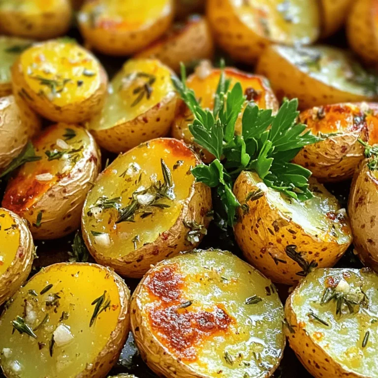 - 1.5 pounds baby potatoes, halved - 4 cloves garlic, minced - 1 tablespoon fresh rosemary, chopped - 1 tablespoon fresh thyme, chopped - 1 teaspoon smoked paprika Baby potatoes are perfect for roasting. They have a creamy texture and hold their shape. You can easily cut them in half for even cooking. Fresh herbs, like rosemary and thyme, add a lovely aroma and flavor. Garlic brings warmth and richness to the dish. Smoked paprika gives a subtle hint of smokiness. - 3 tablespoons olive oil - Salt and pepper Olive oil is crucial. It helps the potatoes crisp up nicely. Salt and pepper enhance the natural flavors. Be sure to season well for the best taste. - Cheese toppings - Other vegetables You can add cheese for a nice melty touch. Try Parmesan or feta for great flavor. Other vegetables, like carrots or bell peppers, work well too. Just chop them into similar sizes for even cooking. For the full recipe, check out the [Full Recipe]. Preheating the oven Start by preheating your oven to 425°F (220°C). This hot temperature helps give the potatoes a nice crisp. Combining ingredients In a large bowl, add the halved baby potatoes. Next, toss in the minced garlic, olive oil, chopped rosemary, chopped thyme, smoked paprika, salt, and pepper. Mix everything well until the potatoes are coated. Spreading potatoes on the baking sheet Now, take a baking sheet and line it with parchment paper. Spread the seasoned potatoes in a single layer. This helps them roast evenly. Roasting tips for optimal taste Place the baking sheet in the oven. Roast the potatoes for 25 to 30 minutes. Flip them halfway through to ensure they turn golden brown and cook evenly. Garnishing with parsley After roasting, take them out of the oven. Let them cool for a couple of minutes. Finally, sprinkle some fresh parsley on top for a bright look and taste. Enjoy your Garlic Herb Roasted Potatoes! For the detailed method, check the Full Recipe. To get the best roast, layer the potatoes evenly. This step helps them cook uniformly. If they crowd each other, some may not brown well. Flip the potatoes halfway through cooking. Doing this ensures all sides get that lovely crispness. You can add more herbs for extra flavor. Try fresh basil or dill; they both work well. Adjust spice levels to suit your taste. If you like heat, add some red pepper flakes. This small change can make a big difference. Many factors affect roasting time. The size of the potatoes can change how long they cook. Smaller pieces roast faster than larger ones. To check for doneness, poke a potato with a fork. If it slides in easily, they are ready. Enjoy your delicious garlic herb roasted potatoes with confidence! For the full recipe, check out the [Full Recipe]. {{image_2}} To change the taste of garlic herb roasted potatoes, consider adding lemon zest. This brightens the flavor and adds a fresh twist. Just grate a little lemon peel before mixing your potatoes. You’ll love how it pops! Another way to change the flavor is by using different herbs. Try basil, oregano, or even dill. Each herb brings a unique taste. Mix and match to find your favorite combo. Experimenting with these variations keeps the dish exciting! If you want a quicker method, try air frying. It cooks the potatoes fast and gives them a crispy outside. Set your air fryer to about 400°F and cook for 15-20 minutes. Shake the basket halfway through for even cooking. In the summer, grilling is a fun option. You can use skewers for easy handling. Just make sure to soak the skewers if they are wooden. Grill on medium heat for about 20 minutes, turning often. This adds a smoky flavor that is hard to resist. Garlic herb roasted potatoes pair well with many proteins. They go great with grilled chicken or fish. Simply place a serving on your plate next to your main dish. The flavors complement each other beautifully. For a fun twist, serve them with creative dips or sauces. Try garlic aioli or a tangy yogurt sauce. This adds another layer of taste and makes for a fun eating experience. Explore different options to see what you enjoy most! To store leftovers, let the garlic herb roasted potatoes cool down. Place them in an airtight container. Keep them in the fridge for up to four days. Make sure you seal the container well to keep them fresh. The best method to reheat potatoes is in the oven. Preheat your oven to 350°F (175°C). Spread the potatoes on a baking sheet. Heat them for about 10-15 minutes, until warm. You can also use a microwave. Just place them in a microwave-safe dish and heat for 1-2 minutes. Stir halfway through to heat evenly. You can freeze garlic herb roasted potatoes, but they may lose some texture. Let them cool completely first. Place them in a freezer bag, removing as much air as possible. They can stay frozen for up to three months. To thaw, move them to the fridge overnight. Reheat them in the oven for the best results. Can I use other types of potatoes? Yes, you can use other potatoes. Red potatoes or Yukon Golds work well. Both have creamy textures and hold their shape when cooked. Just cut them into similar sizes for even cooking. How long do leftovers last? Leftovers last about three to four days in the fridge. Store them in an airtight container to keep them fresh. You can enjoy them cold or reheat them in the oven or microwave. What can I substitute for fresh herbs? If you don’t have fresh herbs, use dried ones. Use about one-third of the amount, as dried herbs are stronger. For example, use one teaspoon of dried rosemary instead of one tablespoon fresh. How to adapt for dietary restrictions? To adapt this recipe, consider the following: - For vegan diets, ensure all ingredients are plant-based. - To reduce fat, use less olive oil or a cooking spray. - If you need gluten-free options, this recipe is already gluten-free. Best ways to serve garlic herb roasted potatoes at gatherings Serve these potatoes as a side dish at BBQs, parties, or holidays. They pair well with grilled meats, fish, and veggie dishes. You can also add a sprinkle of cheese on top for extra flavor. Can I prepare these in advance? Yes, you can prep them ahead of time. Cut the potatoes and mix with herbs and oil. Store in the fridge for up to 24 hours. When ready, just roast them in the oven. This makes serving easier and faster. For the full recipe, check out the detailed instructions above. In this post, we explored how to make delicious garlic herb roasted potatoes. We covered the essential ingredients, from baby potatoes to fresh herbs, and shared simple steps for preparation and cooking. We also offered tips for perfect roasting and variations to enhance flavors. Remember, achieving that perfect roast takes practice, but with these guidelines, you will impress your family and friends. Enjoy experimenting with different herbs and serving options. These potatoes can become a staple in your meals!