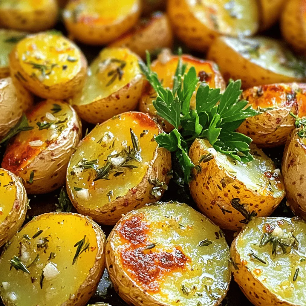 - 1.5 pounds baby potatoes, halved - 4 cloves garlic, minced - 1 tablespoon fresh rosemary, chopped - 1 tablespoon fresh thyme, chopped - 1 teaspoon smoked paprika Baby potatoes are perfect for roasting. They have a creamy texture and hold their shape. You can easily cut them in half for even cooking. Fresh herbs, like rosemary and thyme, add a lovely aroma and flavor. Garlic brings warmth and richness to the dish. Smoked paprika gives a subtle hint of smokiness. - 3 tablespoons olive oil - Salt and pepper Olive oil is crucial. It helps the potatoes crisp up nicely. Salt and pepper enhance the natural flavors. Be sure to season well for the best taste. - Cheese toppings - Other vegetables You can add cheese for a nice melty touch. Try Parmesan or feta for great flavor. Other vegetables, like carrots or bell peppers, work well too. Just chop them into similar sizes for even cooking. For the full recipe, check out the [Full Recipe]. Preheating the oven Start by preheating your oven to 425°F (220°C). This hot temperature helps give the potatoes a nice crisp. Combining ingredients In a large bowl, add the halved baby potatoes. Next, toss in the minced garlic, olive oil, chopped rosemary, chopped thyme, smoked paprika, salt, and pepper. Mix everything well until the potatoes are coated. Spreading potatoes on the baking sheet Now, take a baking sheet and line it with parchment paper. Spread the seasoned potatoes in a single layer. This helps them roast evenly. Roasting tips for optimal taste Place the baking sheet in the oven. Roast the potatoes for 25 to 30 minutes. Flip them halfway through to ensure they turn golden brown and cook evenly. Garnishing with parsley After roasting, take them out of the oven. Let them cool for a couple of minutes. Finally, sprinkle some fresh parsley on top for a bright look and taste. Enjoy your Garlic Herb Roasted Potatoes! For the detailed method, check the Full Recipe. To get the best roast, layer the potatoes evenly. This step helps them cook uniformly. If they crowd each other, some may not brown well. Flip the potatoes halfway through cooking. Doing this ensures all sides get that lovely crispness. You can add more herbs for extra flavor. Try fresh basil or dill; they both work well. Adjust spice levels to suit your taste. If you like heat, add some red pepper flakes. This small change can make a big difference. Many factors affect roasting time. The size of the potatoes can change how long they cook. Smaller pieces roast faster than larger ones. To check for doneness, poke a potato with a fork. If it slides in easily, they are ready. Enjoy your delicious garlic herb roasted potatoes with confidence! For the full recipe, check out the [Full Recipe]. {{image_2}} To change the taste of garlic herb roasted potatoes, consider adding lemon zest. This brightens the flavor and adds a fresh twist. Just grate a little lemon peel before mixing your potatoes. You’ll love how it pops! Another way to change the flavor is by using different herbs. Try basil, oregano, or even dill. Each herb brings a unique taste. Mix and match to find your favorite combo. Experimenting with these variations keeps the dish exciting! If you want a quicker method, try air frying. It cooks the potatoes fast and gives them a crispy outside. Set your air fryer to about 400°F and cook for 15-20 minutes. Shake the basket halfway through for even cooking. In the summer, grilling is a fun option. You can use skewers for easy handling. Just make sure to soak the skewers if they are wooden. Grill on medium heat for about 20 minutes, turning often. This adds a smoky flavor that is hard to resist. Garlic herb roasted potatoes pair well with many proteins. They go great with grilled chicken or fish. Simply place a serving on your plate next to your main dish. The flavors complement each other beautifully. For a fun twist, serve them with creative dips or sauces. Try garlic aioli or a tangy yogurt sauce. This adds another layer of taste and makes for a fun eating experience. Explore different options to see what you enjoy most! To store leftovers, let the garlic herb roasted potatoes cool down. Place them in an airtight container. Keep them in the fridge for up to four days. Make sure you seal the container well to keep them fresh. The best method to reheat potatoes is in the oven. Preheat your oven to 350°F (175°C). Spread the potatoes on a baking sheet. Heat them for about 10-15 minutes, until warm. You can also use a microwave. Just place them in a microwave-safe dish and heat for 1-2 minutes. Stir halfway through to heat evenly. You can freeze garlic herb roasted potatoes, but they may lose some texture. Let them cool completely first. Place them in a freezer bag, removing as much air as possible. They can stay frozen for up to three months. To thaw, move them to the fridge overnight. Reheat them in the oven for the best results. Can I use other types of potatoes? Yes, you can use other potatoes. Red potatoes or Yukon Golds work well. Both have creamy textures and hold their shape when cooked. Just cut them into similar sizes for even cooking. How long do leftovers last? Leftovers last about three to four days in the fridge. Store them in an airtight container to keep them fresh. You can enjoy them cold or reheat them in the oven or microwave. What can I substitute for fresh herbs? If you don’t have fresh herbs, use dried ones. Use about one-third of the amount, as dried herbs are stronger. For example, use one teaspoon of dried rosemary instead of one tablespoon fresh. How to adapt for dietary restrictions? To adapt this recipe, consider the following: - For vegan diets, ensure all ingredients are plant-based. - To reduce fat, use less olive oil or a cooking spray. - If you need gluten-free options, this recipe is already gluten-free. Best ways to serve garlic herb roasted potatoes at gatherings Serve these potatoes as a side dish at BBQs, parties, or holidays. They pair well with grilled meats, fish, and veggie dishes. You can also add a sprinkle of cheese on top for extra flavor. Can I prepare these in advance? Yes, you can prep them ahead of time. Cut the potatoes and mix with herbs and oil. Store in the fridge for up to 24 hours. When ready, just roast them in the oven. This makes serving easier and faster. For the full recipe, check out the detailed instructions above. In this post, we explored how to make delicious garlic herb roasted potatoes. We covered the essential ingredients, from baby potatoes to fresh herbs, and shared simple steps for preparation and cooking. We also offered tips for perfect roasting and variations to enhance flavors. Remember, achieving that perfect roast takes practice, but with these guidelines, you will impress your family and friends. Enjoy experimenting with different herbs and serving options. These potatoes can become a staple in your meals!
