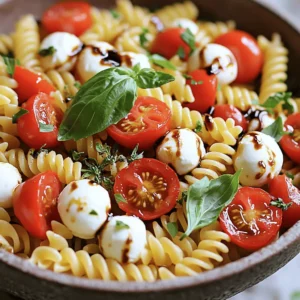- 8 oz. fusilli pasta - 2 cups cherry tomatoes, halved - 1 cup fresh mozzarella balls (bocconcini) - 1 cup fresh basil leaves, torn - 3 tablespoons extra-virgin olive oil - 1 tablespoon balsamic glaze - 2 cloves garlic, minced - Salt and pepper to taste - 1 teaspoon dried oregano - Additional vegetables (e.g., bell peppers, cucumbers) - Protein options (e.g., grilled chicken or shrimp) To make a great Caprese Pasta Salad, you need fresh and simple ingredients. The fusilli pasta serves as a perfect base. It holds the dressing and adds a nice texture. Cherry tomatoes bring sweetness and color. Fresh mozzarella balls add creaminess. Basil leaves give that classic Caprese flavor. You can also choose to add extra veggies. Bell peppers and cucumbers work well. If you want protein, consider grilled chicken or shrimp. These additions can make the salad more filling. Using high-quality olive oil and balsamic glaze is key. They enhance the taste and richness of the dish. Don't forget to season with salt, pepper, and oregano. These spices tie everything together. For the full recipe and detailed steps, check out the [Full Recipe]. Enjoy making this fresh and flavorful pasta salad! First, you need to boil the fusilli in salted water. Bring a large pot of water to a boil. Add salt to the water; it enhances the pasta's flavor. Then, add the fusilli. Cook it until it is al dente, following the package instructions. Once done, drain the pasta. Rinse it under cold water to stop the cooking process. This helps keep the pasta firm. Next, it’s time to mix the pasta with the other fresh ingredients. In a large mixing bowl, combine the cooled fusilli, halved cherry tomatoes, fresh mozzarella balls, and torn basil leaves. The colors will look bright and inviting. Make sure to mix gently so you don’t break the mozzarella. Now, let’s prepare the dressing. In a small bowl, whisk together the olive oil, balsamic glaze, minced garlic, dried oregano, salt, and pepper. Whisking helps blend all the flavors. Make sure the mixture is smooth and well combined. Pour the dressing over the pasta mixture. Gently toss everything together until the pasta and veggies are evenly coated. Taste it, and adjust the seasoning as needed. If you like, add more salt or pepper. Cover the bowl with plastic wrap and refrigerate for at least 30 minutes. This allows the flavors to come together beautifully. When ready to serve, give the salad another gentle toss. Enjoy this vibrant dish! For the complete recipe, check out the Full Recipe. To make your Caprese pasta salad just right, avoid overcooking the pasta. Cook it until it is al dente. This means it should be firm to the bite. Overcooked pasta turns mushy and ruins the dish. After cooking, rinse the pasta in cold water. This helps stop the cooking process and keeps the pasta fresh. Next, use cold ingredients to enhance freshness. Cold cherry tomatoes and mozzarella balls keep the salad crisp and tasty. Fresh basil also shines when it is cold. This makes each bite burst with flavor. When it comes to flavor, salt and pepper are key. Start by adding a little salt and pepper. You can always add more later. A pinch of salt brings out the tomatoes’ sweetness. Fresh mozzarella also benefits from a sprinkle of salt. For the dressing, balance the olive oil and balsamic glaze to your taste. If you like it tangy, add more balsamic. If you prefer a smoother taste, add more olive oil. This dressing ties all the flavors together. Taste before serving and adjust as needed. Presentation matters! To make your salad look great, garnish with fresh basil leaves. You can also add a drizzle of balsamic glaze on top. This adds a nice touch and a hint of sweetness. Serve in a clear bowl to show off the colorful ingredients. For a fun twist, consider adding some sliced bell peppers or olives. These add color and extra flavor. You can find the full recipe in the article to explore more. Enjoy your delicious Caprese pasta salad! {{image_2}} You can change the vegetables based on the season. In summer, use sweet cherry tomatoes and fresh basil. In winter, swap in roasted bell peppers or spinach. These changes keep the salad fresh and tasty. Seasonal veggies add color and flavor. Try adding zucchini or asparagus in spring for a bright touch. If you want a vegan dish, use plant-based mozzarella. You can also choose gluten-free pasta made from rice or quinoa. This makes the salad friendly for more diets. Just ensure the other ingredients, like the balsamic glaze, are also vegan. Feel free to add your own twist! For an Italian flair, mix in some prosciutto or olives. You can also toss in sun-dried tomatoes for a richer taste. Each cultural twist brings a new flavor dimension. Experiment with herbs like oregano or thyme for extra depth. For a complete recipe, check out the Full Recipe for Caprese Pasta Salad. To store leftover Caprese Pasta Salad, follow these steps: - Place the salad in an airtight container. - Make sure it cools to room temperature first. - Seal the container tightly to keep air out. - Store it in the fridge. This will help keep it fresh. Caprese Pasta Salad will stay fresh for about 3 days in the fridge. After that, it may lose its flavor and texture. Check for any signs of spoilage before eating. If the tomatoes look mushy or the cheese smells off, it is best to throw it away. For the best taste, serve the salad cold. However, if you prefer it warm, here are some tips: - Heat it gently in a pan on low heat. - Add a splash of olive oil to keep it moist. - Stir often to avoid burning. You can also enjoy it at room temperature as a tasty option. To make Caprese Pasta Salad, follow these steps: 1. Cook 8 oz. of fusilli pasta in salted boiling water until al dente. 2. Drain and rinse the pasta under cold water to stop cooking. 3. In a large bowl, mix the cooked pasta with 2 cups of halved cherry tomatoes, 1 cup of fresh mozzarella balls, and 1 cup of torn fresh basil leaves. 4. In a small bowl, whisk together 3 tablespoons of extra-virgin olive oil, 1 tablespoon of balsamic glaze, 2 minced garlic cloves, 1 teaspoon of dried oregano, salt, and pepper. 5. Pour the dressing over the pasta and toss gently to coat. 6. Taste and adjust the seasoning, adding more salt or pepper if needed. 7. Cover and refrigerate for at least 30 minutes. This helps the flavors blend well together. For the complete recipe, check the Full Recipe section. Yes, you can add protein to your Caprese Pasta Salad. Here are some great options: - Grilled chicken - Shrimp - Chickpeas - Salami These proteins will add flavor and make your salad more filling. Mix them in when you combine the pasta and veggies. You can keep Caprese Pasta Salad in the fridge for 3 to 5 days. Make sure to store it in an airtight container. If you notice any signs of spoilage, like odd smells or changes in texture, toss it out to be safe. This Caprese Pasta Salad is simple and tasty. We covered key ingredients like fusilli, cherry tomatoes, mozzarella, and basil. You learned how to cook the pasta, mix in fresh veggies, and whip up a zesty dressing. I shared tips to enhance texture and flavor, plus ways to customize your salad for any season or diet. Remember, you can store leftovers for a few days and still enjoy their fresh taste. I hope you create your own delicious version of this salad soon!