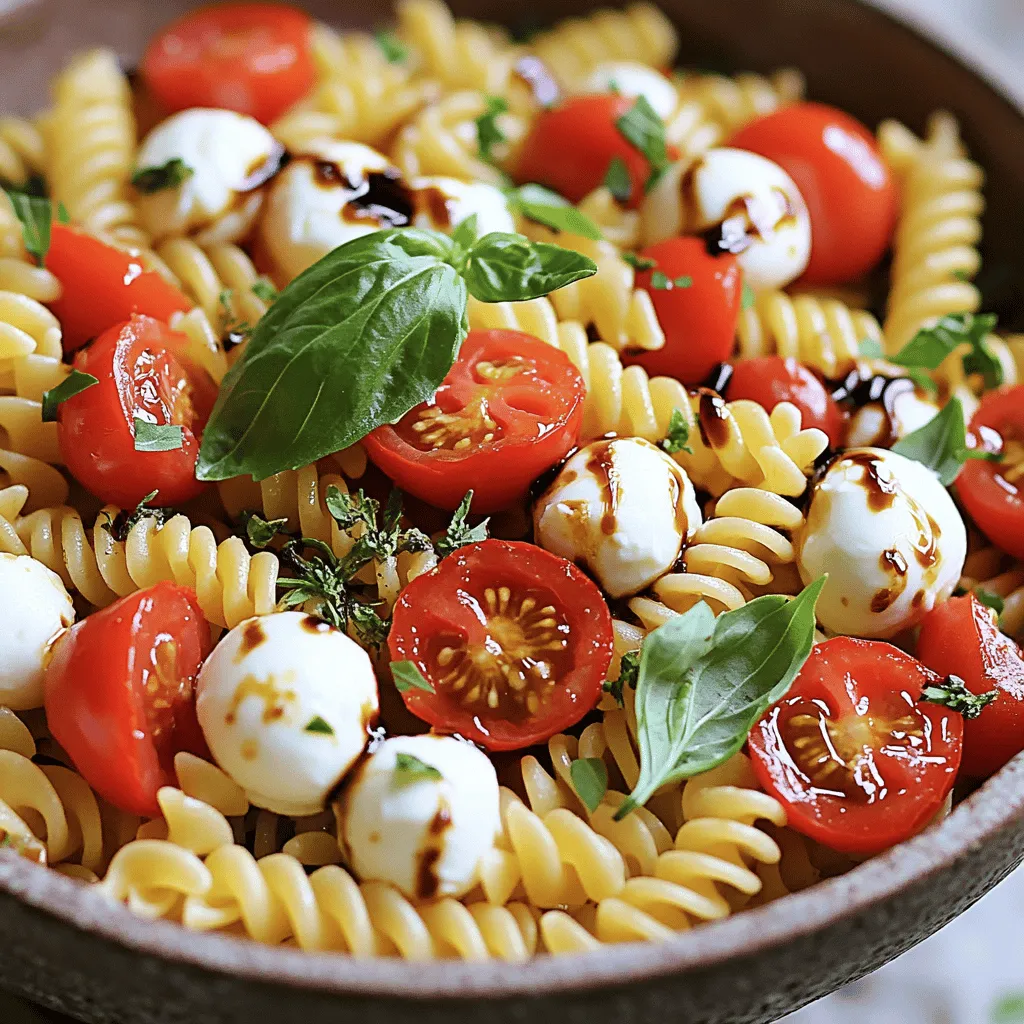- 8 oz. fusilli pasta - 2 cups cherry tomatoes, halved - 1 cup fresh mozzarella balls (bocconcini) - 1 cup fresh basil leaves, torn - 3 tablespoons extra-virgin olive oil - 1 tablespoon balsamic glaze - 2 cloves garlic, minced - Salt and pepper to taste - 1 teaspoon dried oregano - Additional vegetables (e.g., bell peppers, cucumbers) - Protein options (e.g., grilled chicken or shrimp) To make a great Caprese Pasta Salad, you need fresh and simple ingredients. The fusilli pasta serves as a perfect base. It holds the dressing and adds a nice texture. Cherry tomatoes bring sweetness and color. Fresh mozzarella balls add creaminess. Basil leaves give that classic Caprese flavor. You can also choose to add extra veggies. Bell peppers and cucumbers work well. If you want protein, consider grilled chicken or shrimp. These additions can make the salad more filling. Using high-quality olive oil and balsamic glaze is key. They enhance the taste and richness of the dish. Don't forget to season with salt, pepper, and oregano. These spices tie everything together. For the full recipe and detailed steps, check out the [Full Recipe]. Enjoy making this fresh and flavorful pasta salad! First, you need to boil the fusilli in salted water. Bring a large pot of water to a boil. Add salt to the water; it enhances the pasta's flavor. Then, add the fusilli. Cook it until it is al dente, following the package instructions. Once done, drain the pasta. Rinse it under cold water to stop the cooking process. This helps keep the pasta firm. Next, it’s time to mix the pasta with the other fresh ingredients. In a large mixing bowl, combine the cooled fusilli, halved cherry tomatoes, fresh mozzarella balls, and torn basil leaves. The colors will look bright and inviting. Make sure to mix gently so you don’t break the mozzarella. Now, let’s prepare the dressing. In a small bowl, whisk together the olive oil, balsamic glaze, minced garlic, dried oregano, salt, and pepper. Whisking helps blend all the flavors. Make sure the mixture is smooth and well combined. Pour the dressing over the pasta mixture. Gently toss everything together until the pasta and veggies are evenly coated. Taste it, and adjust the seasoning as needed. If you like, add more salt or pepper. Cover the bowl with plastic wrap and refrigerate for at least 30 minutes. This allows the flavors to come together beautifully. When ready to serve, give the salad another gentle toss. Enjoy this vibrant dish! For the complete recipe, check out the Full Recipe. To make your Caprese pasta salad just right, avoid overcooking the pasta. Cook it until it is al dente. This means it should be firm to the bite. Overcooked pasta turns mushy and ruins the dish. After cooking, rinse the pasta in cold water. This helps stop the cooking process and keeps the pasta fresh. Next, use cold ingredients to enhance freshness. Cold cherry tomatoes and mozzarella balls keep the salad crisp and tasty. Fresh basil also shines when it is cold. This makes each bite burst with flavor. When it comes to flavor, salt and pepper are key. Start by adding a little salt and pepper. You can always add more later. A pinch of salt brings out the tomatoes’ sweetness. Fresh mozzarella also benefits from a sprinkle of salt. For the dressing, balance the olive oil and balsamic glaze to your taste. If you like it tangy, add more balsamic. If you prefer a smoother taste, add more olive oil. This dressing ties all the flavors together. Taste before serving and adjust as needed. Presentation matters! To make your salad look great, garnish with fresh basil leaves. You can also add a drizzle of balsamic glaze on top. This adds a nice touch and a hint of sweetness. Serve in a clear bowl to show off the colorful ingredients. For a fun twist, consider adding some sliced bell peppers or olives. These add color and extra flavor. You can find the full recipe in the article to explore more. Enjoy your delicious Caprese pasta salad! {{image_2}} You can change the vegetables based on the season. In summer, use sweet cherry tomatoes and fresh basil. In winter, swap in roasted bell peppers or spinach. These changes keep the salad fresh and tasty. Seasonal veggies add color and flavor. Try adding zucchini or asparagus in spring for a bright touch. If you want a vegan dish, use plant-based mozzarella. You can also choose gluten-free pasta made from rice or quinoa. This makes the salad friendly for more diets. Just ensure the other ingredients, like the balsamic glaze, are also vegan. Feel free to add your own twist! For an Italian flair, mix in some prosciutto or olives. You can also toss in sun-dried tomatoes for a richer taste. Each cultural twist brings a new flavor dimension. Experiment with herbs like oregano or thyme for extra depth. For a complete recipe, check out the Full Recipe for Caprese Pasta Salad. To store leftover Caprese Pasta Salad, follow these steps: - Place the salad in an airtight container. - Make sure it cools to room temperature first. - Seal the container tightly to keep air out. - Store it in the fridge. This will help keep it fresh. Caprese Pasta Salad will stay fresh for about 3 days in the fridge. After that, it may lose its flavor and texture. Check for any signs of spoilage before eating. If the tomatoes look mushy or the cheese smells off, it is best to throw it away. For the best taste, serve the salad cold. However, if you prefer it warm, here are some tips: - Heat it gently in a pan on low heat. - Add a splash of olive oil to keep it moist. - Stir often to avoid burning. You can also enjoy it at room temperature as a tasty option. To make Caprese Pasta Salad, follow these steps: 1. Cook 8 oz. of fusilli pasta in salted boiling water until al dente. 2. Drain and rinse the pasta under cold water to stop cooking. 3. In a large bowl, mix the cooked pasta with 2 cups of halved cherry tomatoes, 1 cup of fresh mozzarella balls, and 1 cup of torn fresh basil leaves. 4. In a small bowl, whisk together 3 tablespoons of extra-virgin olive oil, 1 tablespoon of balsamic glaze, 2 minced garlic cloves, 1 teaspoon of dried oregano, salt, and pepper. 5. Pour the dressing over the pasta and toss gently to coat. 6. Taste and adjust the seasoning, adding more salt or pepper if needed. 7. Cover and refrigerate for at least 30 minutes. This helps the flavors blend well together. For the complete recipe, check the Full Recipe section. Yes, you can add protein to your Caprese Pasta Salad. Here are some great options: - Grilled chicken - Shrimp - Chickpeas - Salami These proteins will add flavor and make your salad more filling. Mix them in when you combine the pasta and veggies. You can keep Caprese Pasta Salad in the fridge for 3 to 5 days. Make sure to store it in an airtight container. If you notice any signs of spoilage, like odd smells or changes in texture, toss it out to be safe. This Caprese Pasta Salad is simple and tasty. We covered key ingredients like fusilli, cherry tomatoes, mozzarella, and basil. You learned how to cook the pasta, mix in fresh veggies, and whip up a zesty dressing. I shared tips to enhance texture and flavor, plus ways to customize your salad for any season or diet. Remember, you can store leftovers for a few days and still enjoy their fresh taste. I hope you create your own delicious version of this salad soon!